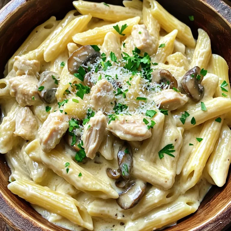 - 2 boneless, skinless chicken breasts, diced - 8 ounces penne pasta - 2 cups chicken broth For a great meal, start with these main ingredients. Diced chicken breasts provide protein and flavor. Penne pasta gives a nice bite. Chicken broth adds depth and richness to the dish. - 1 cup heavy cream - 1 cup cremini mushrooms, sliced - 1 small onion, finely chopped - 3 cloves garlic, minced Next, we enhance the taste with rich flavors. Heavy cream makes the dish creamy and smooth. Cremini mushrooms add earthiness and texture. The chopped onion and minced garlic bring out the dish's savory notes. - 1 teaspoon dried thyme - 1 teaspoon dried oregano - Salt and pepper to taste - 1 tablespoon olive oil Finally, we add seasoning. Dried thyme and oregano give warmth and aroma. Salt and pepper balance the flavors. Olive oil is perfect for sautéing and adds richness. These simple ingredients make a big impact. First, heat the olive oil in a large pot over medium-high heat. Add the diced chicken. Season it with salt and pepper. Sauté the chicken until it turns golden brown and is cooked through, about 5 to 7 minutes. Once done, remove the chicken from the pot and set it aside. This step adds a nice depth of flavor to your dish. In the same pot, add the finely chopped onion and sliced mushrooms. Sauté them until the onion is soft and clear, about 4 to 5 minutes. Next, stir in the minced garlic, dried thyme, and oregano. Cook for about one more minute until the kitchen fills with a lovely aroma. This mix builds a strong base for your creamy sauce. Now, it’s time for the pasta. Add the penne pasta to the pot along with the chicken broth. Stir well to make sure the pasta gets fully submerged in the broth. Bring the mixture to a boil. Then, reduce the heat to low and cover the pot. Let it simmer for about 12 minutes. You want the pasta to be al dente, with most of the liquid absorbed. This method allows the pasta to soak up all those great flavors. After the pasta is cooked, stir in the heavy cream and the cooked chicken. Mix everything well. Allow it to simmer for another 2 to 3 minutes until it’s heated through and creamy. Be sure to taste and adjust the seasoning with salt and pepper to your liking. Finally, remove it from heat and let it sit for a couple of minutes. This will help the sauce thicken slightly, giving you a rich and satisfying meal. To get great texture, use a large pot. This helps the chicken cook evenly. Make sure to sauté the chicken until it is fully cooked and golden brown. This adds color and flavor. For the pasta to absorb flavor, add it to the broth early. Stir the pasta well so it gets coated. As it cooks, the pasta will soak up the tasty broth. This makes each bite rich and delicious. For a lovely presentation, serve the pasta in deep bowls. Sprinkle fresh parsley on top for a pop of color. Add a generous amount of grated Parmesan cheese. This adds a nice touch and extra flavor. Best accompaniments include a simple side salad or warm crusty bread. These pair well with the creamy dish. They add balance to the meal and make it feel complete. If you want alternative proteins, try turkey or shrimp. They add different flavors and can be just as good. For dairy-free options, use coconut cream instead of heavy cream. This keeps the dish rich without dairy. You can also use vegetable broth for a lighter taste. {{image_2}} You can easily switch the chicken with turkey. Turkey adds a nice flavor. It cooks quickly, just like chicken. Shrimp is another great option. It cooks fast, too. Just add shrimp in the last few minutes. If you want a vegetarian dish, use mushrooms as your main protein. You can add extra cremini or portobello mushrooms. They give a hearty texture. Tofu is another choice. Use firm tofu and sauté it until golden. Want to mix it up? You can add white wine. It brings a nice depth of flavor. Use a dry white wine like Sauvignon Blanc. Just pour it in after cooking the onions and mushrooms. This step adds a great taste. You can try other cream options, too. Coconut cream or cashew cream work well. They make the sauce rich and creamy. Just make sure to adjust the seasoning to match. The pasta choice can vary as well. Penne works great, but you can use fusilli or farfalle. Each shape holds the sauce well. If you need gluten-free pasta, there are many options. Brown rice pasta and chickpea pasta are both good choices. They cook just like regular pasta. Just check the package for cooking times. For proper cooling, let the creamy chicken marsala pasta cool down first. Place it in an airtight container. This helps keep the pasta fresh. Store it in the fridge for up to three days. When reheating, add a splash of broth or cream to restore creaminess. To freeze leftovers, use a freezer-safe container. Make sure to leave some space at the top for expansion. It’s best to freeze the pasta within two days for the best taste. When you're ready to eat, let it thaw in the fridge overnight. Reheat it on the stovetop over low heat. Stir in a bit of cream to help it stay creamy. In the fridge, your creamy chicken marsala pasta lasts about three days. If you freeze it, it can stay good for up to three months. Just remember to label your containers with the date. This way, you can enjoy your meal later without guessing. Can I make this recipe ahead of time? Yes, you can make this recipe ahead of time. Simply cook the dish, let it cool, and store it in the fridge. You can warm it up later when you're ready to eat. The flavors will blend nicely overnight. What can I serve with creamy chicken marsala pasta? You can serve this pasta with a fresh green salad or garlic bread. A light side dish balances the rich flavors of the pasta. For drinks, pair it with a crisp white wine or sparkling water for a refreshing touch. How to make it gluten-free? To make this dish gluten-free, use gluten-free penne pasta. Most brands offer good options that cook well. Check the cooking time, as it may differ slightly from regular pasta. Can I use low-fat ingredients? Yes, you can use low-fat milk instead of heavy cream. The sauce will be lighter, but still tasty. You can also opt for skinless chicken thighs to reduce fat while keeping flavor. What is Marsala wine? Marsala wine is a fortified wine from Sicily. It has a sweet taste with rich flavors. It adds depth to dishes like this pasta. You can find it in most grocery stores or online. Can I substitute chicken broth with vegetable broth? Yes, you can substitute chicken broth with vegetable broth. This change makes the dish suitable for vegetarians. The flavor will be slightly different, but it will still be delicious and satisfying. This blog covered a creamy chicken marsala pasta recipe that’s easy and tasty. We explored key ingredients like chicken, pasta, and broth, plus flavor enhancers like heavy cream and mushrooms. I shared step-by-step instructions for cooking and tips for the best texture and flavor. We also discussed ingredient substitutions and storage options. In conclusion, this dish is flexible and fun to make. Try different proteins or pasta types to make it your own. Enjoy the process and savor each bite!