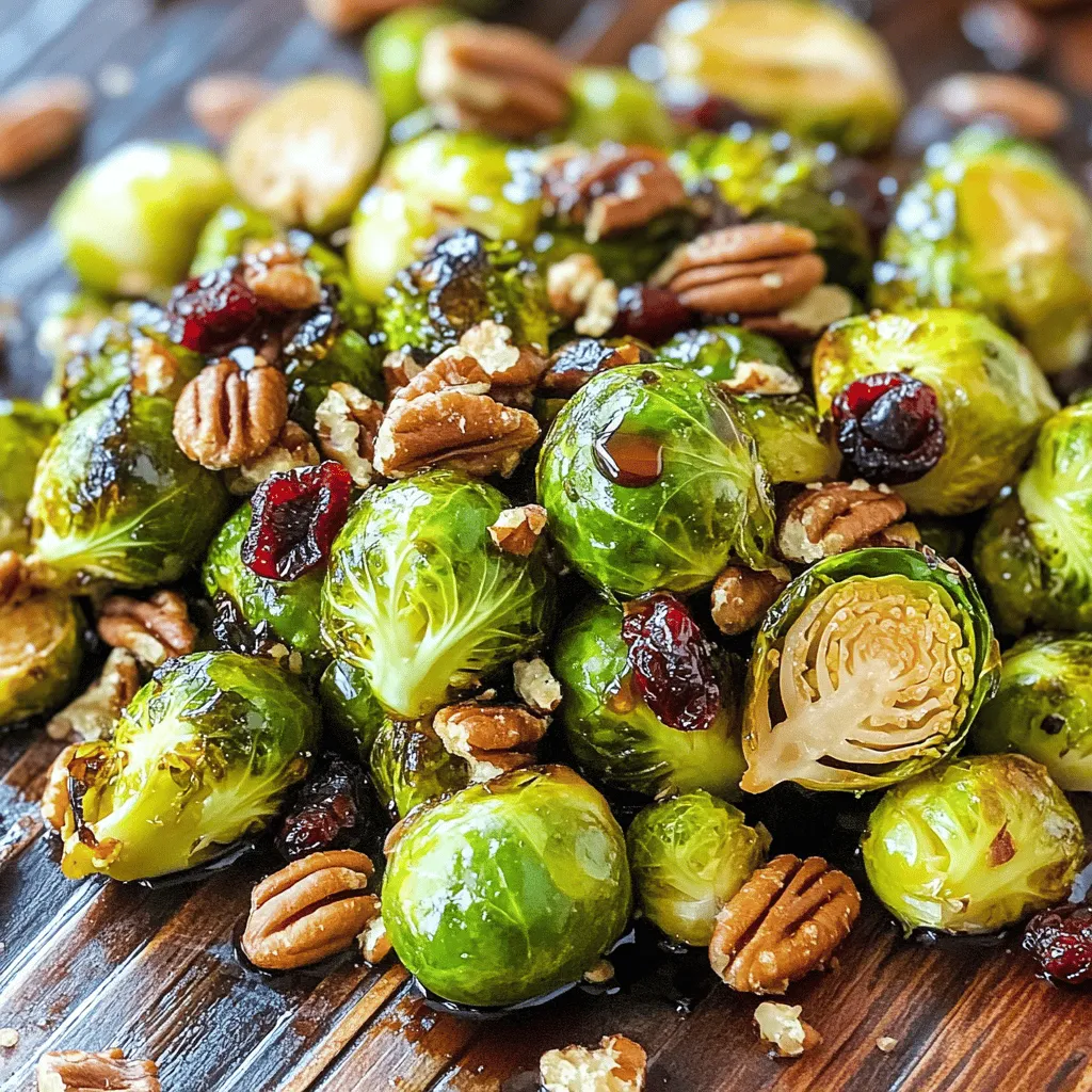 - 1.5 pounds Brussels sprouts, trimmed and halved - 3 tablespoons olive oil - 3 tablespoons pure maple syrup - 1 tablespoon balsamic vinegar For this recipe, Brussels sprouts are the star. Choose bright green, firm sprouts without blemishes. The olive oil adds richness while the maple syrup brings sweetness. Balsamic vinegar adds a tangy depth. This blend creates a perfect balance of flavors. - 1 teaspoon garlic powder - 1 teaspoon onion powder - Salt and black pepper to taste - 1/4 cup chopped pecans (optional) - 1/4 cup dried cranberries (optional) Garlic powder and onion powder enhance the savory notes. Use salt and black pepper to taste. If you want extra crunch, add chopped pecans. For a touch of sweetness, sprinkle dried cranberries. These extras make the dish even better. First, preheat your oven to 425°F (220°C). This high heat helps the Brussels sprouts get crispy. While the oven heats, line a baking sheet with parchment paper. This makes for easy cleanup later. In a large mixing bowl, combine the halved Brussels sprouts, olive oil, maple syrup, balsamic vinegar, garlic powder, onion powder, salt, and black pepper. Mix these ingredients well. You want every piece of Brussels sprout to be coated. Toss them until they shine with flavor. Next, spread the coated Brussels sprouts in a single layer on the baking sheet. Place them cut side down. This method helps them caramelize nicely. Roast them in the preheated oven for 20-25 minutes. Stir them halfway through cooking. This step ensures even roasting. When they are done, the outside should be crispy and the inside tender. In the last five minutes, sprinkle chopped pecans and dried cranberries on top. This adds more texture and flavor. When they finish roasting, let them cool for a few minutes before serving. Adjust the seasoning if needed. To get the best texture for your Brussels sprouts, place them cut side down on the baking sheet. This helps them caramelize nicely. Caramelization gives them a sweet and rich flavor. Stir the sprouts halfway through roasting. This ensures even cooking and crispiness on all sides. You can adjust the seasoning to suit your taste. Add more salt or pepper if needed. To elevate the dish, add nuts like pecans. They add a nice crunch. Dried fruits like cranberries also bring a sweet contrast. Both options add flavor and texture. Roasted Maple Brussels Sprouts pair well with many dishes. Serve them alongside roasted chicken or grilled salmon for a hearty meal. For a vegetarian option, try them with quinoa or a grain salad. Garnish with fresh herbs like parsley or chives for a pop of color. This makes the dish look even more inviting. {{image_2}} To make this dish lighter, you can reduce the maple syrup. Use only two tablespoons instead of three. This change cuts sugar but keeps the sweet taste. You can also substitute olive oil with a spray oil. This swap cuts calories while still giving flavor. Adding spices can elevate the taste. Try a pinch of paprika for a smoky flavor. If you like heat, cayenne pepper adds a nice kick. You can also add cheese options. A sprinkle of goat cheese or feta cheese gives a creamy touch. Using seasonal veggies can add freshness. Try adding carrots or squash for a colorful mix. Different sweeteners work too. Honey or agave syrup can replace maple syrup. Each option brings a unique flavor twist to the dish. Store leftover roasted Brussels sprouts in an airtight container. Place them in the fridge. They stay fresh for about 3-4 days. If you want to keep them longer, you can freeze them. Just make sure they cool before you freeze them. They can last up to 3 months in the freezer. To reheat, the best method is the oven. Preheat the oven to 350°F (175°C). Spread the Brussels sprouts on a baking sheet. Heat them for about 10-15 minutes. This method keeps them crisp. You can also use the microwave, but it can make them soggy. If using a microwave, place a paper towel over them. This helps absorb moisture. Keep an eye on them and heat in short bursts to avoid overcooking. Roasted Maple Brussels Sprouts pair well with many dishes. Here are some great options: - Grilled chicken: The savory flavor complements the sweet sprouts. - Pork chops: Their richness balances the dish nicely. - Quinoa salad: Adds a healthy, nutty touch. - Mashed potatoes: Creamy potatoes pair beautifully with the crispy sprouts. - Rice pilaf: A light side that contrasts the sprouts' sweetness. These options will enhance your meal, making it well-rounded and satisfying. Yes, you can easily make this recipe vegan. Here’s how: - Maple syrup: Already vegan! - Olive oil: Perfect as is. - Balsamic vinegar: Check your brand for additives, but most are vegan. - Seasonings: All are plant-based. If you want to add a creamy element, use a vegan yogurt or cashew cream as a drizzle. This keeps the dish flavorful and vegan-friendly. Choosing the best Brussels sprouts is simple. Here are some tips: - Look for firmness: Choose sprouts that feel solid when you squeeze them. - Check the color: Bright green is best. Avoid yellowing leaves. - Size matters: Pick sprouts that are about 1 to 1.5 inches wide for even cooking. - Freshness: Look for sprouts with no brown spots or wilting. By following these tips, you’ll ensure tasty and fresh Brussels sprouts for your dish! Roasted Maple Brussels Sprouts are easy to make with simple ingredients. We discussed how to prepare, coat, and roast them to get a great texture. Remember tips like using garlic powder and adding nuts for extra flavor. You can adjust the recipe to suit your taste with seasonal options. Store leftovers properly to keep them fresh. I hope these insights help you create a tasty dish that everyone will enjoy!