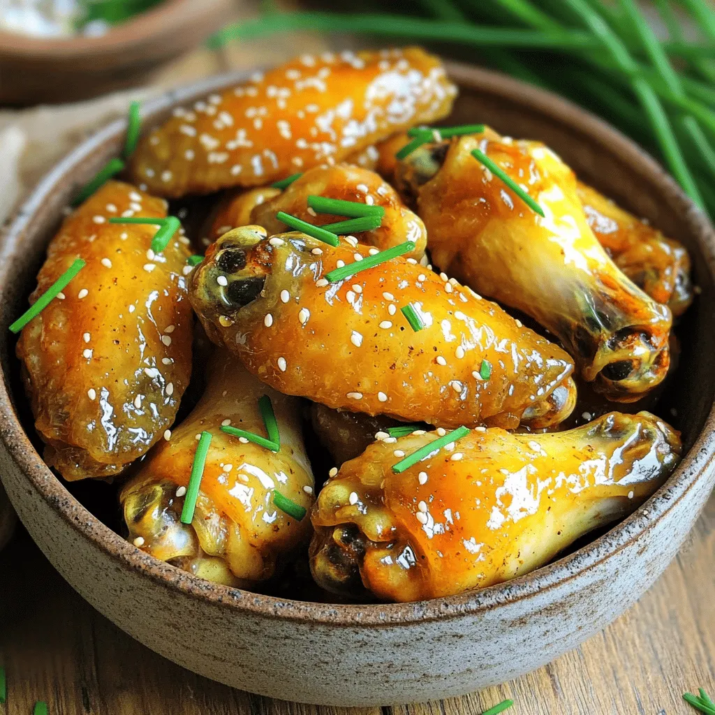 To make Air Fryer Honey Garlic Chicken Wings, here’s what you need: - 2 pounds chicken wings - 1/4 cup honey - 3 tablespoons soy sauce - 3 cloves garlic, minced - 1 tablespoon fresh ginger, grated - 1 tablespoon sesame oil - 1 teaspoon black pepper - 1/2 teaspoon red pepper flakes (optional, for heat) - 1 tablespoon cornstarch (for extra crispiness) - Chives or sesame seeds for garnish These ingredients come together to create a tasty dish. The chicken wings are the star. The honey gives them a sweet touch, while the soy sauce adds depth. Garlic and ginger bring brightness and warmth. Sesame oil enhances the flavor, and black pepper adds a bit of spice. If you like heat, consider adding red pepper flakes. Cornstarch is a secret weapon. It helps the wings get super crispy. The garnishes, chives or sesame seeds, add a nice finish. With these simple ingredients, you can create a dish that impresses everyone! To start, gather your ingredients for the marinade. In a large mixing bowl, combine: - 1/4 cup honey - 3 tablespoons soy sauce - 3 cloves garlic, minced - 1 tablespoon fresh ginger, grated - 1 tablespoon sesame oil - 1 teaspoon black pepper - 1/2 teaspoon red pepper flakes (optional) Mix these items well until they blend into a smooth sauce. Next, add the chicken wings to this bowl. Toss the wings in the marinade. Make sure they are fully coated. Cover the bowl with plastic wrap and refrigerate the wings. Let them soak for at least 30 minutes, or up to 2 hours for more flavor. Once the wings have marinated, it’s time to make them extra crispy. Remove the wings from the fridge. Sprinkle 1 tablespoon of cornstarch over them. This is key for a crunchy texture. Toss the wings again until the cornstarch covers them evenly. This will help ensure that every bite is crispy and delicious. Now, preheat your air fryer to 380°F (190°C). This step is important. It helps the wings cook evenly and achieve that perfect crunch. Once the air fryer is ready, arrange the wings in a single layer in the basket. Avoid overcrowding to let the hot air circulate. Cook the wings for about 25 to 30 minutes. Be sure to shake the basket halfway through. This shaking helps the wings crisp up on all sides. When they turn golden brown, they are done! Remove them from the air fryer and place them in a large bowl. Pour any leftover marinade over the wings, and toss them to coat. Enjoy your crispy, honey garlic chicken wings! To get the best taste, marinate your wings for at least 30 minutes. If you want a deeper flavor, go for two hours. The longer they soak, the more they absorb the sweet and savory notes. When mixing your marinade, keep these ratios in mind: 1 part honey to 3 parts soy sauce. The garlic and ginger add a punch, so don’t skimp on them. Cornstarch is your secret weapon for crispy wings. After marinating, sprinkle the cornstarch over your wings. Toss them until they are well coated. This step is key to achieving that perfect crunch. Preheat your air fryer to 380°F (190°C). This hot temp helps seal in moisture while crisping the outside. For a complete meal, serve these wings with sides like rice or steamed veggies. They also pair well with crunchy coleslaw for a fresh touch. For dips, try a cool ranch or a spicy sriracha sauce. These add extra flavor and make your meal more fun! {{image_2}} You can switch up the flavors of your wings with different marinades. A teriyaki version is a great choice. For this, mix soy sauce, honey, ginger, and garlic. This creates a sweet and savory glaze. If you like heat, try a spicy buffalo adaptation. Combine hot sauce, butter, and a touch of honey. This gives the wings an exciting kick. You can mix and match these marinades to fit your taste. While the air fryer is quick, you can bake these wings too. Preheat your oven to 400°F (200°C). Spread the wings on a baking sheet. Bake for 40-45 minutes, flipping them halfway. This will give you a nice crisp without the air fryer. Grilling is another tasty option. Heat your grill to medium-high. Place the wings directly on the grill grates. Cook for about 20-25 minutes, flipping often. This method adds smoky flavor. If you need gluten-free wings, switch to tamari instead of soy sauce. This keeps the flavor while meeting dietary needs. For a low-sugar version, use sugar-free honey or a sugar substitute. This way, you can enjoy wings without the added sugar. These variations let you customize your honey garlic chicken wings for any occasion! After making Air Fryer Honey Garlic Chicken Wings, let them cool. Place the leftover wings in an airtight container. This keeps them fresh. Store them in the fridge for up to three days. Always check for any off smells before eating. If they smell bad, toss them out. To enjoy your wings again, use the air fryer for reheating. Preheat it to 350°F (175°C). Place the wings in the basket in a single layer. Heat them for about 5-7 minutes. This method keeps them crispy. You can also use the oven. Preheat your oven to 350°F (175°C). Arrange the wings on a baking sheet and cover them with foil. Heat for about 15-20 minutes. This method works well too but may not be as crisp as the air fryer. If you want to save wings for later, you can freeze them. Let the wings cool completely. Place them in a freezer-safe bag or container. Remove as much air as possible. This helps prevent freezer burn. You can freeze them for up to three months. When you’re ready to eat, thaw them in the fridge overnight. For reheating, use the air fryer, just like before. They will taste great! You can also bake them straight from frozen. Just add a few extra minutes to your cooking time. To get crispy wings, start with cornstarch. After marinating, sprinkle cornstarch on the wings. Coat them well for that perfect crunch. Also, do not overcrowd the air fryer. Give each wing space to breathe. This allows hot air to circulate and crisp them evenly. Shake the basket halfway through cooking to ensure all sides get crispy. Yes, you can use frozen chicken wings. First, do not thaw them. Just toss the frozen wings directly into the marinade. Let them marinate for at least one hour. This allows the flavors to soak in. Then, coat them with cornstarch. Air fry at 380°F for about 35-40 minutes, shaking the basket halfway through. This way, you get tasty wings even from frozen. Honey garlic chicken wings go great with simple sides. Try coleslaw for a fresh crunch. French fries or sweet potato fries also work well. You can add veggie sticks with a dip too. These sides balance the sweet and savory flavors of the wings. Enjoying these with wings makes for a fun meal! This guide covered all the steps to make perfect honey garlic chicken wings. You learned about the key ingredients, how to prepare the wings, and tips for extra crispiness. I shared cooking methods, storage tips, and tasty variations to try. With these insights, you can create delicious wings that impress everyone. Enjoy the flavors and have fun mixing things up for your next meal!