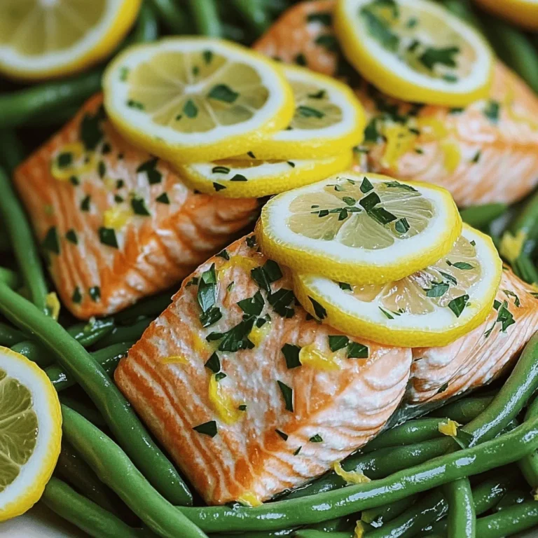 You will need four salmon fillets, each about six ounces. Fresh salmon gives the best flavor. Look for fillets with bright color and no fishy smell. This fish is rich in omega-3 fats. It cooks quickly and stays moist when baked. Grab one pound of fresh green beans. Trim the ends for a neat look. Fresh beans are crisp and bright green. They will add a nice crunch to your dish. You can also use frozen green beans, but fresh is always best for this recipe. You will need three tablespoons of olive oil, divided. Olive oil adds flavor and helps cook the salmon and beans. For seasonings, use garlic, oregano, thyme, salt, and pepper. You will need three cloves of garlic, minced. The juice of one lemon adds brightness. Slice another lemon for a lovely garnish. Fresh parsley, chopped, is great for a colorful finish. Start by preheating your oven to 400°F (200°C). This heat warms the salmon and green beans perfectly. Next, take a large, rimmed baking sheet and line it with parchment paper. This helps with easy cleanup and keeps the food from sticking. In a small bowl, combine 2 tablespoons of olive oil, minced garlic, lemon juice, oregano, thyme, salt, and pepper. Mix well until everything blends together. This herb mixture brings out bright flavors in the salmon and adds zest to the dish. Now, place the salmon fillets on one side of the prepared baking sheet. Use a brush to spread the herb mixture on top of each fillet. On the other side, add the trimmed green beans. Drizzle them with the last tablespoon of olive oil. Sprinkle salt and pepper, then toss to coat the beans evenly. Slice the second lemon into thin rounds. Arrange the lemon slices on top of both the salmon and green beans. This adds a fresh look and flavor. Bake everything in the preheated oven for 12-15 minutes. The salmon should flake easily with a fork, and the green beans will be tender and bright. After baking, let it rest for a minute. Garnish with fresh chopped parsley before serving for a lovely finish. To cook salmon just right, start with fresh fillets. Look for bright color and firm texture. Preheat your oven to 400°F (200°C). Use a meat thermometer to check the internal temperature. Salmon should reach 145°F. If you want a crispy skin, place the fillets skin-side down. Brush them with olive oil and season well. Bake for 12-15 minutes. Remember, salmon cooks quickly. Keep an eye on it! For tasty green beans, fresh is best. Trim the ends to make them neat. Drizzle them with olive oil and sprinkle salt and pepper. Toss them well to coat. For extra flavor, add minced garlic or red pepper flakes. You can also squeeze lemon juice over them before serving. This adds a bright taste that pairs well with salmon. Cleaning up after cooking can be easy. Line your baking sheet with parchment paper. This prevents sticking and makes cleanup a breeze. After cooking, let the sheet cool before washing. Scrape off any stuck bits with a spatula. If needed, soak the pan in warm, soapy water for a few minutes. This helps remove any leftovers without scrubbing hard. {{image_2}} You can switch out salmon for other proteins. Try chicken breasts or shrimp. Both work well with the same herb mix. Chicken takes a bit longer to cook. Shrimp cooks fast, so check it often. Adjust the cook time based on what you choose. Feel free to add more vegetables. Carrots, bell peppers, or zucchini are great picks. These add color and crunch. If you want to swap green beans, use asparagus or broccoli. Just remember to cut them to a similar size for even cooking. Mix up the herbs for new flavors. Fresh dill or basil can add a bright touch. You could also try rosemary or cilantro for a different taste. Experimenting with herbs makes this dish fun and unique. The key is to find what you love! To keep your Lemon Herb Salmon and green beans fresh, let them cool first. Place the leftovers in an airtight container. You can store them in the fridge for up to three days. Make sure to keep the salmon and green beans separate if you prefer. This helps maintain their textures. When you're ready to enjoy your leftovers, preheat your oven to 350°F (175°C). Place the salmon and green beans on a baking sheet. Heat them for about 10-15 minutes. Check that the salmon is warm all the way through. You can also use a microwave, but the oven keeps the fish from becoming rubbery. If you want to save your meal for later, freezing is a great option. Wrap each salmon fillet tightly in plastic wrap, then place them in a freezer bag. Do the same for the green beans. You can freeze them for up to two months. When you're ready to eat, thaw them in the fridge overnight before reheating. Yes, you can use frozen salmon. Just make sure to thaw it first. Place it in the fridge overnight or under cold water for a quicker thaw. This step ensures even cooking. The flavor will still be great, but fresh salmon is best. You can serve this dish with rice or quinoa. They soak up the tasty juices well. A light salad or crusty bread also works nicely. Consider a chilled white wine to complement the meal. The salmon is done when it flakes easily with a fork. It should be opaque and not translucent. You can also use a food thermometer. Aim for an internal temperature of 145°F (63°C). This article covers making a delicious lemon herb salmon with green beans. We discussed the key ingredients, like salmon fillets and fresh green beans. I shared step-by-step instructions and valuable tips for perfect cooking. You can even explore variations and proper storage for leftovers. Cooking can be quick and fun, even for beginners. Simple recipes can taste great and offer a healthy meal. Embrace your kitchen adventures and enjoy your delicious dish!
