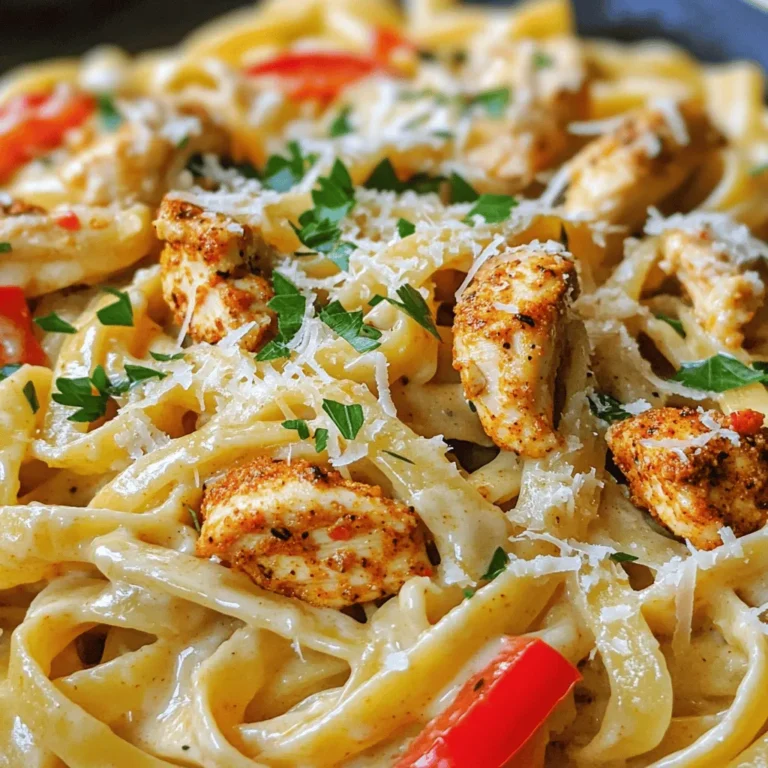 - 2 boneless, skinless chicken breasts, cut into bite-sized pieces - 2 tablespoons Cajun seasoning - 8 oz fettuccine pasta - 1 cup heavy cream - 1/2 cup chicken broth - 1 cup grated Parmesan cheese - 1 tablespoon olive oil - 1 tablespoon butter - 1 small onion, diced - 3 cloves garlic, minced - 1 red bell pepper, sliced To create a rich and creamy Cajun chicken pasta, these ingredients are key. The chicken provides a hearty base, while the Cajun seasoning adds a nice kick. Fettuccine pasta offers a great texture to soak up the sauce. The sauce components make everything come together. Heavy cream gives the dish its creaminess. Chicken broth adds depth and flavor. Parmesan cheese ties it all together, making the sauce so luscious. Olive oil and butter are essential for sautéing. They help the chicken and veggies cook evenly and add a lovely richness. Diced onion, minced garlic, and sliced red bell pepper bring extra flavor and color. Each bite will be a delightful blend of textures and tastes. Gather these ingredients, and you are on your way to a flavorful dinner delight! - Seasoning the chicken: Start by cutting two chicken breasts into bite-sized pieces. In a bowl, add two tablespoons of Cajun seasoning. Toss the chicken until all pieces are well coated. This adds flavor to each bite. - Cooking the pasta: Bring a large pot of salted water to a boil. Add eight ounces of fettuccine pasta. Cook it according to the package instructions until it is al dente. Drain it and set aside. Be sure to reserve a little pasta water for later. - Sautéing the chicken: In a large skillet over medium-high heat, heat one tablespoon of olive oil. Add the seasoned chicken. Cook for about 7-8 minutes until the chicken is browned and cooked through. Remove the chicken from the skillet and set it aside. - Sautéing vegetables: In the same skillet, melt one tablespoon of butter. Add one small diced onion and sauté it until it becomes translucent, which takes about 3 minutes. Next, add three minced garlic cloves and one sliced red bell pepper. Cook for another 2-3 minutes until the peppers soften. - Combining sauce ingredients: Pour in one cup of heavy cream and half a cup of chicken broth. Stir to combine and bring it to a gentle simmer. This forms the base of your creamy sauce. - Mixing everything together: Gradually whisk in one cup of grated Parmesan cheese until the sauce is smooth and creamy. If the sauce is too thick, stir in small amounts of the reserved pasta water until you reach the desired consistency. Finally, add the cooked chicken back into the skillet along with the drained pasta. Toss everything together until well combined and heated through. Season with salt and pepper to taste. How can I modify Cajun seasoning levels? You can adjust the Cajun seasoning to suit your taste. Use less for a milder dish. Start with one tablespoon and taste as you go. How can I add heat with peppers? Add sliced jalapeños or a pinch of cayenne pepper for extra heat. Always add a little at a time. You can always add more, but you can't take it out. What are the best practices for cooking pasta? Boil water with salt before adding fettuccine. Stir often to prevent sticking. Cook until al dente, then drain but save some water. What tips ensure a creamy sauce? Use low heat when adding heavy cream to avoid curdling. Gradually whisk in the cheese for smoothness. If the sauce is too thick, use reserved pasta water to thin it. What are some garnishing ideas? Chopped fresh parsley adds color and freshness. You can also sprinkle more Parmesan cheese on top for flavor. What are good serving suggestions? Serve the pasta in a large bowl or individual plates. Pair it with garlic bread or a simple salad for a complete meal. {{image_2}} You can change up the pasta in this dish. Fettuccine is great, but penne or rotini works too. Each type has a unique texture. You can also swap proteins. Try shrimp or sausage instead of chicken. Both add great flavor. Adding fresh herbs can boost the taste. Thyme and basil pair well with the dish. You can also make it spicier. Use extra Cajun seasoning or add red pepper flakes for heat. This gives the pasta a new kick. If you need gluten-free options, use gluten-free pasta. There are many brands that taste great. For a dairy-free version, try coconut cream or almond milk. These swaps keep the dish creamy while catering to dietary needs. To store leftovers, let the creamy Cajun chicken pasta cool down. Place it in an airtight container. This helps keep the dish fresh. You can store it in the fridge for up to three days. Always check for any signs of spoilage before eating. For freezing, use a freezer-safe container. Make sure to leave some space for expansion. This dish can last for up to three months in the freezer. When you are ready to eat, thaw it in the fridge overnight. To reheat, warm it gently on the stove. Add a splash of chicken broth to keep it creamy. To refresh leftovers, heat the pasta slowly. Stir in some extra cream for smoothness. You can also add fresh parsley for flavor. This dish pairs well with a crisp side salad or garlic bread. Enjoy it just like it was fresh! Yes, you can make creamy Cajun chicken pasta ahead of time. Here are some tips for meal prep: - Cook the chicken and pasta as directed. - Prepare the sauce separately. - Store chicken, pasta, and sauce in airtight containers. - Keep them in the fridge for up to 3 days. - When ready to eat, reheat each part on low heat. - Combine them just before serving for the best taste. If you want a lighter sauce, here are some alternatives for heavy cream: - Use half-and-half for a creamier texture. - Opt for whole milk mixed with a bit of flour. - Try coconut cream for a dairy-free option. - Use Greek yogurt for a tangy twist. - Blend silken tofu for a vegan choice. To achieve a smooth consistency, follow these techniques: - Heat the sauce gently; avoid boiling. - Gradually add cheese, whisking as you go. - Use low-sodium chicken broth to control salt levels. - If the sauce thickens too much, stir in reserved pasta water. - Keep stirring until you reach a creamy finish. This blog post covered how to make creamy Cajun chicken pasta. You learned about key ingredients like chicken, Cajun seasoning, and fettuccine. We discussed the cooking steps and how to assemble your dish. Tips for adjusting spice levels and making variations were also included. In my final thoughts, this dish is fun and easy to make. You can impress anyone with its flavor and creamy texture. Don’t shy away from trying different ingredients. Enjoy making it your own!