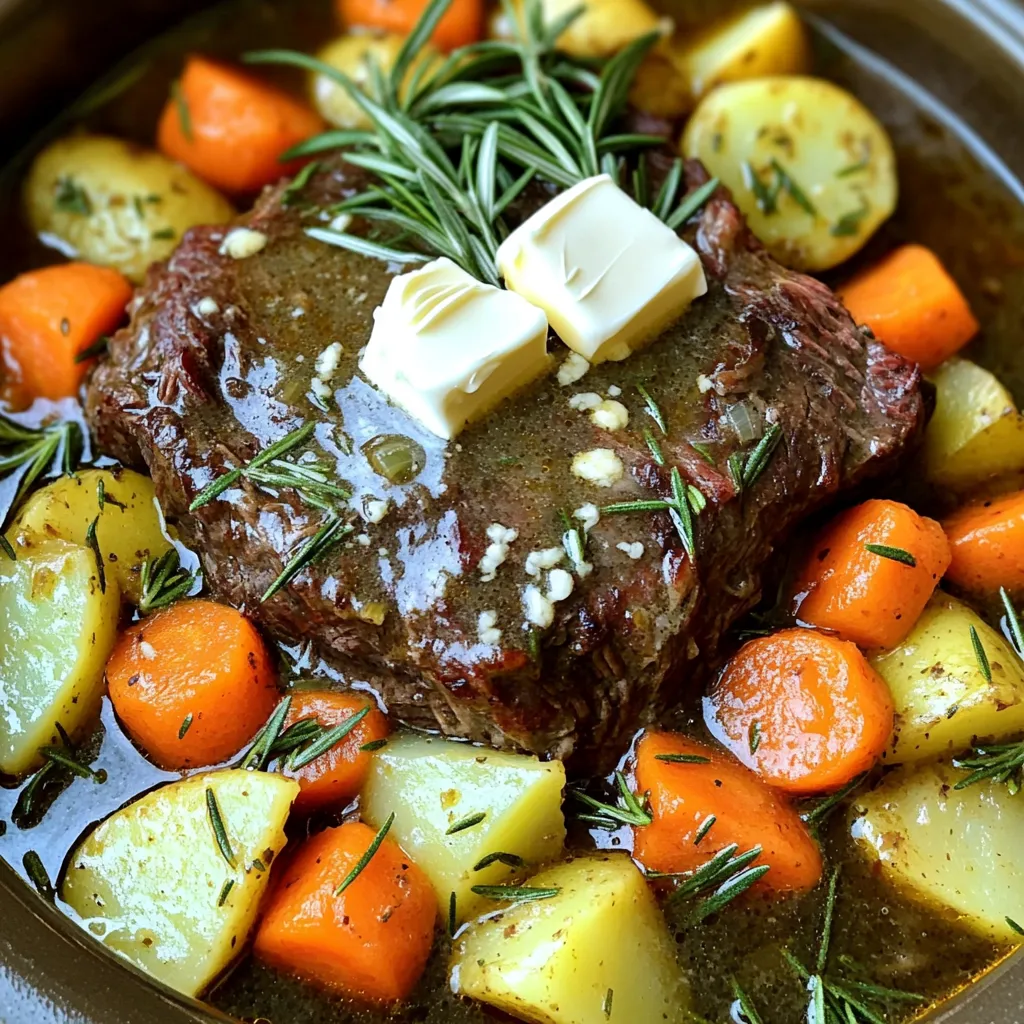 To make a delicious Slow Cooker Garlic Butter Pot Roast, gather these simple ingredients: - Beef chuck roast (3-4 pounds) - Unsalted butter (1/2 cup, divided) - Onions (1 large, sliced) - Garlic (4 cloves, minced) - Carrots (4 large, cut into chunks) - Potatoes (4 medium, diced) - Beef broth (2 cups) - Worcestershire sauce (1 tablespoon) - Dried thyme (2 teaspoons) - Rosemary (2 teaspoons) - Salt and pepper to taste Each ingredient plays a key role in creating rich flavors. The beef chuck roast gives a hearty base. Butter adds creaminess and depth. Onions and garlic bring a sweet aroma. Carrots and potatoes add sweetness and texture. Beef broth keeps everything moist. Worcestershire sauce adds a savory touch. Thyme and rosemary infuse the dish with warmth. Finally, salt and pepper enhance all the flavors. These ingredients combined make a meal that feels like a warm hug on a plate! To start, you need to season the beef chuck roast. Use salt and pepper generously on all sides. Make sure to cover it well. This step adds flavor to the meat. Next, sear the roast in a skillet. Heat 2 tablespoons of butter in a large skillet over medium-high heat. Once the butter melts, add the roast. Sear it for about five minutes on each side. You want a nice brown crust. This process seals in the juices and flavors. After browning, transfer the roast to the slow cooker. Now, let's add some vegetables. In the same skillet, add the sliced onions and minced garlic. Sauté them for about two to three minutes until they smell great. This step enhances the dish's flavor. After sautéing, transfer the onions and garlic to the slow cooker. Spread them evenly on the roast. Next, arrange the carrots and potatoes around the roast in the slow cooker. These will soak up all the tasty broth as they cook. Now, it's time to mix the sauce. In a mixing bowl, combine beef broth, Worcestershire sauce, thyme, and rosemary. Stir it well. Pour this mixture over the roast and vegetables in the slow cooker. Finally, cut the remaining butter into slices. Place these slices on top of the roast. Cover the slow cooker and set it to cook. For a low setting, cook for 8 to 10 hours. If you use a high setting, cook for about 4 to 5 hours. The roast is done when it is tender and can be shredded easily with a fork. Searing the meat is key to great flavor. It creates a nice brown crust, locking in juices. The recommended skillet setting is medium-high heat. Use two tablespoons of butter to help with browning. Sear each side for about five minutes. This step is simple but makes a big difference in taste. To boost the flavor, use herbs like thyme and rosemary. They pair well with the roast. Fresh herbs give a brighter taste but dried herbs also work well. If you use dried herbs, use less since they are more concentrated. A good mix can elevate your pot roast to a new level. Presentation is important for a meal like this. Serve the pot roast on a large platter. Garnish it with fresh rosemary sprigs. For sides, mashed potatoes and green beans are great choices. They complement the roast and create a colorful plate. Don’t forget to spoon some of the savory broth over the meat for extra flavor! {{image_2}} You can switch up the protein in this dish. Try pork shoulder or chicken thighs. Each option gives a new taste. If you prefer something lighter, turkey breast works well too. For vegetables, you have plenty of choices. Swap carrots for parsnips or sweet potatoes. You can also add green beans or bell peppers for a pop of color and flavor. Want a kick? Add some red pepper flakes or cayenne pepper. This adds a nice heat to the meal. For a sweeter touch, mix in some brown sugar or a splash of balsamic vinegar. Consider fresh herbs too. You can use parsley or basil to brighten up the dish. Each change makes the meal fun and new. Experimenting with flavors keeps dinner exciting! To keep your pot roast fresh, store leftovers in an airtight container. This helps prevent any odors from mixing. Place the container in the fridge within two hours of cooking. Your pot roast will stay good for about 3 to 4 days. Make sure to check for any signs of spoilage before eating. If you want to save some for later, freezing is a great choice. First, let the pot roast cool completely. Then, cut it into smaller pieces. This makes defrosting faster. Wrap it tightly in plastic wrap or use freezer bags. It can last up to 3 months in the freezer. When you're ready to eat, thaw it in the fridge overnight. To reheat, place the pot roast in a pot with a little broth. Heat it slowly over low heat. This keeps the meat moist and tasty. Enjoy your delicious meal again! For the best results, cook the pot roast on low for 8 to 10 hours. If you're short on time, you can cook it on high for 4 to 5 hours. The low setting gives the meat more time to break down. It becomes tender and flavorful this way. Always check for tenderness before serving. If it pulls apart easily with a fork, it's ready. Yes, you can skip searing the roast. However, searing adds a nice crust and depth of flavor. Without searing, the pot roast may lack that rich, savory taste. The texture might also be less appealing. If you want to save time, you can still enjoy a tasty pot roast, but I recommend searing for the best results. There are many options if you can't use beef broth. Chicken broth is a good choice and adds a lighter flavor. Vegetable broth works well too, especially for a vegetarian option. You can also use water with some added salt and spices. This way, your pot roast still has moisture and taste. Choose what fits your dietary needs best. In this blog post, we explored how to make a delicious pot roast. We listed key ingredients, from the beef chuck roast to herbs and spices. I provided step-by-step instructions for preparation and cooking. We also shared tips for enhancing flavors and ideas for serving. You can customize the dish with different ingredients or spices and learn how to store leftovers. Remember, a well-cooked pot roast brings comfort and joy to the table. Enjoy making this dish for your family, and they will surely love it!