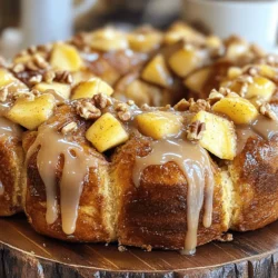 - 2 cans (8 oz each) refrigerated cinnamon roll dough - 2 medium apples, peeled, cored, and chopped - 1/2 cup brown sugar - 1 1/2 teaspoons ground cinnamon - 1/4 cup chopped walnuts (optional) - 1/4 cup melted butter - 1 teaspoon vanilla extract - Icing from cinnamon rolls (included in the dough cans) - Add dried cranberries for a tart flavor. - Use pecans instead of walnuts for a different crunch. - Mix in a pinch of nutmeg for added spice. - Bundt pan for baking - Medium mixing bowl for apples - Large mixing bowl for dough - Knife for chopping apples - Measuring cups and spoons for accuracy - Oven mitts for safe handling Using these ingredients and tools, you can craft a warm, gooey Apple Cinnamon Roll Monkey Bread that delights everyone. Each layer of dough and apple brings a sweet, comforting taste. Choosing optional ingredients can make your dish unique! 1. First, preheat your oven to 350°F (175°C). Grease a bundt pan with butter or non-stick spray. This step helps the bread come out clean. 2. Next, chop the two medium apples. Peel and core them first, then cut them into small pieces. 3. In a medium bowl, mix the chopped apples, 1/4 cup of brown sugar, and 1/2 teaspoon of ground cinnamon. Stir well to coat the apples. Set this bowl aside for later. 4. Open the two cans of refrigerated cinnamon roll dough. Cut each roll into quarters. You should have many small pieces. 5. In a large mixing bowl, toss the quartered dough pieces with the remaining brown sugar, 1 teaspoon of ground cinnamon, and chopped walnuts if you want. Make sure they are evenly coated. 6. Layer half of the dough mixture in the bottom of the greased bundt pan. This forms a nice base layer. 7. Next, scatter half of the apple mixture over the dough in the pan. This adds sweetness and flavor. 8. Add the rest of the dough pieces on top of the apples in the pan. This creates a second layer. 9. Scatter the last of the apple mixture over the second layer of dough. 10. Drizzle the melted butter evenly over the top. This will help it brown nicely. 11. Bake in the preheated oven for 30 to 35 minutes. Look for a golden brown top. The dough should be fully cooked. 12. Once baked, remove it from the oven. Let it cool for about 10 minutes. This helps the dough set. 13. Carefully invert the bundt pan onto a serving platter. Give it a gentle shake to release the monkey bread. 14. Finally, drizzle the icing from the cinnamon roll cans over the top while the bread is still warm. This makes it extra sweet and tasty. Now you're ready to enjoy this delicious Apple Cinnamon Roll Monkey Bread! To make your monkey bread fluffy, use fresh cinnamon rolls. The dough needs to rise well. After cutting the rolls, toss them gently with sugar and cinnamon. This helps coat them evenly. Layer the dough pieces loosely in the pan. This keeps air pockets, making it rise nicely. Soggy dough can ruin your monkey bread. To avoid this, do not skip the butter drizzle. It adds flavor and helps create a crust. Also, make sure you bake it long enough. Keep an eye on it; golden brown means it’s ready. If you see too much moisture, check your oven temperature. Garnishes make your monkey bread pop. I suggest using chopped walnuts for crunch. They add a nice texture and flavor. You can also sprinkle some powdered sugar on top. For a fun touch, drizzle extra icing on warm bread. This makes it look fancy and tasty. {{image_2}} You can switch up the fruit in this recipe. Try using pears or berries. Sliced bananas add a sweet twist, too. Just make sure to adjust the sugar. Apples are great, but mixing in other fruits can give a new taste. Cinnamon is classic, but you can play with spices. Nutmeg adds a warm flavor. Ginger gives a nice kick. You can even use pumpkin spice for a fall vibe. Just remember, a little spice goes a long way. Want a gluten-free version? Use gluten-free cinnamon roll dough. You can find this at most stores. For a dairy-free option, swap butter with coconut oil. There are also dairy-free icing choices. Look for one that you like. These swaps let everyone enjoy this treat! To store leftover monkey bread, let it cool completely. Then, cover it tightly with plastic wrap or foil. You can also place it in an airtight container. This helps keep the bread soft and fresh. Store it at room temperature for up to 2 days. If you need to keep it longer, move it to the fridge. To reheat your monkey bread, preheat the oven to 350°F (175°C). Place the monkey bread in an oven-safe dish. Cover it with foil to keep it from drying out. Heat for about 10-15 minutes. If you want, add a bit of butter on top before reheating. This adds flavor and moisture. You can freeze monkey bread for later. First, let it cool completely. Then, wrap it tightly in plastic wrap and foil. This prevents freezer burn. It can stay in the freezer for up to 3 months. When you are ready to eat it, thaw it in the fridge overnight. Reheat in the oven as mentioned above. Enjoy your tasty treat anytime! Yes, you can use homemade cinnamon roll dough. It adds a personal touch to your dish. Just roll it out, cut it into pieces, and follow the rest of the steps. This way, you control the flavors and ingredients. If you want to try it, I say go for it! You’ll know the monkey bread is ready when it turns golden brown on top. Check the center with a toothpick. If it comes out clean, your bread is done. It usually takes 30 to 35 minutes in the oven. Keep an eye on it, as each oven can be a bit different. You can serve this treat with a scoop of vanilla ice cream. The creamy texture pairs well with the warm bread. A drizzle of caramel sauce also adds a sweet touch. For a fun twist, you can serve it with whipped cream or fresh fruit on the side. Enjoy exploring different combinations! In this post, we covered how to make delicious monkey bread. We talked about key ingredients, tools, and step-by-step instructions. I shared tips for making it fluffy and avoiding soggy dough. We also explored fun variations to suit different diets. Finally, I provided storage tips for leftovers. Monkey bread is simple and fun to make. Enjoy your tasty creation with friends or family!