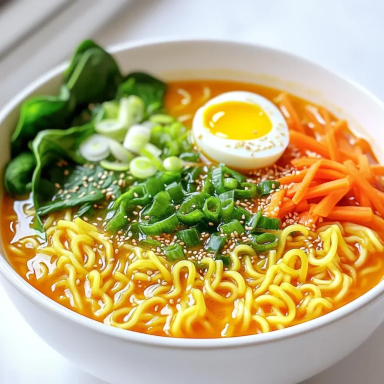 - 2 packs of instant ramen noodles - 4 cups vegetable broth - 2 tablespoons chili garlic sauce - 1 tablespoon soy sauce - 2 green onions, sliced - 1 cup baby spinach - 1 carrot, julienned - 1 tablespoon minced garlic - 1 teaspoon grated ginger - 1 teaspoon sesame oil - Salt and pepper to taste The ingredients for Minute Spicy Chili Garlic Ramen are simple yet flavorful. You start with instant ramen noodles, which cook quickly. Vegetable broth acts as the base, giving your dish depth. The chili garlic sauce brings the heat, while soy sauce adds umami. You will also need fresh produce. Green onions add brightness and crunch. Baby spinach gives color and nutrients. Carrots add sweetness and texture. Don’t forget essential seasonings. Minced garlic and grated ginger boost the flavor. Sesame oil adds richness. Finally, season with salt and pepper to taste, adjusting to your liking. Each ingredient plays a key role in making this ramen delicious. The blend of flavors will excite your taste buds. 1. In a medium saucepan, pour 4 cups of vegetable broth. 2. Heat it over medium heat until it gently boils. 3. Add 1 tablespoon of minced garlic and 1 teaspoon of grated ginger. 4. Stir for 2-3 minutes to let the flavors mix well. 5. Add 2 tablespoons of chili garlic sauce and 1 tablespoon of soy sauce. 6. Mix everything together. If you like it spicier, add more chili garlic sauce. 1. Now, add 2 packs of instant ramen noodles to the boiling broth. 2. Follow the package instructions, usually cooking for 3-4 minutes. 3. Keep an eye on the noodles to avoid mushiness. 4. You want them tender but not overcooked. 1. In the last minute of cooking, add 1 cup of baby spinach and 1 julienned carrot. 2. Stir them in and let them wilt slightly. 3. Remove the pot from heat and stir in 1 teaspoon of sesame oil. 4. Taste your ramen and add salt and pepper as needed. 5. Serve in bowls, garnished with sliced green onions and sesame seeds. 6. If you like, top your ramen with a soft-boiled egg for a yummy touch. To make your Minute Spicy Chili Garlic Ramen truly shine, focus on the flavors. - Adjusting spice levels with chili garlic sauce: Start with two tablespoons. If you like it spicier, add more. This sauce packs a punch and can transform your meal. - Importance of fresh ingredients: Fresh green onions, carrots, and spinach elevate your dish. They add crunch and a burst of color. Fresh veggies really make a difference in taste and texture. Cooking ramen is quick, but you want to get it right. - Ensuring noodles don’t become mushy: Follow the package cooking time carefully, usually around 3-4 minutes. Stir gently to keep them from sticking. Overcooked noodles can ruin your meal. - Using the right sized pot: Choose a medium saucepan. It should be large enough to hold the broth and noodles, giving them space to cook evenly. A cramped pot leads to uneven cooking. Serving your ramen beautifully can enhance the dining experience. - Serving ideas for garnishes: Top each bowl with sliced green onions and sesame seeds. For a special touch, add a soft-boiled egg. It looks stunning and adds creaminess. - Bowl arrangement for visual appeal: Layer your ramen nicely. Place noodles in the center, then arrange veggies around them. This creates a colorful and inviting dish that looks as good as it tastes. {{image_2}} You can boost your ramen with protein! Here are some tasty options: - Chicken: Cook bite-sized pieces in the broth until done. This takes about 5-7 minutes. - Tofu: Use firm tofu and cube it. Add it to the pot after the noodles. - Shrimp: Toss in raw shrimp during the last minute of cooking. They cook fast! Adjust the cooking time depending on the protein you choose. Always make sure it's cooked through. If you want a plant-based meal, this recipe works great! Here’s how: - Use vegetable broth instead of chicken broth. - For protein, add more veggies or use tofu. - Make sure your sauces are vegan. Some soy sauces contain fish. With these changes, you keep the flavor while sticking to a vegan diet. Want to spice things up? Try these fun ideas: - Sauces: Add a splash of sriracha for more heat. A drizzle of soy sauce enhances flavor too. - Spices: Try a pinch of crushed red pepper or a dash of five-spice powder. - Toppings: Top with seaweed for crunch or sliced jalapeños for heat. You can also add a soft-boiled egg for extra richness. These additions make your ramen even more special! To keep your ramen fresh, use airtight containers. Glass or plastic containers work well. They seal tight and prevent air from ruining your food. Place your ramen in the container after it cools. This helps keep it safe from bacteria. Store it in the fridge for up to three days. Always label your container with the date. This way, you’ll know when it’s time to eat or toss it. When you're ready to enjoy your ramen again, reheat it gently. Use a saucepan on low heat. Stir often to keep it from sticking. If the broth seems thick, add a splash of water or broth. This helps bring back the moisture. You can also use the microwave. Place your ramen in a microwave-safe bowl. Add a bit of water, cover it, and heat in short bursts. Stir between each burst to keep it even. Can you freeze ramen? Yes, but it's best to freeze the broth and noodles separately. Cooked noodles can get mushy when frozen. To freeze, let the broth cool, then pour it into a freezer-safe bag. For noodles, place them in a separate bag. Squeeze out as much air as possible. To thaw, move them to the fridge overnight. Reheat as usual, adding fresh vegetables for the best taste. You can use water as a base. Add extra spices for flavor. Chicken broth also works well. If you want a richer taste, try mushroom broth. You could even use miso mixed with water for depth. This ramen stays good in the fridge for about 3 days. Store it in an airtight container. The vegetables might get a bit soft, but the flavor remains. Just reheat it carefully when you’re ready to eat. Yes, you can make this ramen gluten-free! Use gluten-free ramen noodles made from rice or buckwheat. For sauces, choose gluten-free soy sauce or tamari. This way, you can enjoy the same tasty flavors without gluten. This recipe combines simple ingredients for a tasty ramen dish. We used instant noodles, vegetable broth, and fresh veggies. You learned how to enhance flavors with seasonings like garlic and ginger. I also shared tips for perfecting your noodles and presenting your meal. Try adding proteins to switch things up, or keep it plant-based. Enjoy your ramen adventure, and remember to store leftovers properly. With these tips, you can enjoy a delicious meal anytime!