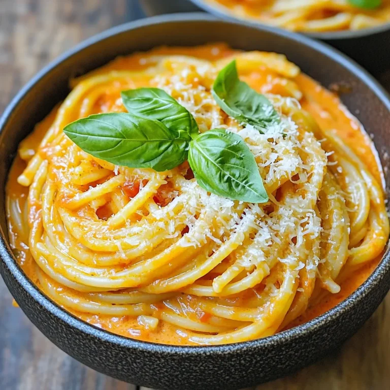 To make this delicious one-pot creamy tomato basil pasta, you will need: - 12 ounces pasta (penne or fusilli) - 1 can (14.5 ounces) diced tomatoes, with juice - 1 can (15 ounces) coconut milk - 2 cups vegetable broth - 1 small onion, finely chopped - 3 cloves garlic, minced - 1 teaspoon dried Italian herbs (oregano, basil) - 1 teaspoon red pepper flakes (adjust for spice) - 1 cup fresh basil leaves, chopped - 1 tablespoon olive oil - Salt and pepper to taste - 1 cup grated Parmesan cheese (optional for serving) You can easily change this dish by adding some optional ingredients: - Spinach or kale for extra greens - Cherry tomatoes for a fresh burst - Cooked chicken or shrimp for protein - Mushrooms for a hearty bite - Lemon zest for a zestier flavor If you need to swap ingredients, here are some ideas: - Use almond milk or soy milk instead of coconut milk. - Swap vegetable broth for chicken broth for added flavor. - Use fresh herbs if you have them, like fresh oregano or basil. - Use nutritional yeast instead of Parmesan for a vegan option. - Any pasta shape works well, so feel free to get creative! Gather all your ingredients before starting. This makes cooking smooth and easy. You will need pasta, diced tomatoes, coconut milk, vegetable broth, onion, garlic, herbs, red pepper flakes, basil, olive oil, salt, and pepper. You can also have Parmesan cheese ready if you want to use it. 1. Heat the Olive Oil: In a large pot, warm the olive oil over medium heat. 2. Sauté the Onion and Garlic: Add the chopped onion and minced garlic. Cook them until the onion turns soft and clear, which takes about 3-4 minutes. 3. Add the Main Ingredients: Pour in the diced tomatoes with their juice, coconut milk, and vegetable broth. Also, add dried Italian herbs and red pepper flakes. Mix it all well. 4. Bring to a Simmer: Let the mixture heat until it starts to simmer gently. 5. Cook the Pasta: Add your pasta to the pot. Make sure it is fully submerged in the liquid. 6. Cover and Simmer: Put a lid on the pot. Let it cook on low heat for 12-15 minutes. Stir it now and then to keep the pasta from sticking. 7. Finish the Dish: Once the pasta is al dente, add the chopped basil. Season with salt and pepper. If the sauce needs thickening, let it simmer uncovered for a few more minutes. 8. Serve: If you like, top with grated Parmesan cheese for extra flavor. - Check the Pasta Frequently: Stir often while it cooks. This helps keep it from clumping. - Adjust Liquid as Needed: If the sauce is too thin, let it simmer longer. If too thick, add a splash of broth. - Taste Test: Always taste the pasta before serving. This ensures it has the right texture and flavor. With these steps and tips, you’ll create a creamy and delicious dish every time! To boost flavor, always start by sautéing the onion and garlic in olive oil. This step creates a rich base for your pasta. Cook them until the onion turns soft and clear. Use medium heat to avoid burning. Adding dried Italian herbs early helps release their oils. This makes the dish taste better. The canned tomatoes bring sweetness and acidity. They add depth to your sauce. If you want more heat, add more red pepper flakes. Start with half a teaspoon, then taste. You can always add more, but you can't take it out. For a milder dish, skip the flakes or reduce the amount. Adding a splash of coconut milk can also tone down spice. Fresh basil adds flavor without heat. Stir in some chopped basil for a fresh taste. One-pot meals save time and cleanup. Stir your pasta often while it cooks. This keeps it from sticking together. Make sure to cover the pot while simmering to lock in heat. If the sauce gets too thick, add a bit more broth. For creamier pasta, stir in more coconut milk at the end. Serve your pasta right away for the best taste and texture. {{image_2}} You can make this dish vegetarian by skipping the cheese. Use nutritional yeast instead of Parmesan for a cheesy flavor. If you want a vegan option, just avoid the cheese. You can also use vegetable broth to keep it plant-based. While I love using penne or fusilli, feel free to get creative. Spaghetti, farfalle, or even rotini work well. Each shape holds sauce differently, giving you a unique taste. Just adjust cooking time based on the pasta you choose. Add veggies like spinach or bell peppers for more color and nutrition. You can toss in some mushrooms for a hearty touch. For extra flavor, consider adding olives or sun-dried tomatoes. A squeeze of lemon juice can add brightness too. To keep your One-Pot Creamy Tomato Basil Pasta fresh, store it in an airtight container. Allow the pasta to cool to room temperature before sealing. This helps prevent moisture buildup, which can cause spoilage. You can keep it in the fridge for up to three days. If you want to store it longer, consider freezing it. When you're ready to eat the leftovers, reheat the pasta gently. You can use a microwave-safe bowl and cover it with a damp paper towel. Heat in short bursts, stirring in between. Alternatively, heat it on the stove over low heat. Add a splash of vegetable broth or water if it seems dry. Stir until it’s warmed through. The shelf life of this pasta is about three days in the fridge. If you freeze it, it will last for about two months. To freeze, place the pasta in a freezer-safe container. Make sure to label it with the date. When you’re ready to enjoy it, thaw it in the fridge overnight. Reheat as described above for the best results. Yes, you can use almond milk or oat milk instead of coconut milk. Both options will give a different flavor. Almond milk is nutty and light, while oat milk is creamy. Choose the one you prefer. If you want a richer taste, try heavy cream. To make this dish gluten-free, use gluten-free pasta. Many brands offer great options, like chickpea or brown rice pasta. Just make sure to check the package for cooking times. This way, you can enjoy the same creamy goodness without gluten. You can add cooked chicken, shrimp, or sausage for extra protein. If you want a vegetarian option, try adding beans or lentils. Tofu is also a great choice. Just stir it in when you add the pasta to warm it through. Yes, you can prepare this dish ahead of time. Cook it as directed, then let it cool completely. Store it in the fridge in an airtight container. When you’re ready to eat, just reheat it on the stove. You may need to add a splash of broth to loosen it up. This post covered the key ingredients and steps to make a delicious pasta dish. You learned how to adjust flavors, try new pasta shapes, and ensure perfect cooking. I hope these tips inspire you to create your own tasty meals. Remember, cooking is fun and open to exploration. Don’t hesitate to experiment with ingredients and techniques. Happy cooking!