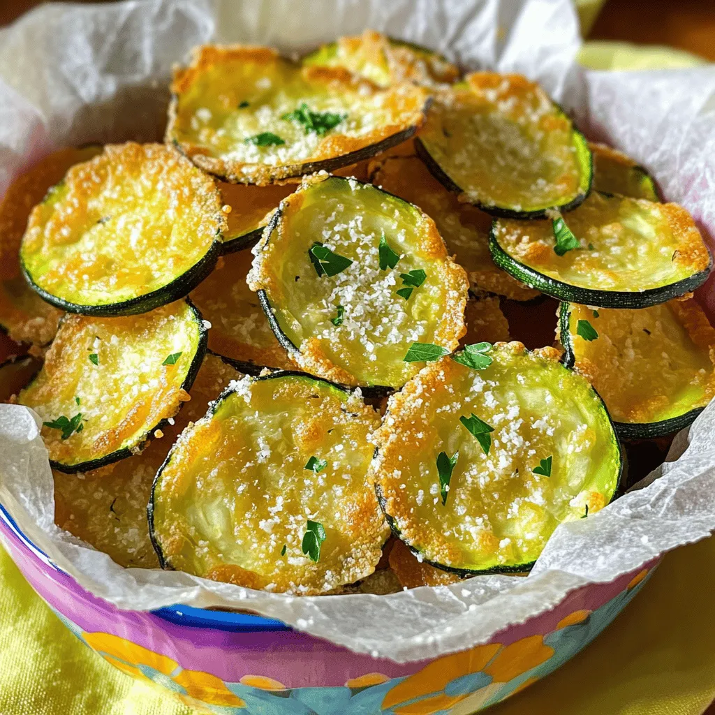 For this recipe, you need 2 medium zucchini. Choose firm zucchinis for the best texture. Wash them well under cold water. Slice them into thin chips, about 1/4 inch thick. A mandoline slicer works great for even slices. The star of this recipe is 1 cup of grated Parmesan cheese. This cheese gives the chips their rich flavor and crispy finish. You also need 1 cup of almond flour. If you prefer, you can use breadcrumbs for a different texture. Mix these together in a bowl to make your coating. Next, gather your seasonings. You will need: - 2 teaspoons garlic powder - 1 teaspoon onion powder - 1 teaspoon dried oregano - 1 teaspoon black pepper - 1 teaspoon salt These seasonings add great taste to your chips. Finally, grab 2 large eggs and whisk them in a separate bowl. The eggs help the coating stick to the zucchini slices. With these ingredients ready, you are set to make crispy Parmesan zucchini chips! First, I set the air fryer to 400°F (200°C). I let it preheat for about 5 minutes. This step ensures the chips cook evenly and become crispy. Next, I wash the zucchini well. Then, I slice them into thin chips, about 1/4 inch thick. A mandoline slicer works great for uniform slices. This helps each chip cook at the same rate. In a shallow bowl, I mix together the grated Parmesan cheese, almond flour, garlic powder, onion powder, oregano, black pepper, and salt. I stir well until everything is combined. This mixture adds flavor and crunch. In another bowl, I whisk the two large eggs until they are fully beaten. I dip each zucchini slice into the eggs, making sure both sides are coated. Then, I dredge the zucchini in the Parmesan mixture. I press lightly to make sure the coating sticks well. I place the coated zucchini chips in a single layer in the air fryer basket. If my air fryer is small, I may need to cook in batches. I air fry them for 10-12 minutes. I shake the basket halfway through to ensure even cooking. When they are golden brown and crispy, I remove them and let them cool on a wire rack. This keeps them crispy. I serve them warm and enjoy! To make your zucchini chips extra crispy, follow these tips: - Slice Thinly: Cut the zucchini into slices about 1/4 inch thick. Thin slices cook faster and crisp up better. - Pat Dry: After washing, pat the zucchini slices dry with a towel. Removing excess moisture helps them crisp up. - Single Layer: Place the chips in a single layer in the air fryer. Overcrowding leads to soggy chips. - Shake it Up: Shake the basket halfway through cooking. This helps all sides get even heat and crispiness. - Cool on a Rack: Let the chips cool on a wire rack. This keeps them from getting soft on the bottom. Using the right tools makes your cooking easier: - Air Fryer: Choose a good-quality air fryer. This is key for even cooking. - Mandoline Slicer: A mandoline helps you cut zucchini uniformly. Consistent sizes cook evenly. - Shallow Bowls: Use shallow bowls for the egg wash and the coating mix. This makes dipping easy. - Tongs: Tongs help you handle the coated chips without making a mess. - Wire Rack: A wire rack helps cool the chips while keeping them crispy. Zucchini chips are good on their own but pair well with dips: - Yogurt Dip: Mix plain yogurt with herbs for a fresh taste. - Marinara Sauce: Serve with warm marinara for a classic twist. - Guacamole: Creamy guacamole adds a nice flavor contrast. - Presentation: Use a colorful bowl lined with parchment paper. Sprinkle extra Parmesan and parsley on top for flair. {{image_2}} You can switch things up with your coatings. Instead of almond flour, try breadcrumbs for a crunchier texture. If you want a nut-free option, use crushed cornflakes. For a spicy kick, add cayenne pepper to your coating mix. You can even use different cheeses, like cheddar or mozzarella, to change the flavor profile. To spice up your chips, add herbs and spices. Try smoked paprika for a smoky taste. A pinch of chili powder can add nice heat. Consider adding fresh herbs like basil or thyme for a bright, fresh flavor. You can also mix in some grated lemon zest for a zesty twist. These crispy zucchini chips are perfect for snacking. Serve them with a dip, like ranch or tzatziki. You can stack them on a platter for a fun appetizer. For a meal, pair them with grilled chicken or fish. They also make a great side for burgers or sandwiches. To keep your crispy Parmesan zucchini chips fresh, store them in an airtight container. Line the bottom with paper towels to absorb moisture. This helps maintain their crunch. If you have leftovers, place a paper towel between layers of chips to keep them crispy. Avoid stacking them too high, as this can crush the chips. To reheat your chips, use the air fryer for best results. Preheat the air fryer to 350°F (175°C). Place the chips in a single layer and heat for about 3-5 minutes. This will help restore their crispiness. You can also use an oven, but the air fryer works better for that crunch. These zucchini chips last for about 3 days when stored properly. After that, they may lose their crispiness. For the best taste and texture, enjoy them within the first few days. If you want to keep them longer, consider freezing them before cooking. Yes, you can use other veggies! Some great options are eggplant, squash, or sweet potatoes. Just slice them thin like zucchini. Make sure to adjust cooking time, as some veggies may need longer to crisp up. To make these chips gluten-free, simply use almond flour instead of regular breadcrumbs. Almond flour gives a nice crunch and keeps the chips light. Always check the labels to ensure your ingredients are gluten-free. Zucchini chips taste great with many sauces! Try marinara, ranch dressing, or garlic aioli. You can even mix Greek yogurt with herbs for a fresh dip. These sauces add flavor and make snacking even more fun! Yes, you can bake them! Preheat your oven to 425°F (220°C). Place the chips on a baking sheet lined with parchment paper. Bake for 15-20 minutes, flipping halfway through. Watch closely, as oven times may vary. Enjoy the crunch! Zucchini chips are a tasty and healthy snack. We covered all the key steps, from choosing fresh zucchini to air frying for crunch. I shared tips to ensure they turn out crispy and some fun ways to change the flavors. Storing and reheating your chips keeps them fresh longer. Whether you enjoy them plain, with dips, or try different veggies, the options are endless. These chips are a simple treat that anyone can make and love. Enjoy experimenting with your own unique flavors!