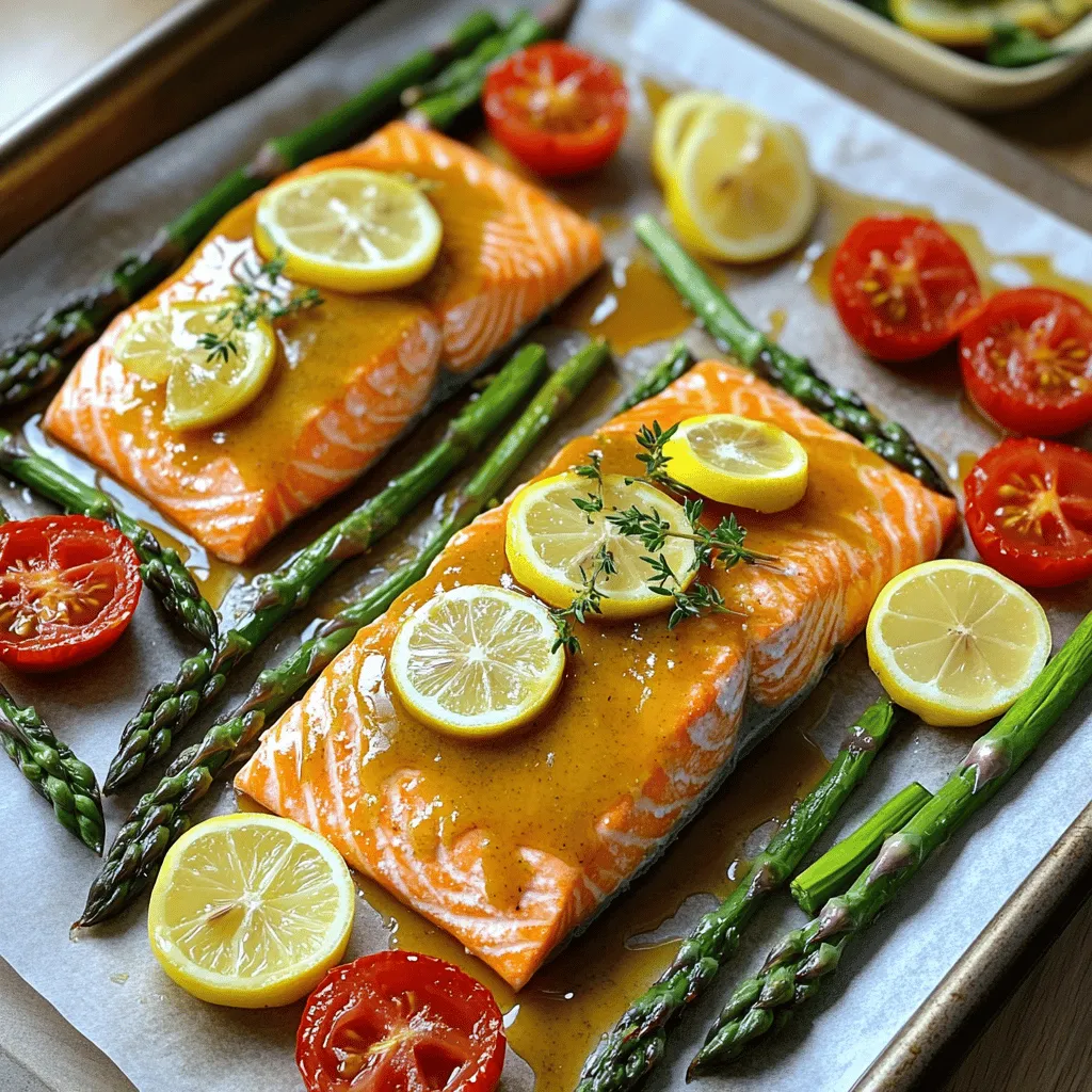 For this dish, you need: - 4 salmon fillets (6 oz each) - 1/4 cup pure maple syrup - 2 tablespoons Dijon mustard - 1 tablespoon olive oil - 2 cloves garlic, minced - 1 teaspoon fresh thyme leaves - Salt and pepper to taste The salmon fillets serve as the star of this meal. The maple syrup gives a sweet touch. The Dijon mustard adds a hint of tang. Together, they make a glaze that sings. Garlic and thyme enhance the flavor, making each bite special. You will also need: - 1 lb asparagus, trimmed - 1 cup cherry tomatoes, halved - 1 lemon, sliced Asparagus brings a nice crunch. Cherry tomatoes add juiciness and color. The lemon slices boost flavor. You can toss these veggies with olive oil, salt, and pepper. This keeps things simple and tasty. For a finishing touch, consider: - Fresh thyme leaves for garnish - Additional lemon wedges These garnishes add a pop of color and flavor. They make your dish look fresh and inviting. Plus, they give a nice zest when served. Use them to impress your guests or family! First, set your oven to 400°F (200°C). This heat will cook the salmon perfectly. Line a large baking sheet with parchment paper. This helps with easy cleanup later. In a small bowl, mix the maple syrup, Dijon mustard, olive oil, minced garlic, thyme, salt, and pepper. Whisk it until everything blends well. This glaze adds a sweet and tangy kick to your dish. Now, place the salmon fillets skin-side down on one side of the baking sheet. Generously brush the maple mustard glaze over each fillet. This will give them a shiny, delicious look. On the other side of the baking sheet, arrange the asparagus and halved cherry tomatoes. Drizzle them with a bit of olive oil and sprinkle with salt and pepper. This adds flavor and helps them roast nicely. Place lemon slices on top of the salmon and scatter a few among the veggies. The lemon adds a bright taste. Bake the sheet pan for 15-20 minutes. The salmon should flake easily when done. The asparagus should be tender-crisp. For a nice finish, turn on your broiler for 2-3 minutes. This caramelizes the glaze and lightly chars the vegetables. Keep an eye on it to avoid burning. After broiling, take the pan out and let it rest for a few minutes. This helps the flavors settle before serving. To make the best glaze, mix maple syrup and Dijon mustard well. The sweet and tangy taste shines through. Use fresh garlic for more flavor. Whisk the glaze until it is smooth. Brush it on the salmon before cooking. This gives a nice coat that helps seal in moisture. Cooking time can change based on your oven and the salmon size. I recommend baking for 15-20 minutes. Start checking at the 15-minute mark. If the salmon is still not flaky, give it a few more minutes. Each oven is unique, so keep an eye on it. To check if the salmon is done, use a fork. Gently poke the thickest part. If it flakes apart easily, it is ready. The internal temperature should reach 145°F (63°C). If you like a bit of char, broil for 2-3 minutes at the end. It adds a lovely finish and enhances the taste. {{image_2}} You can change the flavor of your salmon with different glazes. Try a honey-soy mix for a sweet and salty taste. Mix equal parts honey and soy sauce, then brush it on the salmon. Another great option is a spicy sriracha glaze. Combine sriracha with a bit of lime juice for a kick. Each glaze gives a unique twist to the dish, keeping it fresh and fun. The veggies you use can change the whole meal. Instead of asparagus, try green beans, broccoli, or bell peppers. Each veggie will add its own flavor and color. You can also mix different cherry tomatoes, like yellow or orange ones, for a vibrant look. Don't be afraid to experiment with what you have on hand. While the sheet pan method is easy, you can also grill your salmon. Just brush it with the glaze and place it on a hot grill. Cook each side for about five minutes. If you prefer a rich taste, try pan-searing the salmon. Heat olive oil in a pan and cook the fillets skin-side down until crispy. This method gives a nice crust and keeps the inside juicy. To store leftovers, let the salmon cool down first. Place it in an airtight container. You can keep the salmon and veggies together or separate them. Make sure to eat them within three days for the best taste. When you’re ready to eat again, preheat your oven to 350°F (175°C). Place the salmon on a baking sheet. Cover it with foil to keep it moist. Heat for about 10-15 minutes. Check if it's warm all the way through. You can also use a microwave, but it may dry out the fish. You can freeze the glazed salmon, but it is best to do this before cooking. Wrap each fillet tightly in plastic wrap. Then, place them in a freezer bag. This keeps the fish fresh for up to three months. When you’re ready to cook, thaw it in the fridge overnight. You can enjoy this dish with many sides. Roasted potatoes are a great choice. They add a nice crunch. A fresh salad also pairs well. Try a simple green salad with lemon vinaigrette. Rice, quinoa, or couscous make good sides too. They soak up the glaze’s flavor. You can also serve bread to mop up extra sauce. Yes, you can use other fish. Try trout or cod for a different taste. Both fish cook well with this glaze. Just keep an eye on cooking times. They may cook faster than salmon. If using a thick fish, adjust the cooking time as needed. Salmon is done when it flakes easily. Use a fork to test it. If it comes apart easily, it's ready. The color should change to a light pink. An internal temperature of 145°F means it is safe to eat. If you’re unsure, check it after 15 minutes of baking. Always trust your senses! We explored how to make delicious glazed salmon. We covered key ingredients like salmon, veggies, and garnishes. Then, I shared step-by-step cooking methods for the perfect meal. You learned tips for a great glaze and cooking times. We also discussed tasty variations and how to store any leftovers. For fresh, flavorful meals, try this recipe at home. You'll enjoy healthy, easy cooking!