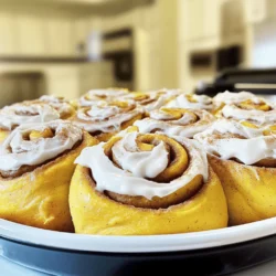 - 4 cups all-purpose flour - ½ cup granulated sugar - 2 teaspoons ground cinnamon - 1 teaspoon ground nutmeg - ½ teaspoon ground ginger - ½ teaspoon ground cloves - 1 teaspoon salt I love using all-purpose flour for its great texture. It gives the rolls a soft bite. Granulated sugar adds sweetness, while the spices create that warm fall flavor. Cinnamon is the star here, with nutmeg, ginger, and cloves adding depth. - ½ cup pumpkin puree - 1 packet (2 ¼ teaspoons) active dry yeast - ½ cup milk, warmed - ¼ cup unsalted butter, melted - 2 large eggs - 1 teaspoon vanilla extract Pumpkin puree makes these rolls rich and moist. The active dry yeast helps the rolls rise and become fluffy. Warm milk activates the yeast, while melted butter adds richness. Eggs give structure, and vanilla extract adds a lovely aroma. - ½ cup brown sugar, packed - ¼ cup raisins or chopped nuts (optional) - 1 cup cream cheese, softened - 1 cup powdered sugar - 2 tablespoons maple syrup - 1 tablespoon milk Brown sugar enhances sweetness and adds a slight caramel flavor. You can mix in raisins or nuts for an extra crunch. The cream cheese frosting is a must. It complements the sweetness and spices perfectly. Maple syrup adds a touch of fall, making everything taste amazing. 1. Activating the yeast: Start by warming the milk. Pour it into a small bowl and add the yeast. Let it sit for about 5 minutes. You want it to look frothy. This means the yeast is active. 2. Mixing dry and wet ingredients: In a big bowl, whisk together the flour, sugar, spices, and salt. In another bowl, mix the pumpkin puree, melted butter, eggs, and the frothy yeast. Combine the wet and dry mixtures. Stir until a soft dough forms. 3. Kneading the dough: Knead the dough on a floured surface. Do this for about 5 to 7 minutes. You want it smooth and elastic. 1. Allowing the dough to rise: Place the dough in a greased bowl. Cover it with a clean towel. Let it rise in a warm spot for 1 hour. It should double in size. 2. Rolling out the dough and adding the filling: Once the dough has risen, punch it down gently. Roll it out on a floured surface into a rectangle. Aim for about ¼ inch thick. 3. Rolling and slicing the dough: Mix the brown sugar and cinnamon. Sprinkle this over the rolled dough. Roll it tightly from the long edge. Then, slice it into 12 equal pieces. 1. Second rise and preheating the oven: Place the rolls in a greased baking dish. Cover them again with a kitchen towel. Let them rise for 30 minutes. In the meantime, preheat your oven to 350°F (175°C). 2. Baking time and tips for checking doneness: Bake the rolls for about 25 to 30 minutes. They should look golden brown. To check, tap the bottom; it should sound hollow. Now, you have warm, delicious pumpkin spice cinnamon rolls ready to enjoy! To create soft and fluffy dough, you need the right environment for rising. I recommend using a warm and draft-free space. An oven with the light on works well. This gentle heat helps the yeast activate faster. Kneading dough is essential for good texture. When kneading, push the dough away with the heel of your hand. Fold it back toward you, turn it, and repeat. Knead for about 5 to 7 minutes. You want the dough to be smooth and elastic. For the cream cheese frosting, mix softened cream cheese and powdered sugar well. Add maple syrup for a sweet touch. If it seems too thick, include a splash of milk to get the right consistency. You want it creamy but spreadable. If you want to switch up the frosting, try adding vanilla or cinnamon. These small changes can give your rolls a unique twist. When serving, place your cinnamon rolls in a large round dish. Drizzle extra frosting on top for a beautiful look. A sprinkle of cinnamon adds a lovely touch and enhances the aroma. Pair these rolls with warm apple cider or a rich coffee. The flavors blend well and create a cozy fall experience. Enjoy your delicious pumpkin spice cinnamon rolls with friends or family for a perfect treat! {{image_2}} You can make your pumpkin spice cinnamon rolls even more fun by adding chocolate chips or nuts. Chocolate chips add a sweet burst of flavor. Chopped nuts give a nice crunch. Try walnuts or pecans for extra texture. You can also mix different spices. Instead of just cinnamon, add allspice or cardamom. This change can create a unique twist. If you need gluten-free rolls, swap all-purpose flour for a gluten-free mix. Make sure it has a binding agent like xanthan gum. For a dairy-free version, use almond or oat milk instead of regular milk. You can also use vegan butter in place of unsalted butter. These swaps keep the flavor and texture without dairy or gluten. Fall is the best time to try new flavors. You can add apples or pecans to your rolls. Shred some apples and mix them in with the filling. This will add sweetness and moisture. Chopped pecans give a nice nutty taste. You can even drizzle caramel sauce on top for a special treat. These twists make your pumpkin spice cinnamon rolls perfect for autumn! To keep your pumpkin spice cinnamon rolls fresh, store them properly. I recommend using an airtight container. This helps prevent them from drying out. If you don’t have one, covering the rolls with foil works too. Just make sure to seal it well. Store them in the fridge for up to four days. They taste best when enjoyed within this time. When it’s time to enjoy your rolls again, reheating them is key. The microwave is quick but may dry them out. Instead, try using the oven. Preheat it to 350°F (175°C) and place the rolls in for about 10 minutes. This keeps them soft and warm. You can also reheat them in a skillet on low heat. Cover with a lid to trap steam and keep them moist. Enjoy your tasty treat! Yes, you can use fresh pumpkin. Fresh pumpkin gives a more vibrant flavor. However, it requires more work. You need to roast and puree it. Canned pumpkin is easy and saves time. It also has a consistent texture. Use what fits your needs best. You can prep these rolls the night before. After shaping the rolls, cover them and place them in the fridge. They will rise slowly overnight. In the morning, take them out. Let them sit at room temperature for about 30 minutes before baking. This way, you enjoy warm rolls with less morning stress. If your dough doesn’t rise, check the yeast. It may be old or inactive. Ensure your warm milk is not too hot. If it is, it will kill the yeast. Place the dough in a warm spot, like an oven with the light on. If it still doesn’t rise, try kneading it longer. Adding a bit more flour may also help. This article covered making delicious pumpkin rolls from scratch. We talked about key ingredients, step-by-step instructions, and helpful tips. You learned how to perfect the dough and make cream cheese frosting. We also explored tasty variations and storage methods. Remember, baking is fun and allows creativity. Don't be afraid to try new flavors or adapt based on your needs. Enjoy your warm pumpkin rolls and share them with friends and family for smiles all around. Happy baking!