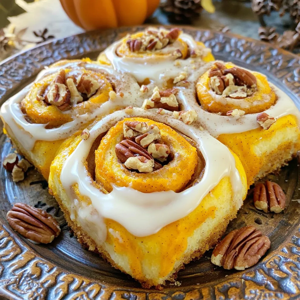 - 2 ½ cups all-purpose flour - 1 packet (2 ¼ teaspoons) instant yeast - ½ teaspoon salt - ¼ cup granulated sugar - ½ teaspoon ground cinnamon - ½ cup milk, warm (110°F) - ¼ cup unsalted butter, melted - 1 large egg - 1 cup canned pumpkin puree - ½ cup packed brown sugar - 1 tablespoon ground cinnamon - ½ cup chopped pecans - ¼ teaspoon nutmeg - ½ cup powdered sugar (for frosting) - 1 tablespoon maple syrup (for frosting) - 2 tablespoons cream cheese, softened (for frosting) - 1-2 tablespoons milk (for frosting consistency) Pumpkin puree gives these rolls a moist texture and a warm, earthy taste. It adds a nice depth to each bite. The spices, like cinnamon and nutmeg, bring fall flavors that are comforting and inviting. Ground cinnamon enhances sweetness, while nutmeg adds a hint of warmth. Chopped pecans add crunch and a nutty flavor that pairs well with pumpkin. You can swap all-purpose flour for gluten-free flour to make this recipe gluten-free. If you want a dairy-free version, use almond milk instead of regular milk and coconut oil instead of butter. For a nut-free option, skip the pecans and try adding raisins or chocolate chips instead. To start, gather your ingredients. In a large bowl, mix 1 cup of flour, instant yeast, salt, granulated sugar, and ground cinnamon. Stir until everything blends well. In another bowl, whisk warm milk, melted butter, and the egg together. Add pumpkin puree and mix until smooth. Next, pour the wet mix into the dry mix. Stir until combined. Gradually add the rest of the flour, ½ cup at a time. Knead the dough on a floured surface for about 5-7 minutes. The dough should be smooth and stretchy. After kneading, place the dough in a greased bowl. Cover it with a kitchen towel and let it rise in a warm spot for about 1 hour. It will double in size. While waiting, prepare the filling. Mix brown sugar, ground cinnamon, chopped pecans, and nutmeg in a small bowl. Once the dough rises, punch it down. Roll it out on a floured surface into a 12 x 20-inch rectangle. Spread melted butter over the dough. Then, sprinkle the filling mixture on top, leaving a small edge. From one long side, tightly roll the dough into a log. Seal the seam and cut the log into 12 equal rolls. Place the rolls in a greased baking dish or on a parchment-lined sheet. Cover and let them rise for another 30 minutes. Preheat your oven to 350°F (175°C). Bake the rolls for 25-30 minutes. They should turn golden brown. While they bake, prepare the frosting. Mix cream cheese, powdered sugar, maple syrup, and milk until smooth. When the rolls are done, let them cool a bit. Drizzle the frosting over the warm rolls for the best taste. To get your pumpkin pecan cinnamon rolls fluffy, you must use fresh yeast. This gives your dough a strong rise. Warm milk helps, too. It activates the yeast and adds moisture. Knead the dough well until it feels smooth. Let it rise in a warm spot until it doubles in size. This step is key for fluffiness. One common mistake is not measuring your flour correctly. Too much flour can make your rolls dense. Always spoon flour into a measuring cup and level it off. Another mistake is rushing the rise times. Skipping the second rise leads to tough rolls. Be patient, and let the dough rise fully. Serve your rolls warm for the best taste. Place them on a nice plate, and drizzle warm frosting over the top. Add a sprinkle of chopped pecans for crunch. For extra flair, drizzle some maple syrup around the plate. This makes your rolls look even more inviting. {{image_2}} You can switch up the nuts in your rolls. Walnuts add a great crunch. Almonds bring a sweet touch. Both options work well with the pumpkin and spices. Just chop them roughly and sprinkle them in the filling. This change adds depth and flavor. Want to get creative? Try adding chocolate chips or raisins. Chocolate gives a rich taste that pairs well with the pumpkin. Raisins add a chewy texture and sweetness. You can mix these with the pecans or use them alone. Feel free to experiment with other flavors too! You can easily make these rolls vegan. Use almond milk instead of regular milk. Replace the egg with a flaxseed egg. Just mix 1 tablespoon of flaxseed meal with 3 tablespoons of water and let it sit. For the butter, use coconut oil or a dairy-free spread. This way, everyone can enjoy these tasty treats! If you have leftover pumpkin pecan cinnamon rolls, keep them fresh. Place them in an airtight container. You can also wrap them tightly in plastic wrap. Store them at room temperature for up to three days. For longer storage, move them to the fridge. They can last up to a week when chilled. To enjoy your leftover rolls, reheating is key. Preheat your oven to 350°F. Place the rolls on a baking sheet. Cover them lightly with foil to prevent drying out. Heat for about 10 to 15 minutes. You can also microwave them. Heat each roll for about 15 to 20 seconds. This will keep them warm and soft. For long-term storage, freezing is a great option. First, let the rolls cool completely. Wrap each roll tightly in plastic wrap. Then, place them in a freezer bag or an airtight container. Make sure to remove as much air as possible. Frozen rolls can last up to three months. When ready to enjoy, thaw them in the fridge overnight. Reheat them as directed above for the best taste. Yes, you can prepare the dough ahead of time. Mix the dough, let it rise, and then shape the rolls. Cover the rolls and place them in the fridge overnight. In the morning, let them come to room temp for about 30 minutes. Then, bake as usual. This saves you time on busy mornings. To help your dough rise, keep it in a warm place. A good spot is your oven with just the light on. The warmth helps the yeast activate. Make sure your milk is warm but not too hot. If the liquid is too hot, it can kill the yeast. The rolls are done when they are golden brown. You can also use a toothpick to test the center. If it comes out clean, the rolls are ready. They should feel soft but firm to the touch. Let them cool slightly before frosting for best results. You now have everything you need to make delicious Pumpkin Pecan Cinnamon Rolls. We explored key ingredients and how they add flavor. You learned the step-by-step process to prepare, roll, and bake your rolls perfectly. I shared tips to avoid mistakes and ensure fluffy results. We also discussed fun variations and how to store your leftovers. Remember, practice makes perfect. Enjoy your baking and share your tasty rolls with friends and family!