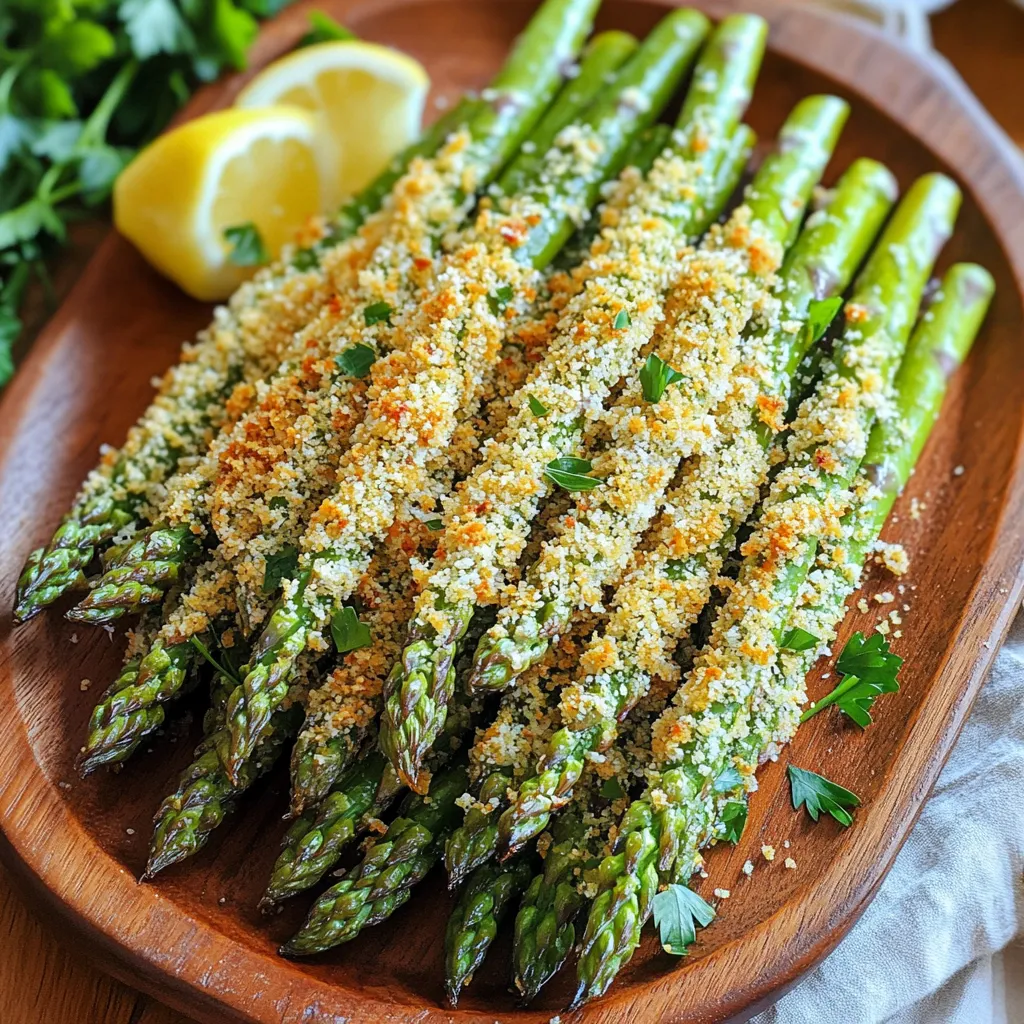 To make Air Fryer Parmesan Asparagus Fries, you'll need: - 1 pound fresh asparagus, trimmed - 1 cup grated Parmesan cheese - 1 cup breadcrumbs (preferably panko for extra crunch) - 2 large eggs - 2 teaspoons garlic powder - 1 teaspoon paprika - Salt and pepper to taste - Olive oil spray You can swap some ingredients based on your needs: - Use nutritional yeast instead of Parmesan for a vegan option. - Almond flour works well if you need a gluten-free option for breadcrumbs. - You can replace garlic powder with fresh minced garlic for a stronger flavor. - Try different cheeses like cheddar or mozzarella if you want a change. These fries are tasty and healthy. Here’s a quick look at what you get per serving: - Calories: 250 - Protein: 15g - Carbohydrates: 20g - Fat: 15g - Fiber: 3g This dish offers a great mix of nutrients. The asparagus gives you fiber and vitamins. The cheese adds protein and calcium. Enjoy these delicious fries guilt-free! First, take 1 pound of fresh asparagus. Snap off the woody ends. This part can be tough and chewy. After snapping, dry the asparagus with a paper towel. This step helps the coating stick better. Make sure to get all the moisture off. Now, grab two bowls. In one bowl, beat 2 large eggs until smooth. In the other bowl, mix 1 cup of grated Parmesan cheese, 1 cup of breadcrumbs, 2 teaspoons of garlic powder, 1 teaspoon of paprika, salt, and pepper. Make sure to blend all ingredients well. Next, dip each asparagus spear into the eggs. Coat it fully, then roll it in the cheese and breadcrumb mix. Press lightly to make it stick. This coating gives the asparagus its crunchy texture. Preheat your air fryer to 400°F (200°C). Place the coated asparagus in a single layer in the air fryer basket. Lightly spray them with olive oil to help with crispness. Cook for about 8-10 minutes. Shake the basket halfway through to ensure even cooking. When they turn golden brown and crispy, they are ready. Once cooked, remove the asparagus fries and let them cool for a minute. Enjoy these crunchy delights warm for the best flavor! To make your asparagus fries extra crispy, use panko breadcrumbs. Panko has a light, airy texture that adds crunch. Lightly spray your fries with olive oil before cooking. This helps them crisp up in the air fryer. Remember to shake the basket halfway through cooking. This ensures even cooking and crispness. One common mistake is not drying the asparagus well. Moisture can make them soggy. Make sure to pat them dry after washing. Another mistake is overcrowding the air fryer basket. This can cause uneven cooking. Always place the fries in a single layer for the best results. Serve your asparagus fries warm right from the air fryer. They look great on a platter with fresh parsley. Add a lemon wedge for a zesty touch. A side of marinara sauce makes a perfect dip. These fries are great as a snack or a side dish. Enjoy them with your favorite main course for a fun meal! {{image_2}} You can change the flavor of your asparagus fries easily. Instead of garlic powder, try onion powder or lemon zest. Add some cayenne pepper for heat. For a twist, use Italian herbs like oregano or basil. Just remember, keep it balanced. Too much spice can overpower the dish. Want to make your fries even better? You can mix in some finely chopped herbs. Fresh parsley or dill adds a nice touch. You might also add grated lemon peel for brightness. For a cheesy kick, sprinkle in some mozzarella with the Parmesan. These extras can make each bite exciting. If you need a gluten-free option, swap the breadcrumbs. Use gluten-free panko or crushed nuts. Almond flour or chickpea flour works well, too. Just make sure to check labels for gluten. This way, everyone can enjoy these tasty fries without worry. To store leftover asparagus fries, first let them cool. Place them in an airtight container. You can keep them in the fridge for up to three days. Make sure they are not stacked too high to avoid sogginess. When you are ready to enjoy your leftovers, reheat them in the air fryer. Set the air fryer to 350°F (175°C) and heat for about 3-5 minutes. This method keeps them crispy. You can also use an oven at the same temperature, but the air fryer works best. If you want to freeze asparagus fries, place them on a baking sheet in one layer. Freeze them for about an hour. Once frozen, transfer them to a freezer-safe bag. They can last for up to two months. When ready to cook from frozen, air fry them at 400°F (200°C) for 10-12 minutes. This will give you fresh-tasting fries anytime. Yes, you can use frozen asparagus. However, fresh asparagus gives the best crunch. If using frozen, thaw and pat them dry first. This helps remove excess moisture for a better texture. To make these asparagus fries vegan, swap the eggs for a flaxseed mixture. Mix one tablespoon of ground flaxseed with three tablespoons of water. Let it sit for a few minutes until it thickens. Use this to coat your asparagus before breading. Yes, you can cook these in a regular oven. Preheat your oven to 425°F (220°C). Place the coated asparagus on a baking sheet lined with parchment paper. Bake for 15-20 minutes, flipping halfway through, until crispy and golden. Great dipping sauces for asparagus fries include marinara, ranch, or garlic aioli. You can also serve with a zesty lemon wedge for a fresh twist. These sauces enhance the flavor and make each bite more fun. Asparagus fries stay fresh for about 2-3 days in the fridge. Store them in an airtight container. They may lose some crunch, so reheating in the air fryer can help restore that crispy texture. We explored all aspects of cooking asparagus fries, from ingredients to storage. I shared ingredient substitutions and nutritional facts to help you customize your dish. The step-by-step guide ensures easy prepping, coating, and cooking. We also covered tips for crispiness and common mistakes to avoid. Whether you want variations or storage info, there’s something for everyone. Remember, cooking should be fun! Enjoy your delicious asparagus fries, and don’t hesitate to experiment with your favorite flavors.
