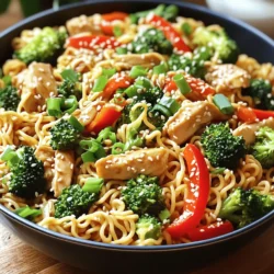 For this dish, you need 2 boneless, skinless chicken breasts. Slice them thinly. Thin slices cook fast and soak up flavors well. Gather these fresh vegetables: - 1 red bell pepper, sliced - 1 green bell pepper, sliced - 1 cup broccoli florets - 4 green onions, chopped These colorful veggies add crunch and nutrition. They also bring a sweet and fresh taste to the noodles. The sauces are key to flavor. You will need: - 4 tablespoons soy sauce - 1 tablespoon oyster sauce (optional) - 1 tablespoon hoisin sauce - 1 tablespoon sesame oil - Salt and pepper to taste These sauces create a rich, savory base. Adjust the salt and pepper to fit your taste. Use 200g of egg noodles. These noodles are soft and soak up the sauce nicely. Cook them according to the package instructions. Drain and set aside while you prepare the other ingredients. With these simple ingredients, you can make a tasty Mongolian chicken noodle dish that everyone will love. Start by boiling water in a large pot. Add 200g of egg noodles to the pot. Cook them as per the package instructions. This usually takes about 3 to 5 minutes. Once cooked, drain the noodles and set them aside. Make sure they are not too sticky. In a large skillet or wok, heat 2 tablespoons of vegetable oil over medium-high heat. Take 2 boneless, skinless chicken breasts and slice them thinly. Add the chicken to the hot skillet. Cook it for about 5 to 7 minutes. Stir the chicken often until it turns golden brown and is no longer pink inside. Once the chicken is ready, add 3 cloves of minced garlic and 1 tablespoon of grated ginger to the skillet. Stir-fry them for about 30 seconds, until they smell great. Now, toss in 1 sliced red bell pepper, 1 sliced green bell pepper, and 1 cup of broccoli florets. Stir-fry everything together for another 3 to 5 minutes. You want the veggies to stay a bit crunchy. In a small bowl, mix 4 tablespoons of soy sauce, 1 tablespoon of oyster sauce (if you want extra flavor), 1 tablespoon of hoisin sauce, and 1 tablespoon of sesame oil. Pour this sauce over the chicken and veggies in the skillet. Stir well to coat everything evenly. Let it cook for a minute to blend the flavors. Now, add the cooked egg noodles to the skillet. Toss everything together until the noodles are well coated with the sauce. If needed, season with salt and pepper to taste. Finally, add 4 chopped green onions right before serving. This adds a fresh touch to your dish. Enjoy your Mongolian Chicken Noodles warm! To get tender chicken, slice the breasts thinly. This helps them cook fast and evenly. Use medium-high heat for a nice sear. Cook until the chicken is browned and no longer pink. This usually takes about 5-7 minutes. If you overcook it, the chicken can become dry. So, watch it closely! For crisp veggies, add them later in the cooking process. Stir-fry them for just 3-5 minutes. This keeps them tender-crisp. The colors should be bright and vibrant. I recommend using fresh bell peppers and broccoli. They add great taste and texture. To boost flavor, consider adding oyster sauce. It adds a rich taste that blends well. You can also sprinkle sesame seeds on top for a nice crunch. Pair your dish with a side of pickled vegetables. They add a tangy contrast that makes each bite exciting! {{image_2}} You can make a tasty vegetarian version of Mongolian chicken noodles. Replace chicken with tofu or tempeh. Tofu soaks up flavors well. Cut it into small cubes, then sauté until golden. Use the same veggies: bell peppers, broccoli, and green onions. Ensure the sauce is still rich and flavorful. This version is just as satisfying! If you love heat, try spicy Mongolian chicken noodles. Add chili flakes or sriracha to the sauce. You can also toss in some sliced jalapeños with the veggies. This adds a nice kick. Adjust the heat to your taste. Just a bit can make your meal exciting! You are not limited to chicken. Use beef, shrimp, or pork instead. Thinly slice beef and cook it until tender. For shrimp, just sauté until they turn pink. Pork works well too; use thin cuts for quick cooking. Each protein brings its own unique flavor. Feel free to mix and match based on what you have! To store your Mongolian chicken noodles, first let them cool down. Place the leftovers in an airtight container. This keeps them fresh. Store the container in the fridge. Your meal will last 3 to 4 days. When you want to eat leftovers, you can reheat them easily. Use a microwave for quick heating. Place the noodles in a bowl and cover them with a damp paper towel. Heat for 1 to 2 minutes. Stir halfway through to ensure even heating. You can also use a skillet. Heat on medium until warmed through. Add a splash of soy sauce for extra flavor! If you want to keep your Mongolian chicken noodles longer, freezing is a great option. First, let the dish cool completely. Then, pack the noodles into freezer-safe bags. Remove as much air as possible. Label the bags with the date. You can freeze them for up to 3 months. When you're ready to eat, thaw them in the fridge overnight. Reheat as mentioned earlier for the best taste. To cook egg noodles, bring a pot of water to a boil. Add a pinch of salt to the water. Cook the noodles for about 5-7 minutes. Stir them occasionally to prevent sticking. Taste them to check if they're tender. Once done, drain and rinse under cold water. This keeps them from getting mushy. Yes, you can use tofu instead of chicken. Tofu is a great plant-based protein. It absorbs flavors well. Use firm or extra-firm tofu for best results. Cut the tofu into cubes and sauté it until golden. Follow the same steps as with chicken. Mongolian Chicken Noodles are not spicy. The flavors come from soy sauce, ginger, and garlic. You can add chili flakes or hot sauce if you like heat. Adjusting spice levels makes the dish fit your taste. Leftovers can last in the fridge for up to 3 days. Store them in an airtight container. Reheat them in a skillet or microwave until hot. You can also freeze leftovers for up to a month. Just make sure to thaw them in the fridge before reheating. This post covered the key ingredients, steps, and tips for making delicious Mongolian chicken noodles. You learned how to cook noodles, prepare the chicken, and add fresh veggies for the best taste. Remember, you can switch ingredients to suit your taste. Try the vegetarian or spicy versions for fun twists. Store leftovers well to enjoy your dish later. Use these tips for great results each time. Enjoy your cooking journey!