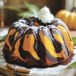 - 1 ¾ cups all-purpose flour - 1 cup granulated sugar - ½ cup brown sugar, packed - ½ cup unsalted butter, softened The main ingredients create the base of our cake. The all-purpose flour gives it structure. The sugars add sweetness and moisture. The butter brings richness and flavor. - 1 teaspoon ground cinnamon - ½ teaspoon ground nutmeg - ½ teaspoon ground ginger - 1 cup pumpkin puree - 1 teaspoon vanilla extract Spices give the cake its warm, fall flavor. Pumpkin puree adds moisture and a beautiful color. Vanilla extract enhances the overall taste and aroma. - 1 cup semi-sweet chocolate chips - 2 tablespoons cocoa powder - 1 tablespoon milk (if needed for consistency) The chocolate components provide a rich, decadent flavor. The chips melt into the batter, while cocoa powder deepens the chocolate taste. Adding milk helps achieve the right consistency for swirling. 1. Preheating the oven and preparing the Bundt pan First, set your oven to 350°F (175°C). Grease a 10-inch Bundt pan well. You can use non-stick spray or butter. Lightly coat it with flour to stop the cake from sticking. 2. Mixing dry ingredients In a medium bowl, whisk together the flour, baking powder, baking soda, salt, cinnamon, nutmeg, and ginger. This helps blend the dry ingredients evenly. Set this bowl aside for later use. 1. Creaming butter and sugars In a large mixing bowl, cream the softened butter with granulated and brown sugars. Use an electric mixer on medium speed. Mix until the mixture is light and fluffy, which takes about 3-4 minutes. 2. Incorporating eggs and pumpkin Add the eggs, one at a time, mixing well after each one. Then, mix in the pumpkin puree and vanilla extract. Make sure everything combines well. 1. Layering pumpkin and chocolate batters Pour half of the pumpkin batter into your prepared Bundt pan. Next, spoon the melted chocolate mixture evenly over the pumpkin batter. Then, add the rest of the pumpkin batter on top. 2. Creating the swirl effect Use a butter knife or a skewer to swirl the chocolate batter into the pumpkin batter. Be gentle and do not over-swirl. You want to see both colors. 1. Baking time and toothpick test Bake the cake in the preheated oven for 45-55 minutes. To check if it’s done, insert a toothpick into the center. It should come out clean when the cake is ready. 2. Cooling the cake Once the cake is baked, let it cool in the pan for about 10-15 minutes. After that, transfer it to a wire rack to cool completely. To achieve the best texture in your Pumpkin Chocolate Swirl Bundt Cake, follow these tips: - Use room temperature ingredients: Make sure your butter and eggs are at room temp. This helps them mix better and gives a light cake. - Don’t overmix: When you combine wet and dry ingredients, mix just until combined. Overmixing can make the cake dense. - Properly prepare your Bundt pan: Grease the pan well and lightly dust it with flour. This helps the cake release easily after baking. Common mistakes to avoid include: - Skipping the toothpick test: Always check if the cake is done by inserting a toothpick. It should come out clean. - Incorrect oven temp: Use an oven thermometer to ensure your oven is at the right temperature. An incorrect temp can affect the baking time. Presentation matters, especially for this cake. Here are some ideas: - Dust with powdered sugar: After cooling, lightly dust the top of the cake for a simple, elegant look. - Drizzle chocolate glaze: Melt chocolate and drizzle it on top for a rich finish. For toppings, consider: - Whipped cream: A dollop of whipped cream on each slice adds creaminess. - Cinnamon sprinkle: A pinch of cinnamon on top gives a lovely aroma and extra flavor. Pairing your cake with the right drinks or sides enhances the experience. Here are some ideas: - Coffee or tea: Warm drinks complement the flavors well. - Ice cream: Vanilla ice cream adds a delicious contrast to the pumpkin and chocolate flavors. Best occasions for serving include: - Fall gatherings: This cake fits perfectly with autumn themes and holidays. - Birthday parties: Its unique flavors make it a hit at any celebration. {{image_2}} You can switch out some ingredients in this cake. Use different sweeteners like honey or maple syrup. They add a unique taste. If you want to reduce sugar, use these alternatives. For flours, try almond or coconut flour. They work well and give a different texture. If you need a dairy-free or vegan option, use coconut oil instead of butter. Replace eggs with flaxseed meal or applesauce. Each substitution can change the taste, but it can still be delicious. Want to add more texture? Toss in some chopped nuts or dried fruits. Walnuts, pecans, or cranberries make great additions. They give a nice crunch and flavor burst. You can also play with spices. Adding cardamom or allspice can give new depth. Experimenting with spice blends can create a cake that feels new every time. Think about making mini bundt cakes or cupcakes. These smaller versions bake faster and are fun for parties. They are easy to serve and share. If you prefer, use a slow cooker. This method gives a moist cake with a soft texture. Just adjust the time and keep an eye on it. It can be a fun way to bake and enjoy this treat. To store leftovers, wrap the cake tightly in plastic wrap. This keeps it moist and fresh. You can also place it in an airtight container. In the fridge, the cake lasts for about 5 to 7 days. Just make sure to check for any signs of spoilage before serving. To freeze the cake, let it cool completely. Then, wrap it in plastic wrap and aluminum foil to avoid freezer burn. It can stay good in the freezer for up to 3 months. When you are ready to enjoy it, move the cake to the fridge overnight. For faster thawing, leave it at room temperature for a few hours. To warm up the cake, preheat your oven to 350°F (175°C). Place the cake on a baking sheet and cover it with foil. Heat for about 10 to 15 minutes. You can also use the microwave; just warm individual slices for about 20 seconds. This keeps the cake soft and fluffy. Don't overheat, as it can dry out the cake. Yes, you can use fresh pumpkin. To do this, select a sugar pumpkin. Bake it until soft, about 45 minutes at 350°F. Let it cool, then scoop out the flesh. Puree it in a food processor until smooth. Use this fresh puree in place of canned pumpkin. A cake can sink for a few reasons. The batter may be too heavy or too much liquid could be added. Overmixing can cause excess air, leading to a collapse. To prevent sinking, make sure to measure ingredients accurately and mix until just combined. Yes, you can make this cake gluten-free. Use a gluten-free all-purpose flour blend, which often includes xanthan gum. This helps mimic the structure that gluten provides. Check labels to ensure your flour mix is suitable for baking. You can check if the cake is done by inserting a toothpick into the center. If it comes out clean or with a few crumbs, the cake is ready. The edges should also pull away slightly from the pan. A golden-brown top is a good sign too. This cake pairs well with a dollop of whipped cream. You can also serve it with a scoop of vanilla ice cream. A drizzle of chocolate glaze adds a nice touch. For drinks, a warm cup of spiced chai or coffee complements the flavors beautifully. This blog covered the key ingredients, steps, tips, variations, and storage for your Pumpkin Chocolate Swirl Bundt Cake. We explored how to blend flavors and achieve the best texture. Remember, baking takes practice and patience. Don't hesitate to experiment with your own twists on this recipe. With the right techniques, you will impress anyone you serve. Enjoy the process and share your delicious results!