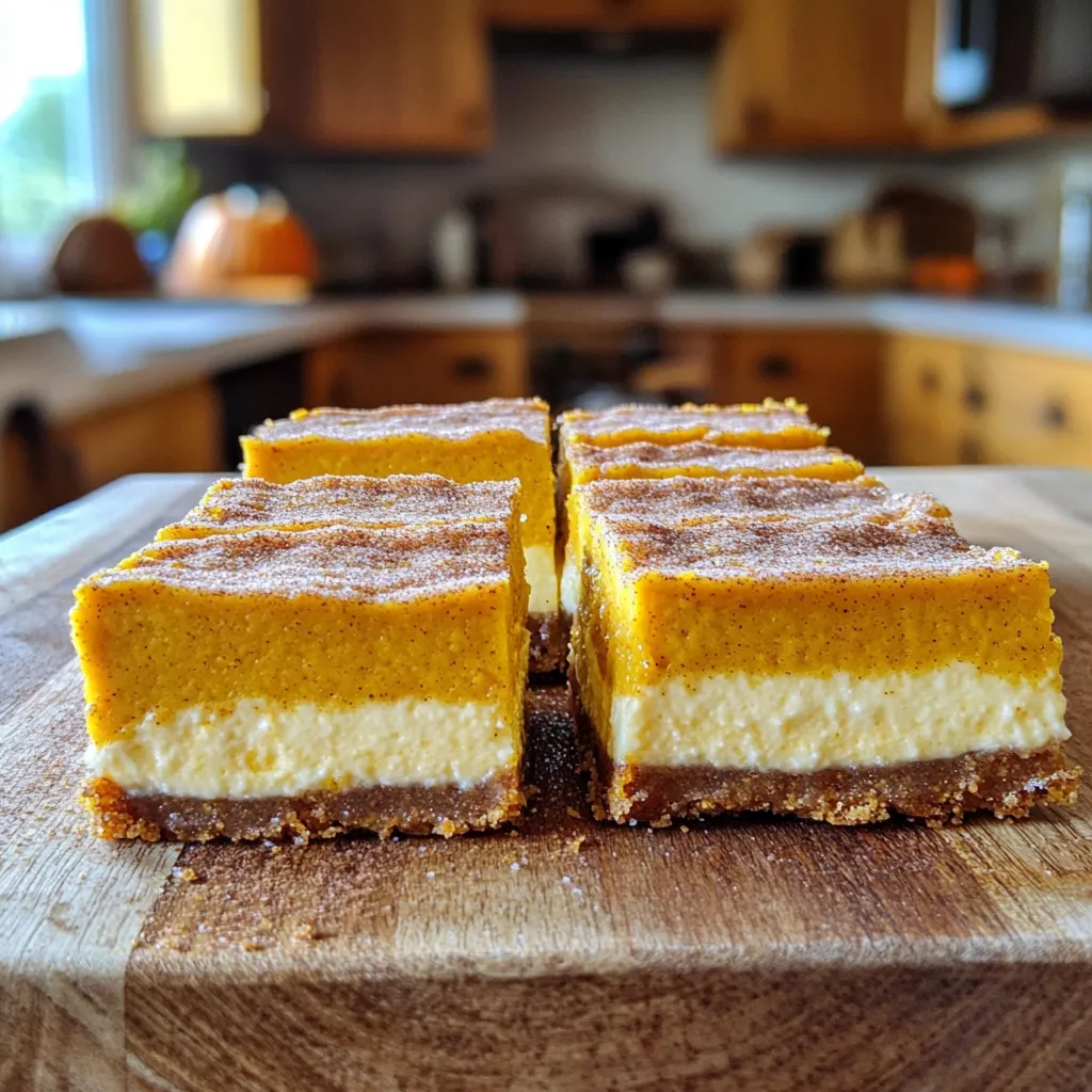 - 16 oz cream cheese, softened - 1 cup pumpkin puree - 1 cup granulated sugar - 2 large eggs - 1 teaspoon vanilla extract - 1 teaspoon ground cinnamon - 1/2 teaspoon nutmeg - 1/4 teaspoon salt In this cheesecake layer, the cream cheese gives a rich base. The pumpkin puree adds flavor and moisture. Sugar sweetens the mix, while eggs help it set. Vanilla extract and spices bring warmth and depth. Salt balances the sweetness perfectly. - 1 1/2 cups all-purpose flour - 1/2 cup granulated sugar - 1/4 teaspoon salt - 1/2 cup unsalted butter, melted - 1 large egg - 1 teaspoon baking powder The churro crust adds a crunchy layer. Flour gives it structure, while sugar adds sweetness. Salt enhances flavor, and melted butter adds richness. The egg binds the crust together. Baking powder helps it rise slightly, giving a nice texture. - 1/4 cup granulated sugar - 1 teaspoon ground cinnamon - 2 tablespoons unsalted butter, melted The topping makes the bars shine. Sugar and cinnamon combine for that classic churro taste. Brushing melted butter on top makes the sugar stick. This adds a sweet, crunchy finish that complements the creamy cheesecake. - Preheat your oven to 350°F (175°C). - Grease a 9x9 inch baking pan or line it with parchment paper. First, gather your ingredients for the crust. In a medium bowl, mix 1 ½ cups of all-purpose flour, ½ cup of granulated sugar, and ¼ teaspoon of salt. Then, stir in ½ cup of melted unsalted butter and 1 large egg. Press the mixture evenly into the bottom of the prepared pan. Bake for 10 minutes and then take it out. Let it cool slightly while you prepare the filling. Start with 16 ounces of softened cream cheese. Beat it in a large bowl until smooth. This step is key for a creamy texture. Next, add 1 cup of pumpkin puree, 1 cup of granulated sugar, 2 large eggs, 1 teaspoon of vanilla extract, 1 teaspoon of ground cinnamon, ½ teaspoon of nutmeg, and ¼ teaspoon of salt. Mix everything until it's all well combined and smooth. Your filling should be thick and creamy. Now, pour the cheesecake filling over the baked crust. Spread it out evenly with a spatula. Bake in the preheated oven for 40 to 45 minutes. The edges should be set, but the center can still jiggle a bit. Keep an eye on it, so it does not overcook. While the cheesecake bakes, mix together ¼ cup of granulated sugar and 1 teaspoon of ground cinnamon in a small bowl. This will be your churro topping. When the cheesecake is done, remove it from the oven and let it cool for about 10 minutes. Brush the top with 2 tablespoons of melted unsalted butter. Then, sprinkle the cinnamon sugar mixture over the buttered surface. Let the cheesecake bars cool completely at room temperature. Once they are cool, put them in the fridge for at least 2 hours. This step helps the bars set properly. When ready to serve, cut the chilled cheesecake into squares. Enjoy these delicious pumpkin churro cheesecake bars! To get that creamy cheesecake texture, start with soft cream cheese. Leave it out at room temperature for about an hour. If you're short on time, cut it into small cubes. This helps it soften faster. To avoid lumps, mix the cream cheese first. Beat it until smooth before adding other ingredients. When you add the pumpkin and eggs, keep mixing. This ensures a smooth filling. Want to boost the flavor? You can add more spices. Try a pinch of clove or allspice for extra warmth. If you like a little kick, add a dash of ginger. Flavored extracts can also help. Almond or maple extract can add a unique twist. Just use them sparingly, as they can be strong. A soggy crust is a common issue. To prevent this, make sure you bake the crust first. This step creates a barrier and keeps it crunchy. To achieve a crispy bottom, press the crust mixture firmly. This helps it hold its shape. Bake it until it’s lightly golden. This means it will stay firm when you add the cheesecake layer. {{image_2}} To make these bars gluten-free, swap all-purpose flour with a gluten-free flour blend. Look for blends that include xanthan gum. This helps mimic the texture of regular flour. Brands like Bob's Red Mill or King Arthur Flour work well. Just replace the 1 ½ cups of all-purpose flour with the same amount of gluten-free flour. You can create a vegan version of these bars too! For the cream cheese, use a dairy-free alternative. Brands like Tofutti or Kite Hill offer great options. To replace eggs, use flaxseed meal. Mix 1 tablespoon of flaxseed meal with 2.5 tablespoons of water. Let it sit for 5 minutes to thicken. This acts as a binder in your cheesecake. Want to mix things up? Add chocolate chips or nuts for extra texture. I love using dark chocolate chips, but any type works. For a fruity twist, consider adding mashed bananas or pureed apples. You can also try different spices like ginger or cloves for a unique flavor. To keep your pumpkin churro cheesecake bars fresh, store them in the fridge. Use an airtight container to prevent drying out. Place parchment paper between layers if you stack them. Enjoy the bars within 5 to 7 days for the best taste. For long-term storage, freezing works well. Cut the bars into squares before freezing. Wrap each piece in plastic wrap and place them in a freezer-safe bag. They can last for up to three months in the freezer. To thaw, move the bars to the fridge overnight. This keeps the texture nice and creamy. Enjoy them chilled or at room temperature for a tasty treat! Yes, you can make these bars ahead of time. I often prepare them a day before serving. This way, the flavors meld nicely. To store, let the bars cool completely. Cut them into squares and place them in an airtight container. Keep them in the fridge for up to five days. You can also freeze them. Wrap each square in plastic wrap, then place them in a freezer bag. They will last for up to three months. If you don’t have pumpkin puree, you can use butternut squash puree as a substitute. The ratio is one-to-one. You can also use other pureed fruits like sweet potato or even applesauce. Each will give you a unique flavor. Just remember, the texture may vary slightly. To check if the bars are done, look for set edges. The center should have a slight jiggle. You can also insert a toothpick. If it comes out clean or with a few moist crumbs, they are ready. Avoid overbaking; this keeps the cheesecake creamy and soft. You’ve learned how to create tasty Pumpkin Churro Cheesecake Bars. We covered the ingredients, step-by-step instructions, tips, variations, and storage info. These bars blend creamy pumpkin cheesecake and a crunchy churro crust. You can adjust flavors or make them gluten-free and vegan, too. Enjoy these treats fresh, or store them for later. Get ready to impress with your baking!