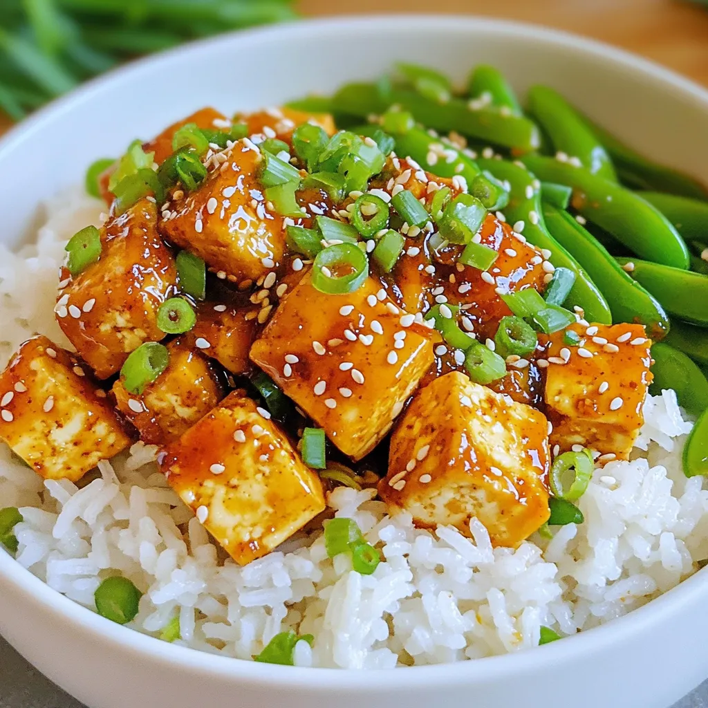 - 1 ½ cups cooked jasmine rice - 1 block (14 oz) firm tofu, drained and cubed - 2 tablespoons cornstarch - 1 tablespoon red chili paste (adjust to taste) - 2 tablespoons soy sauce - 1 tablespoon rice vinegar - 1 teaspoon sesame oil - ½ cup green onions, chopped - 1 cup snap peas (or your favorite vegetables) - Sesame seeds for garnish The main ingredients in this dish are simple but flavorful. Cooked jasmine rice serves as the base of our bowl. It adds a light, fragrant taste that pairs well with the tofu and sauce. The tofu gives us protein and a meaty texture. I like to use firm tofu for its structure. It holds up well when cooked. Cornstarch is key for our tofu. It coats the cubes and helps create a crispy crust when we cook it. This texture adds an exciting crunch to our dish. Next, we have the sauce ingredients. Red chili paste brings heat and flavor. You can adjust the amount based on your spice level. Soy sauce adds a salty depth, while rice vinegar gives us a tangy kick. The sesame oil rounds out the flavors with a nutty aroma. Finally, we garnish our bowls with fresh green onions and sesame seeds. The green onions add a fresh, sharp taste, while the sesame seeds give a nice crunch. Snap peas are my favorite vegetable for this dish. They add sweetness and a crisp bite. This combination of ingredients makes a delicious and satisfying meal. - Coating with cornstarch: Start by draining your block of firm tofu. Cut it into small cubes. In a bowl, toss the tofu with cornstarch. Make sure each piece is well coated. This coating helps to create a crispy surface when cooked. - Cooking till crispy: Heat two tablespoons of vegetable oil in a large skillet on medium-high heat. Once the oil is hot, add the tofu cubes in a single layer. Cook for about five minutes, turning them occasionally. You want them golden and crispy on all sides. After cooking, take the tofu out of the skillet and set it aside. - Cooking garlic until fragrant: In the same skillet, add the last tablespoon of vegetable oil. Then, add four cloves of minced garlic. Sauté for about thirty seconds. You will know it’s ready when it smells amazing. - Adding snap peas for texture: Next, toss in one cup of snap peas. Stir and cook for three to four minutes. You want them tender but still crisp. This adds a nice crunch to your dish. - Mixing sauce ingredients: In a small bowl, mix together one tablespoon of red chili paste, two tablespoons of soy sauce, one tablespoon of rice vinegar, and one teaspoon of sesame oil. This sauce is key for flavor. - Tossing tofu and vegetables together: Pour the sauce over the vegetables in the skillet. Stir to combine. Gently return the crispy tofu to the skillet. Carefully toss everything together. Cook for one to two more minutes until heated through. This step helps the tofu soak up all the tasty flavors. To make crispy tofu, cornstarch is your best friend. It gives the tofu a nice crunch. Coat the cubed tofu well with cornstarch. This step is key. It helps the tofu crisp up while cooking. Also, cook the tofu in a single layer. If the pieces are too close, they will steam instead of crisp. Use a large skillet to give each piece space. You can change the spice level with chili paste. Add more or less to suit your taste. If it’s too spicy, balance it with vinegar or soy sauce. Rice vinegar adds a tangy taste. Soy sauce brings in savory notes. Mixing these flavors creates a delicious sauce that ties the dish together. Pair your rice bowls with other side dishes. A simple salad or steamed vegetables works well. For garnishes, sliced green onions and sesame seeds add color and crunch. They make the dish look appealing and add flavor. Serve it hot for the best taste. {{image_2}} You can switch tofu with tempeh or chicken. Tempeh gives a nuttier taste. It also packs more protein. Simply cube it as you would tofu. For chicken, cut it into bite-sized pieces. Cook it until golden brown, just like the tofu. Adjust cooking time as necessary. You can use many vegetables for this dish. Try bell peppers, broccoli, or carrots. These add color and crunch. Seasonal veggies work great too. In summer, use zucchini or fresh corn. In winter, try root veggies like sweet potatoes. Just remember to chop them small for even cooking. Want to spice things up? Add more herbs or spices. Try fresh basil or cilantro for a fresh twist. You can also mix in different sauces. A splash of sriracha can add heat. For a sweet touch, drizzle in some honey or maple syrup. Explore flavors to make this dish your own! To store leftovers, let your Minute Chili Garlic Tofu Rice Bowls cool first. Place the rice and tofu mixture in an airtight container. Seal it well to keep out air. Store it in the fridge for up to three days. For best results, use glass containers. They do not stain or hold onto odors. They also help you see what’s inside easily. For reheating, the best method is using the stove. Heat a pan over medium heat. Add a splash of water or oil. This helps keep the tofu moist. Stir gently until heated through. If you use a microwave, cover the bowl with a lid or wrap. Heat in short bursts, checking often. This helps prevent soggy tofu. You can freeze both cooked rice and tofu. To do this, let them cool completely. Divide the rice and tofu into portions. Place in freezer-safe bags or containers. Remove as much air as possible before sealing. For thawing, place the frozen items in the fridge overnight. If you're in a hurry, use the microwave's defrost setting. Reheat thoroughly before serving. This keeps your meal tasty and safe. Yes, this recipe is already vegan. The main ingredient, tofu, is plant-based. If you want to ensure all ingredients are vegan, check the soy sauce. Some brands use fish sauce. You can also use tamari for a gluten-free option. This recipe takes about 25 minutes in total. Here’s the breakdown: - Prep time: 10 minutes - Cook time: 15 minutes For a well-rounded meal, serve fresh salads or steamed veggies. A cucumber salad adds crunch. Roasted Brussels sprouts pair well too. You can also serve with pickled carrots for a tangy touch. Yes, you can use brown rice. It has a chewier texture and nuttier flavor compared to jasmine rice. Cooking time will be longer, so plan accordingly. Brown rice takes about 40-45 minutes to cook. Adjust your meal prep to fit this change. This article covered how to make a flavorful dish using simple ingredients. We discussed cooking crispy tofu, mixing a delicious sauce, and adding fresh vegetables. Remember to choose your favorite proteins and customize your flavors. Storing leftovers correctly keeps them fresh for later meals. With these tips, you can enjoy many variations of this dish. Try these ideas, and make the recipe your own. Have fun cooking!