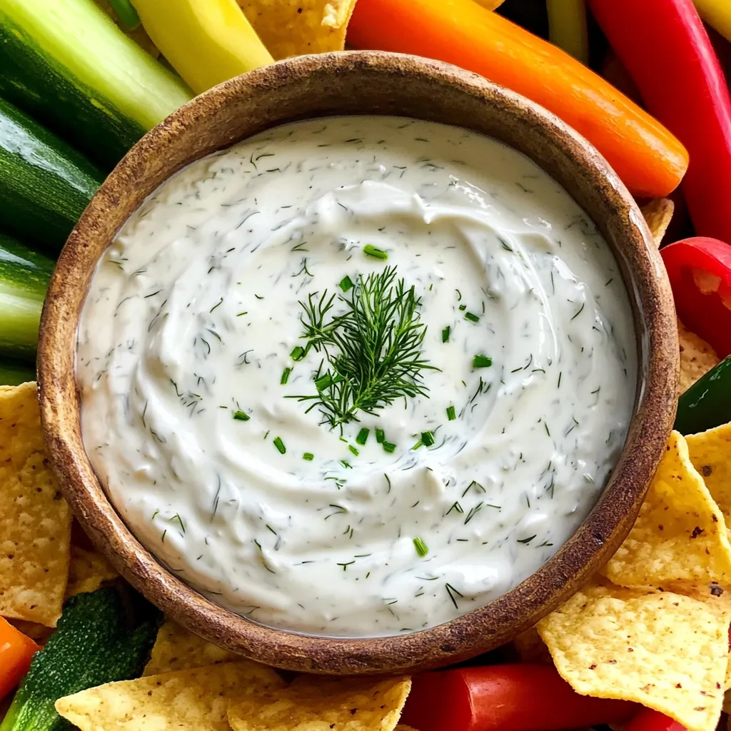 For this tasty dip, you need: - 1 cup plain Greek yogurt - 1/2 cup buttermilk - 1 tablespoon fresh dill, chopped - 1 tablespoon fresh chives, chopped - 1 tablespoon lemon juice - 1 teaspoon garlic powder - 1 teaspoon onion powder - 1/2 teaspoon dried parsley - 1/4 teaspoon salt (adjust to taste) - 1/4 teaspoon black pepper (freshly ground) Each ingredient adds a unique flavor. Greek yogurt gives a creamy base. Buttermilk adds tanginess. Fresh herbs bring freshness, while spices enhance taste. You can add more ingredients for a twist: - 1 teaspoon smoked paprika - 1 teaspoon hot sauce - 1 tablespoon of fresh basil, chopped - A squeeze of lime juice These extras let you customize the dip. Smoked paprika adds warmth, while hot sauce can give heat. Fresh basil brings a sweet flavor, and lime juice adds zest. When choosing fresh herbs, look for: - Bright color and no brown spots - A strong aroma - Firm leaves Fresh herbs make your dip pop. Store them in water or wrap in a damp towel. This keeps them fresh longer. If you can, buy them from local markets. They often have better flavor than grocery store herbs. Start with a medium bowl. Add 1 cup of plain Greek yogurt and 1/2 cup of buttermilk. Whisk them together until the mix is smooth. This creates a creamy base for your dip. Next, add 1 tablespoon each of fresh dill and chives. Pour in 1 tablespoon of lemon juice too. Stir well, so the herbs spread evenly. Then, mix in 1 teaspoon each of garlic powder and onion powder. Add 1/2 teaspoon of dried parsley, 1/4 teaspoon of salt, and 1/4 teaspoon of black pepper. Blend all the ingredients together. Taste the dip. You can add more salt or lemon juice if you want. Cover the bowl with plastic wrap or a lid. Place it in the fridge for at least 30 minutes. This chilling time helps the flavors mix together. When ready to serve, enjoy this dip with fresh veggies, tortilla chips, or as a spread for sandwiches. To make the best ranch dip, start with fresh ingredients. Use plain Greek yogurt for creaminess. Buttermilk adds a nice tang. Make sure to whisk them until smooth. Then, add chopped dill and chives for bright flavor. Mix in lemon juice for a zesty kick. Use garlic powder and onion powder for depth. Always taste your dip and adjust the salt and lemon juice as needed. This ensures the perfect balance! Store your Greek yogurt ranch dip in an airtight container. It will stay fresh for up to five days in the fridge. If you notice any changes in smell or color, it's best to toss it. You can also freeze the dip for later use. Just remember to thaw it in the fridge before serving. The texture may change a bit, but the flavor will still be great! If you want more heat, add a pinch of cayenne pepper or some hot sauce. This gives the dip a spicy twist. For a milder taste, skip the spices and focus on the herbs. You can also add extra lemon juice for brightness. Experiment with different herbs to find your favorite mix. Each tweak can change the flavor profile, making it your own special dip! {{image_2}} You can make this dip dairy-free. Use a dairy-free yogurt. Look for brands made from almond or coconut. These options give you a creamy base. You might also want to use non-dairy milk instead of buttermilk. This keeps the texture smooth and tasty. Herbs add a fresh taste. Try using parsley, basil, or cilantro. Each herb gives a unique flavor twist. You can mix and match herbs to find your favorite blend. For a bolder taste, add thyme or oregano. Feel free to adjust the amount based on your taste. If you like spice, add a kick to your ranch dip. You can mix in crushed red pepper flakes. This will give your dip some heat. Another option is to use hot sauce. A few drops can change the flavor and spice level. For a different heat, diced jalapeños work well too. Greek yogurt is a great choice for a dip. It has more protein than regular yogurt. This helps you feel full and keeps you strong. Greek yogurt also contains probiotics. These are good bacteria that help your tummy. Eating Greek yogurt can help with digestion. It is lower in sugar than many other dips, too. For this Greek yogurt ranch dip, a serving is about two tablespoons. Each serving has around 50 calories. This is much lower than typical ranch dips. Here is the calorie breakdown: - Greek yogurt: 20 calories - Buttermilk: 10 calories - Herbs and spices: 5 calories - Total: 50 calories This makes it a tasty option for snacks without many calories. This dip is great for many diets. It is low in carbs, making it good for keto eaters. The dip is also gluten-free. You can enjoy it without worry if you have a gluten issue. It fits well into a healthy lifestyle. You can pair it with fresh veggies, chips, or spreads. Enjoy the flavors while staying healthy! Greek Yogurt Ranch Dip stays fresh for about 3 to 5 days in the fridge. Store it in an airtight container. This keeps the dip safe and tasty. Always check for any off smell or change in texture before serving. Yes, you can make this dip ahead of time. In fact, I recommend it! Letting it chill for a few hours enhances the flavors. Make it the night before a party or meal. Just give it a good stir before serving. You can serve this dip with many tasty options. Here are some ideas: - Fresh veggies like carrots, celery, and bell peppers - Tortilla chips for a crunchy bite - Pita chips for a light snack - Spread it on sandwiches for extra flavor Feel free to get creative with your pairings! You can use other types of yogurt, but Greek yogurt is best. It gives a thick and creamy texture. If you want a lighter dip, use regular yogurt. Just keep in mind, the dip may be thinner, so adjust the buttermilk as needed. Greek Yogurt Ranch Dip offers a tasty twist on a classic favorite. We discussed essential ingredients and tips to enhance flavor. You now know the step-by-step process to prepare and serve this dip. Remember to pick fresh herbs for the best taste. You can also explore dairy-free options or spice it up as you wish. Greek yogurt adds health benefits, making your dip both tasty and nutritious. Enjoy your fresh dip with great snacks!