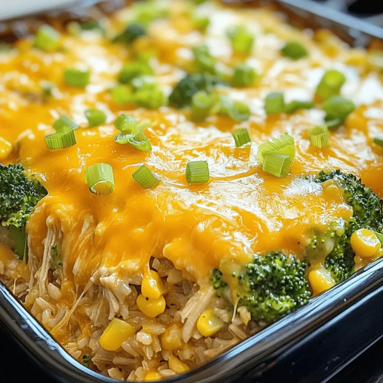 - 2 cups cooked brown rice - 2 cups cooked, shredded chicken - 1 cup broccoli florets (fresh or frozen) - 1 cup corn (frozen or canned, drained) - 1 cup shredded cheddar cheese - 1 cup cream of chicken soup (or homemade) - 1 cup chicken broth - 1 teaspoon garlic powder - 1 teaspoon onion powder - ½ teaspoon paprika - Salt and pepper to taste - ½ cup green onions, chopped (for garnish) Gather these ingredients before you start. Each one plays a key role in creating a rich, flavorful dish. The brown rice adds heartiness, while the chicken provides protein. Broccoli and corn add nutrition and crunch. Cheddar cheese gives that gooey, cheesy goodness we love. The cream of chicken soup brings it all together, making it creamy and delicious. You can use leftover chicken or rotisserie chicken to save time. Fresh or frozen broccoli works well, so use what you have. This dish is all about convenience and flavor. Make sure to have garlic powder and onion powder on hand. They bring out the best flavors in the casserole. The paprika adds a nice touch of color and warmth. Don't forget to season it with salt and pepper to taste. Finally, green onions are used for garnish. They add a fresh crunch on top. This simple list of ingredients makes a comforting meal. - First, take a large mixing bowl. - Combine 2 cups of cooked brown rice, 2 cups of shredded chicken, 1 cup of broccoli florets, and 1 cup of corn. - Add half of the shredded cheddar cheese to this mix. - In a separate bowl, mix 1 cup of cream of chicken soup, 1 cup of chicken broth, 1 teaspoon of garlic powder, 1 teaspoon of onion powder, and ½ teaspoon of paprika. - Add salt and pepper to taste. - Blend until smooth. - Pour this creamy sauce over the rice and chicken mix. - Stir gently until all is coated well. - Now, transfer the mixture to the slow cooker. Spread it out evenly. - Set your slow cooker to low for 3-4 hours or high for 1.5-2 hours. - About 10 minutes before it’s done, sprinkle the rest of the shredded cheddar cheese on top. - Cover it to let the cheese melt nicely. - To check if it’s done, ensure the broccoli is tender and heated through. - Stir gently before serving to mix in that melted cheese. - Best practices for ingredient substitution: If you don’t have brown rice, use white rice. You can swap out broccoli for green beans or peas. If you lack cream of chicken soup, use a homemade version or cream of mushroom soup. Adjust spices to your taste. - Temperature settings for optimal results: I recommend cooking on low for 3-4 hours. This allows the flavors to meld well. If you are in a hurry, use high for 1.5-2 hours. Always check the doneness of the broccoli; it should be tender but not mushy. - Importance of gentle stirring: When mixing ingredients, stir gently. This helps keep the chicken and rice intact. Don’t over-mix; you want those layers of flavor to shine through. - Presentation tips for serving: Serve the casserole in a large, shallow dish for a beautiful display. The melted cheese should be the star of the show. For a pop of color, sprinkle chopped green onions over the top. - Ideal side dishes to complement the casserole: A side salad pairs perfectly with this dish. You can also serve garlic bread for a comforting touch. Steamed veggies work well too, adding freshness to your meal. - Garnishing ideas for visual appeal: Consider adding diced tomatoes or sliced olives on top. Fresh herbs like parsley or cilantro can add a nice touch. A sprinkle of paprika also enhances the look and adds a hint of flavor. {{image_2}} You can easily swap ingredients in this cheesy chicken rice casserole. For added color and flavor, try adding bell peppers or peas. These veggies bring a nice crunch and extra nutrients. You can also use different cheeses. If you love a stretchier cheese, go for mozzarella. For a spicy kick, pepper jack works great! If you need gluten-free options, use a gluten-free cream of chicken soup. You can find this at most stores. Or you can make your own using gluten-free ingredients. If you want to make this dish dairy-free, substitute the cheese with a dairy-free cheese. You can also use coconut milk instead of cream of chicken soup for a lighter option. Low-fat versions of cheese also work well if you're watching calories. To store your Cheesy Chicken Rice Casserole, let it cool first. Use an airtight container to keep the flavors fresh. Place the leftovers in the fridge. They will stay good for about 3 to 4 days. Make sure to label the container with the date. This helps you track how long it's been stored. You can also freeze this casserole for later use. To do this, let it cool down fully. Then, divide it into portions. Wrap each portion tightly in plastic wrap or foil. Place the wrapped portions in a freezer-safe bag. This will help keep the dish fresh for up to 3 months. When you're ready to eat, thaw the casserole in the fridge overnight. To reheat, pop it in the oven at 350°F (175°C) until warm. If using a microwave, heat it on medium power in short bursts. Stir in between to heat evenly. Can I use raw chicken instead of cooked? No, you should not use raw chicken. This recipe calls for cooked, shredded chicken. Raw chicken needs longer cooking times to ensure it is safe to eat. Using cooked chicken saves time and makes the dish easier to prepare. How do I adjust cooking times for high altitude? At high altitudes, food cooks faster. You may need to check the casserole a bit earlier. Start checking for doneness 30 minutes before the suggested time. This helps prevent overcooking. Is it possible to make this dish ahead of time? Yes, you can prepare it in advance. Mix the ingredients and store them in the fridge. When you’re ready, just add them to the slow cooker. This saves time on busy days. What to do if the casserole turns out too dry or too wet? If your casserole is dry, add a splash of chicken broth. Stir it well to mix. If it’s too wet, let it cook longer with the lid off. This helps reduce extra moisture. How to fix an overcooked casserole If you overcook the casserole, it may become mushy. To fix this, try adding some fresh ingredients. A bit of fresh broccoli or a sprinkle of cheese can help balance the texture. This blog post provided a complete guide to making a delicious casserole. We covered the required ingredients, step-by-step cooking instructions, and helpful tips. You learned how to adjust the recipe for your needs and store any leftovers properly. In conclusion, this dish is not only easy to make but also versatile. Experiment with ingredients and flavors to make it your own. Enjoy sharing this meal with family and friends. You can make mealtime special with this comforting dish.