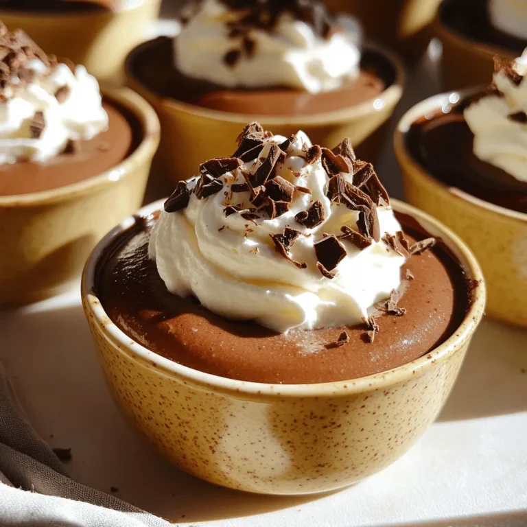 For this delightful mousse, gather these main ingredients: - 1 cup cottage cheese, preferably low-fat - 1/2 cup unsweetened cocoa powder - 1/4 cup brewed espresso, cooled - 1/4 cup honey or maple syrup (adjust for sweetness) - 1 teaspoon vanilla extract - 1/2 teaspoon instant coffee granules - Pinch of salt These items create a rich, creamy texture with a chocolatey coffee flavor. Using low-fat cottage cheese makes this dessert lighter but still tasty. To make your mousse even more special, consider these toppings: - Whipped cream - Dark chocolate shavings - Cocoa nibs These add texture and a visual appeal. Just sprinkle them on top before serving for a nice finish. If you want to change things up, here are some substitutions: - Swap cottage cheese for Greek yogurt for a creamier texture. - Use agave syrup instead of honey or maple syrup for a vegan option. - Replace espresso with strong brewed coffee for a similar taste. These swaps keep the mousse delicious while catering to your needs. Feel free to get creative! To start, gather all your ingredients. You will need: - 1 cup cottage cheese, preferably low-fat - 1/2 cup unsweetened cocoa powder - 1/4 cup brewed espresso, cooled - 1/4 cup honey or maple syrup - 1 teaspoon vanilla extract - 1/2 teaspoon instant coffee granules - A pinch of salt Next, grab your blender or food processor. Add the cottage cheese, cocoa powder, cooled espresso, honey or maple syrup, vanilla extract, instant coffee granules, and salt. Blend until everything is smooth. You want it creamy with no lumps. Scrape the sides of the blender to mix well. Taste it. If you want it sweeter, add more honey or syrup and blend briefly. Once it is smooth, transfer the mousse to serving cups or a large bowl. Cover it and place it in the fridge for at least one hour. This step helps the mousse set and flavors come together. For the best texture, use a good blender. If your blender struggles, add a splash more espresso to help it mix. Make sure to stop and scrape down the sides. This ensures all the cottage cheese blends well. If you see any lumps, keep blending. A smooth mousse is key to enjoying each bite. When ready to serve, gently stir the mousse to make it fluffy. You can top each serving with whipped cream for a nice touch. Dark chocolate shavings or cocoa nibs add a fancy look. Arrange your cups on a platter for a special presentation. It makes a great dessert for guests or a treat just for you. Enjoy! To get a smooth and creamy mousse, start with low-fat cottage cheese. Blend it well with the cocoa powder, espresso, and other ingredients until you see no lumps. If your blender struggles, stop and scrape down the sides. This helps mix everything evenly. The goal is a silky texture that feels good in your mouth. Taste your mousse after blending. If it’s not sweet enough, add more honey or maple syrup. Mix again briefly to blend it in. You can use agave syrup or stevia if you prefer low-sugar options. Each sweetener brings a unique flavor, so try what you like best! If you have leftover mousse, store it in an airtight container. Keep it in the fridge for up to three days. Before serving, give it a gentle stir. This helps to refresh its texture. You can also top it with whipped cream or chocolate shavings right before serving to keep it looking fresh. {{image_2}} You can make this mousse dairy-free and vegan without losing flavor. Use silken tofu instead of cottage cheese. Blend it the same way. For sweetness, choose maple syrup or agave nectar. Use vegan chocolate for toppings, like coconut whipped cream, to keep it plant-based. Want to kick up the flavor? You can add spices like nutmeg or cinnamon. Just a pinch can make a big difference. Try one or both to find your favorite taste. You can also mix in some orange zest for a bright twist. This adds a lovely aroma and depth to the mousse. Serving this mousse can be fun and creative. You can layer it in parfait glasses with fresh fruit or granola. It looks beautiful and tastes great. For a simple option, serve it in dessert cups and top with whipped cream and dark chocolate shavings. Cocoa nibs also add crunch and a rich chocolate taste. To keep your Mocha Cottage Cheese Mousse fresh, store it in the fridge. Use airtight containers to prevent any odors from mixing. Make sure to cover the mousse well if you use bowls. This keeps it smooth and creamy. Your mousse lasts about 3 to 5 days in the fridge. After this time, it may lose its taste and texture. Always check for any changes in smell or texture before eating. You don't need to heat this mousse. It’s best served cold. If it seems a bit thick after storage, stir in a splash of brewed espresso or milk. This will help bring back its smooth consistency. Enjoy your delicious mousse! Yes, you can use different cheeses. Ricotta or cream cheese works well too. These cheeses change the mousse's taste and texture. Ricotta adds a creamier feel. Cream cheese gives it a richer flavor. Just remember, the mousse may not be as light as with cottage cheese. The mousse should chill for at least one hour. This time helps it set and blend the flavors. If you can wait longer, chill it for two to three hours. The longer it sits, the better it tastes. Yes, it can be healthy! Cottage cheese gives protein and calcium. Using honey or maple syrup as a sweetener keeps it natural. The cocoa powder adds antioxidants too. Just watch the portion size if you want to keep it light. This blog post covered how to make a delicious Mocha Cottage Cheese Mousse. We explored the main ingredients, optional toppings, and ways to substitute. I shared step-by-step instructions for preparation, blending, and presentation. You learned tips for the best texture and how to store leftovers. We also discussed variations, including dairy-free options and flavor enhancements. In conclusion, you now have all the tools to create this tasty dessert that is easy to modify and enjoy. Get started and savor each bite!