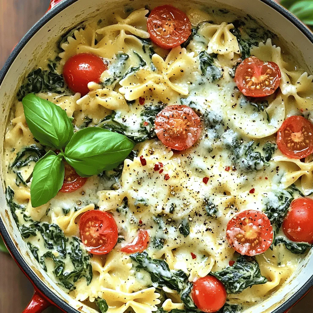- 12 oz spaghetti or your favorite pasta - 3 cups fresh baby spinach, roughly chopped - 1 cup cherry tomatoes, halved - 3 cloves garlic, minced - 4 cups vegetable broth - 1 cup grated Parmesan cheese - 1 tablespoon olive oil When choosing pasta, I love using spaghetti, but you can use any pasta you enjoy. The fresh spinach adds a nice touch, giving the dish color and nutrition. Cherry tomatoes bring sweetness and juiciness. Garlic gives depth and a warm aroma that fills your kitchen. - 1 teaspoon red pepper flakes (optional) - Salt and pepper to taste - Fresh basil leaves for garnish (optional) For a little heat, consider adding red pepper flakes. Adjust the salt and pepper to your liking. The Parmesan cheese is key for creaminess and flavor. If you like a bit of freshness, add some basil leaves on top when serving. This meal is simple yet packed with flavor and nutrients. Start by heating a large pot or Dutch oven over medium heat. Pour in the olive oil and let it warm up. Add the minced garlic and sauté for about one minute. You want the garlic to smell great but not brown. This step brings out its flavor. Next, pour in four cups of vegetable broth. Turn up the heat until it boils. Once the broth is boiling, add 12 ounces of spaghetti or your favorite pasta. Stir it well and cook according to the package instructions, which is usually around eight to ten minutes. Keep an eye on it. When the pasta is almost done, add three cups of roughly chopped fresh spinach and one cup of halved cherry tomatoes. Cook for an extra two to three minutes. The spinach should wilt, and the tomatoes will soften. Take the pot off the heat. Now, stir in one cup of grated Parmesan cheese. Mix until the cheese melts and makes the pasta creamy. If you like a bit of heat, sprinkle in one teaspoon of red pepper flakes. Taste the pasta and add salt and pepper as needed. If it seems dry, add a splash more broth to get the right texture. Serve hot, and if you want, garnish with fresh basil leaves. Enjoy your meal! For one-pot dishes, you want pasta that cooks well and absorbs flavors. Spaghetti is a great choice. It cooks evenly and mixes well with sauce. You can also use penne or fusilli. These shapes hold sauce and bits of spinach well. To get that creamy texture, add cheese at the end of cooking. Turn off the heat before adding Parmesan. This helps it melt smoothly. Stir gently to mix it in. If you find it too thick, add a splash of broth. This keeps the dish creamy, not dry. You can boost flavor with herbs and spices. Fresh basil brings a nice touch. Try adding dried oregano or thyme for warmth. For a kick, include red pepper flakes. Just a pinch can make a big difference. Experiment with what you like best! {{image_2}} You can add more fun to your One-Pot Spinach Parmesan Pasta. Try adding other veggies like bell peppers or zucchini. They bring color and crunch. Just chop them into small pieces. Add them with the garlic to let them cook well. Want to make your meal heartier? Think about adding protein. Chicken, shrimp, or even beans work great. Cook them in the pot first if they need more time. If using cooked chicken or shrimp, add them when you mix in the spinach and tomatoes. If you need a gluten-free option, no problem! Use gluten-free pasta. Many brands offer great choices. Just follow the package directions for cooking times. This way, everyone can enjoy the dish. To store leftovers, let the pasta cool down. Place it in an airtight container. You can keep it in the fridge for 3 to 4 days. Make sure to cover it well to avoid drying out. The best way to reheat this dish is on the stove. Add a splash of broth or water to keep it moist. Heat it over low heat, stirring gently. You can also use the microwave. Heat in short bursts, stirring in between. This helps keep the pasta creamy. Yes, you can freeze One-Pot Spinach Parmesan Pasta! To freeze, let it cool completely first. Then, place it in a freezer-safe container. It can last up to 2 months in the freezer. When ready to eat, thaw it overnight in the fridge. Reheat as described above for the best results. Making One-Pot Spinach Parmesan Pasta is quick. It takes about 10 minutes to prep. The cooking time is around 10 minutes. In total, you need just 20 minutes. You can enjoy a delicious meal in no time! Yes, you can use frozen spinach. Frozen spinach is already cooked and chopped. It saves time, but it may change the texture. Fresh spinach wilts nicely and adds color. If using frozen, add it when the pasta is almost done. This helps keep the dish vibrant and tasty. If you don’t have Parmesan, try other cheeses. Pecorino Romano is a great option. It has a similar taste but is saltier. You can also use nutritional yeast for a vegan option. It gives a cheesy flavor without dairy. Another choice is cheddar or mozzarella for a milder taste. In this article, we explored how to make One-Pot Spinach Parmesan Pasta. We covered key ingredients, step-by-step instructions, and helpful tips. You can choose the right pasta and enhance flavors easily. We also discussed variations for different diets and how to store leftovers. Cooking should be fun and simple. With these tips and tricks, you can create a tasty meal that fits your needs. Enjoy your cooking adventure!