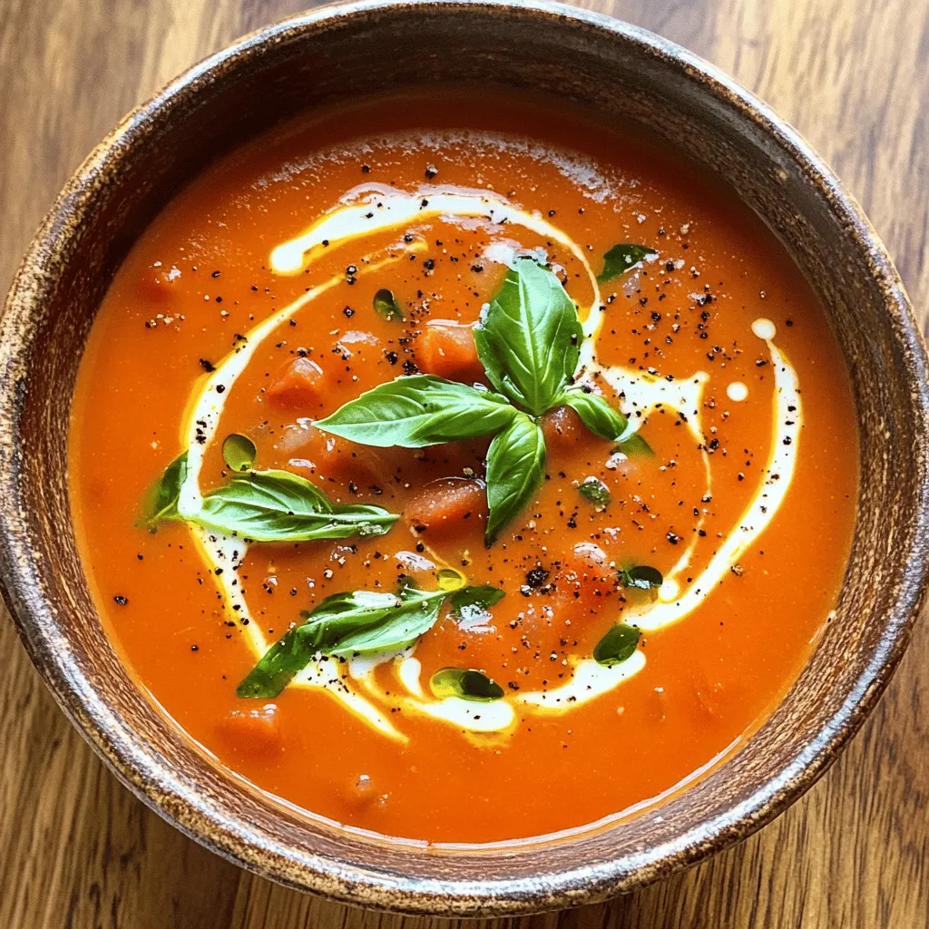 - 2 cans (14 oz each) diced tomatoes - 1 medium onion, chopped - 3 cloves garlic, minced - 1 cup vegetable broth - 1 cup heavy cream or coconut cream - 1 teaspoon dried basil or 1 tablespoon fresh basil, chopped - 1 teaspoon sugar (optional) - Salt and pepper to taste - Olive oil for sautéing - Fresh basil leaves for garnish To make Slow Cooker Creamy Tomato Basil Soup, gather the ingredients above. Each item plays a key role. The diced tomatoes form the base. They add sweetness and tang. Chopped onion and minced garlic bring depth and flavor. Vegetable broth adds richness. The cream makes it smooth and creamy, perfect for a cozy meal. You can choose between heavy cream or coconut cream. Coconut cream is great for those who avoid dairy. Basil adds a fresh taste. Sugar helps balance the soup's acidity, but it's optional. Season with salt and pepper to enhance all the flavors. Olive oil is needed for sautéing the onion and garlic, giving them a nice golden color. Finally, fresh basil leaves make a beautiful garnish. This mix of ingredients results in a tasty and hearty soup. 1. First, we need to sauté the onions and garlic. In a skillet, I heat one tablespoon of olive oil over medium heat. I add the chopped onion and cook it until it's soft and clear, about four to five minutes. Then, I stir in the minced garlic and cook for one more minute. This makes the kitchen smell great! 2. Next, I transfer the sautéed onions and garlic to the slow cooker. This step helps build the flavor base for our soup. 3. After that, I add the remaining ingredients. I pour in two cans of diced tomatoes, along with their juices. Then, I add one cup of vegetable broth, one teaspoon of dried basil, and the sugar if I want to balance the acidity. I stir everything to mix well. 1. Now it’s time to set the cooking time. I cover the slow cooker and can choose to cook on low for six to eight hours or on high for three to four hours. The longer cooking time helps the flavors blend beautifully. 2. Once the soup is done cooking, I need to blend it. I use an immersion blender right in the slow cooker. If I don’t have one, I can carefully transfer the soup to a regular blender in batches until it’s nice and smooth. 1. After blending, I stir in one cup of heavy cream or coconut cream. This step makes the soup rich and creamy. 2. I then season the soup to taste with salt and pepper. This is my chance to adjust the flavor to my liking. 3. Finally, I let the soup cook for an extra 15 to 30 minutes on low heat. This ensures everything is warmed through before serving. - Best practices for blending: Use an immersion blender for best results. It makes blending easy and keeps the soup warm. If you use a regular blender, blend in small batches. Remember to let it cool a bit before blending. - Adjusting seasoning: After blending, taste the soup. If it needs more flavor, add more salt and pepper. You can also add a little more basil for a fresher taste. - Tips for balancing acidity with sugar: If your soup tastes too tart, add a teaspoon of sugar. This helps balance the acidity of the tomatoes. Start with a small amount and adjust to your taste. - Garnishing options: Top your soup with fresh basil leaves. You can also add a drizzle of cream or olive oil for a beautiful finish. - Pairing with sides: Serve with crusty bread or a grilled cheese sandwich. These sides make a perfect combo with the creamy soup. - Best type of slow cooker for this recipe: A standard 6-quart slow cooker works well. It gives enough space for all the ingredients and allows for even cooking. - Recommended blending tools: An immersion blender is ideal for this soup. It’s easy to use and cleans up quickly. If you prefer a regular blender, choose one with a strong motor for smooth blending. {{image_2}} You can choose between dairy and dairy-free creams for this soup. Heavy cream adds rich flavor, but coconut cream works well too. Coconut cream gives the soup a subtle sweetness and a nice texture. If you want a creamy, dairy-free option, coconut cream is the way to go. To make your soup even tastier, add spices or herbs. A pinch of red pepper flakes can bring heat. Fresh herbs like thyme or oregano can also boost the flavor. You might even toss in some veggies, like carrots or bell peppers, for extra nutrition. These additions make your soup unique and personal. If you want to make a vegan version, just skip the heavy cream. Use coconut cream or almond milk instead. For low-carb or keto-friendly options, stick with coconut cream and avoid sugar. You can also add zucchini or cauliflower for body without the carbs. These adjustments let everyone enjoy this tasty soup! To store the leftover soup, let it cool to room temperature. Once cooled, transfer it to an airtight container. Make sure to seal it well to keep it fresh. You can store it in the fridge for up to 4 days. When you're ready to eat, simply reheat it on the stove or microwave. Stir well to help it heat evenly. If you want to freeze the soup, let it cool completely first. Pour the soup into freezer-safe containers. Leave some space at the top, as it will expand when frozen. Seal the containers tightly to avoid freezer burn. You can freeze it for up to 3 months. To reheat, thaw it overnight in the fridge. Then, warm it on the stove over low heat. Stir it often to get the right texture. In the fridge, the creamy tomato basil soup lasts up to 4 days. In the freezer, it can stay good for about 3 months. To enjoy the best taste, eat it within these time frames. Always check for any off smells or changes in texture before using leftovers. To add spice, you can mix in red pepper flakes, cayenne pepper, or hot sauce. Start with a small amount. Taste as you go to avoid making it too hot. This way, you control the heat level just right for your taste. Yes, you can use fresh tomatoes! About 2 pounds of fresh tomatoes will work well. Just peel and chop them before adding. This option can give your soup a fresh flavor. Remember to adjust the cooking time as fresh tomatoes may need longer to break down. If you don’t have vegetable broth, you can use chicken broth or make your own broth. Just mix water with some herbs and spices. This will keep the soup tasty and rich without losing flavor. To keep your soup creamy, add the cream slowly while stirring. Make sure the soup is not boiling when you add it. This helps prevent curdling. You can also use coconut cream as a great dairy-free option. Absolutely! This soup is great to make ahead of time. You can store it in the fridge for up to 3 days. Just reheat it on the stove when you are ready to eat. It also freezes well for up to 3 months! This blog post walked you through making a delicious soup at home. You learned about the key ingredients, cooking steps, and tips for perfecting the dish. I shared ways to customize it, from choosing different creams to adjusting for dietary needs. Storage tips help ensure you enjoy leftovers with ease. Remember, this soup is not just a meal; it can be a canvas for your creativity. Experiment with flavors and enjoy the process. Happy cooking!