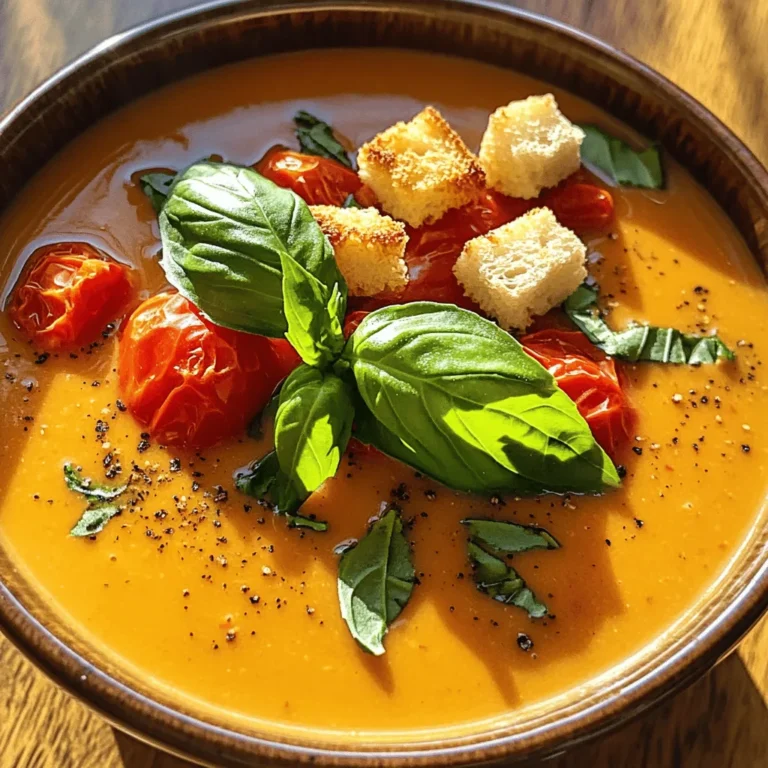- 2 pounds ripe tomatoes, quartered - 1 onion, coarsely chopped - 4 cloves garlic, peeled - 2 tablespoons olive oil - 1 teaspoon salt - ½ teaspoon black pepper - 1 teaspoon dried basil - 1 teaspoon sugar - 3 cups vegetable broth - 1 cup heavy cream (or coconut cream for dairy-free) - Fresh basil leaves for garnish - Croutons (optional for topping) To get the best results, measure ingredients carefully. Use dry measuring cups for solids like sugar and spices. For liquids, use a liquid measuring cup. Always level off the top of dry ingredients for accuracy. Small changes in amounts can change the taste and texture of your soup. You can swap heavy cream with coconut cream if you want a dairy-free soup. For herbs, try fresh basil instead of dried for a brighter taste. If you like heat, add red pepper flakes. You can also replace the vegetable broth with chicken broth for more flavor. Don't be afraid to mix and match based on what you have at home! Start by preheating your oven to 400°F (200°C). This helps the tomatoes roast perfectly. Next, take a large baking sheet. Spread the quartered tomatoes, chopped onion, and whole garlic cloves on the sheet. Drizzle with two tablespoons of olive oil. Then, season them with one teaspoon of salt, half a teaspoon of black pepper, one teaspoon of dried basil, and one teaspoon of sugar. Toss the veggies together to coat them well. Place the baking sheet in the preheated oven. Roast for 25 to 30 minutes. Stir the vegetables halfway through to ensure even cooking. Look for the tomatoes to be caramelized and soft. This roasting deepens the flavor, making your soup rich and tasty. Once roasted, remove the baking sheet from the oven and let it cool for a few minutes. Transfer the roasted vegetables to a blender or a large pot. If you use a blender, add the three cups of vegetable broth. Adjust the broth for your desired soup thickness. Blend until smooth. If you're using a pot, an immersion blender works great for pureeing. After blending, stir in one cup of heavy cream or coconut cream for a dairy-free option. Heat the soup on medium-low until warm. Always taste and adjust the seasoning if needed. Now your creamy roasted tomato soup is ready to serve! Garnish with fresh basil leaves and croutons if you like. Enjoy your homemade delight! To get a silky-smooth soup, use a blender. Blend the roasted veggies until they are pureed. If you want to skip the blender, an immersion blender works well too. After blending, stir in the heavy cream or coconut cream for the final touch. This adds richness and creaminess. You can adjust the thickness by adding more vegetable broth. To boost the flavor, try adding fresh herbs like thyme or oregano. A pinch of red pepper flakes can add some heat. For a tangy twist, squeeze in some lemon juice. You can also mix in a splash of balsamic vinegar for a deeper taste. These small tweaks can elevate your soup to new heights. Serve this soup hot in a bowl. Add fresh basil leaves on top for a pop of color. Croutons make a great crunchy topping. For a complete meal, pair the soup with a grilled cheese sandwich or a fresh salad. Use a nice plate to present your dish well. A sprinkle of black pepper on top adds a nice finishing touch. {{image_2}} You can change up this creamy roasted tomato soup in fun ways. One popular twist is roasted tomato basil. Just toss in fresh basil leaves before blending. Another great choice is spicy tomato soup. Add a pinch of crushed red pepper or cayenne for heat. You can also mix in other veggies like carrots or bell peppers for added flavor. This soup can fit many diets. For a gluten-free option, just use gluten-free broth. To make it vegan, swap heavy cream for coconut cream. For a low-calorie version, use less cream or skip it altogether. The soup will still taste great with these changes. Using seasonal produce can make your soup even better. In summer, use fresh heirloom tomatoes for sweetness. In fall, add roasted butternut squash for a rich, warm flavor. Adjust your seasonings based on what you have. This keeps your soup fresh and exciting all year long. After making creamy roasted tomato soup, let it cool. Pour it into an airtight container. Store the soup in the fridge. It stays fresh for about 3 to 4 days. To reheat, pour it into a pot. Heat it on low, stirring often. You can also use a microwave. Heat in short bursts, stirring in between. This helps keep the soup smooth and creamy. If you want to keep the soup longer, freezing is a great option. First, let the soup cool completely. Then, pour it into freezer-safe containers. Leave some space at the top because soup expands when frozen. You can also use freezer bags. Just make sure to remove excess air. To thaw, place it in the fridge overnight. Reheat it on the stove, adding a splash of broth if needed. In the fridge, creamy roasted tomato soup lasts 3 to 4 days. In the freezer, it keeps well for about 3 months. However, for the best taste, try to eat it within 1 to 2 months. Always check for any off smells or changes in texture before eating. Proper storage helps keep the flavors fresh and delicious. Yes, you can use canned tomatoes. They are handy when fresh tomatoes are not in season. However, using fresh tomatoes gives the soup a bright taste. Canned tomatoes often have a different texture and flavor. If you choose canned, look for whole, peeled tomatoes without added sugars or preservatives. This choice can keep your soup delicious! To add heat, you can include crushed red pepper flakes. Start with a pinch and adjust to your taste. Another option is to add diced jalapeños or a splash of hot sauce. For those who love garlic, you can roast extra garlic cloves for a more intense flavor. Just remember to balance the spice with creaminess. This soup pairs well with many sides. Grilled cheese sandwiches are a classic choice. You can also serve it with a fresh salad or crispy croutons on top. A slice of hearty bread is perfect for dipping too. Don't forget to garnish with fresh basil for a lovely touch! In this post, I covered the key ingredients for creamy roasted tomato soup and how to use them. I shared measuring tips and ingredient swaps, so you can customize your soup. The step-by-step guide made it easy to roast and blend the perfect soup, while tips offered ideas for texture and flavor. I also gave variations for different diets and made sure to cover storage methods. Making this soup can be simple or creative. Enjoy the comforting taste all year round!
