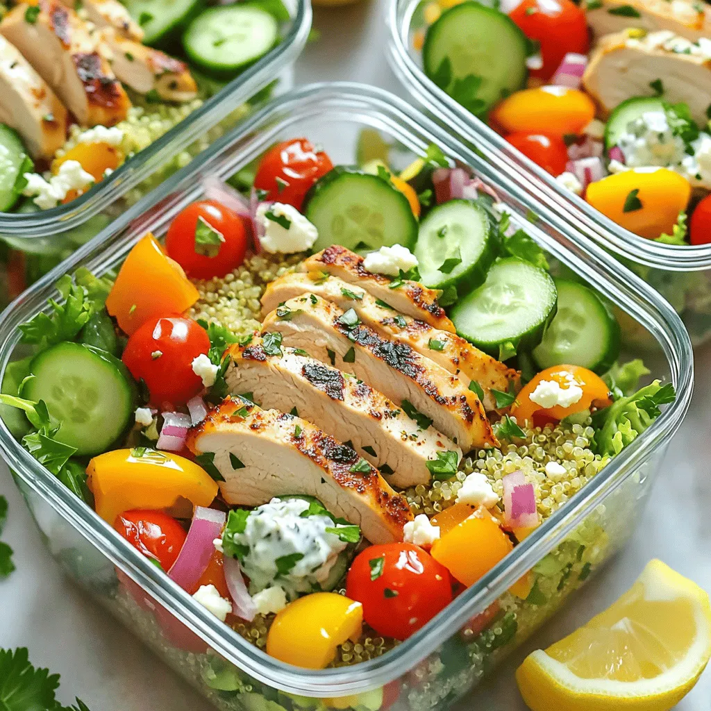 - 2 chicken breasts, boneless and skinless - 2 tablespoons olive oil - 1 tablespoon Greek seasoning Chicken is the star of this dish. I use boneless and skinless chicken breasts for easy cooking. A good marinade is key to juicy chicken. I mix olive oil with Greek seasoning for great flavor. This blend gives the chicken a taste of Greece. Marinate for at least 30 minutes to let the flavors soak in. - 1 large cucumber, diced - 1 cup cherry tomatoes, halved - 1 bell pepper (any color), diced Fresh veggies add crunch and color to the bowl. I love using cucumber for its coolness. Cherry tomatoes bring a sweet burst. Bell pepper adds a nice crunch. You can mix any color bell pepper you like. Toss these chopped veggies together for a tasty mix. - ½ cup feta cheese, crumbled - ½ cup tzatziki sauce - 1 cup mixed greens (spinach, arugula, etc.) Toppings make the bowl fun and tasty. Crumbled feta adds a creamy, salty touch. Tzatziki sauce gives a cool finish. I also use mixed greens for added freshness. This combination makes each bite a delight. Feel free to adjust toppings to your taste! - In a bowl, mix 2 tablespoons of olive oil, 1 tablespoon of Greek seasoning, and 1 teaspoon of garlic powder. - Add salt and pepper to taste. - Take the chicken breasts and coat them well in the marinade. - Let them marinate for at least 30 minutes for better flavor. - Preheat your grill pan or skillet over medium-high heat. - Once it's hot, place the marinated chicken on it. - Cook for about 6-7 minutes on each side. - Ensure the juices run clear, meaning it's done. - Let it rest for 5 minutes before slicing. - In a large bowl, toss together 1 diced cucumber, 1 cup of halved cherry tomatoes, 1 diced bell pepper, and 1 thinly sliced red onion. - Season the veggies with a pinch of salt and pepper. - This adds extra flavor and keeps them fresh. - Start with a base of 1 cup of cooked quinoa or brown rice in each bowl. - Add a handful of mixed greens like spinach or arugula. - Layer the sliced chicken on top, followed by the fresh veggie mix. - Sprinkle ½ cup of crumbled feta cheese over each bowl. - Drizzle with ½ cup of tzatziki sauce for creaminess. - Finish with a sprinkle of fresh chopped parsley for a colorful touch. For the best flavor, marinate your chicken for at least 30 minutes. If you have time, let it sit for up to 2 hours. This helps the chicken soak up all the spices. If you don’t have Greek seasoning, try using oregano and lemon zest for a fresh twist. To check if your chicken is done, cut into it. The juices should run clear, and the meat should not be pink. You can grill the chicken for a smoky flavor or use a skillet for a nice sear. Both methods work well, but grilling adds extra taste. You can serve your gyro bowls in various types of bowls. Clear glass bowls look great and showcase the colors of the food. For sides, consider pita bread or a simple salad to complement the meal. A lemon wedge adds brightness and freshness, too! {{image_2}} You can easily switch the chicken for other meats. Try using turkey or pork for a twist. Both options will give you a different taste and texture. If you prefer plant-based meals, use chickpeas or lentils. These options pack a protein punch and add great flavor. Spices and herbs can elevate your gyro bowls. Consider adding paprika for a smoky kick or oregano for a fresh taste. You can also mix in some red pepper flakes for heat. When it comes to dressings, tzatziki is classic, but you can also try tahini or lemon vinaigrette to change things up. Each will add a unique flavor layer to your meal. Choosing the right vegetables can make your meal shine in every season. In spring, use asparagus or radishes for a crunchy bite. Summer is perfect for zucchini or bell peppers, adding brightness. In fall, incorporate roasted squash or Brussels sprouts for warmth. Winter calls for hearty kale or root veggies, which can add depth. Customize your bowls with whatever fresh produce you have on hand. To keep your Greek chicken veggie gyro bowls fresh, follow these tips: - Store leftovers in airtight containers. - Refrigerate them within two hours of cooking. - Use the bowls within 3 to 4 days for best quality. - For longer storage, freeze the chicken and veggies separately. - Frozen portions last about 2 to 3 months. Reheating properly keeps your meal tasty: - For best results, reheat in the oven at 350°F for about 15-20 minutes. - If using a microwave, heat in short bursts of 1-2 minutes. Stir in between. - Add a splash of water before microwaving to keep the chicken moist. - Avoid reheating the tzatziki sauce; add it fresh after reheating. Preparing ahead can save you time: - Chop veggies and marinate chicken in advance. - Store chopped veggies in clear containers for easy access. - Keep grains like quinoa or rice ready to go for quick assembly. - Use glass containers to see what you have and to keep food fresh. - Label containers with dates for easy tracking. Yes, you can! There are many great options. Here are some alternatives: - Couscous - Farro - Barley - Bulgur - Cauliflower rice Each grain brings a unique taste and texture. Pick what you love best! Making tzatziki is easy! Here’s a simple recipe: - 1 cup Greek yogurt - 1 cucumber, grated and drained - 2 cloves garlic, minced - 1 tablespoon olive oil - 1 tablespoon lemon juice - Salt to taste Mix all the ingredients in a bowl. Chill it for at least 30 minutes. This sauce adds a creamy, tangy touch to your gyro bowl. If you need a substitute for feta cheese, try these options: - Goat cheese - Ricotta cheese - Cotija cheese - Vegan feta or tofu These choices can give a similar taste and texture. Enjoy experimenting! Want some heat? Here are tips to spice it up: - Add red pepper flakes to the chicken marinade. - Use spicy tzatziki with jalapeños. - Top with sliced fresh chilies or hot sauce. These additions will bring a nice kick to your gyro bowl! This blog post covers easy steps to create a tasty chicken bowl. We discussed choosing the right main ingredients, like chicken and veggies. Marinating and cooking chicken properly will boost flavor. Layering in fresh ingredients and toppings adds fun to your meal. Remember to explore variations with protein and seasonal veggies. Proper storage ensures leftovers stay fresh. Enjoy customizing your bowls and sharing them with friends!