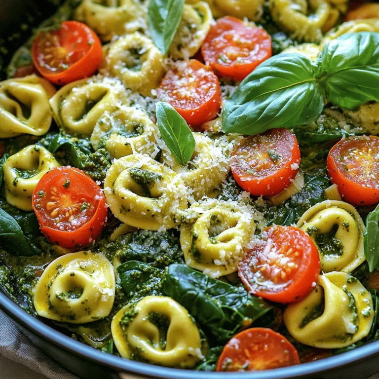 - 12 oz cheese tortellini (fresh or frozen) - 1 cup cherry tomatoes, halved - 1 cup baby spinach The main stars of this dish are the cheese tortellini, cherry tomatoes, and baby spinach. The cheese tortellini brings a rich and creamy flavor. I love using fresh or frozen tortellini, as both work well. Cherry tomatoes add a sweet burst of flavor. Halve them for even cooking and easier bites. The baby spinach gives a nice pop of green and adds nutrients. - 1/2 cup basil pesto (store-bought or homemade) - 2 cups vegetable broth - 1 tablespoon olive oil For pantry staples, basil pesto is key. You can use store-bought or make your own if you feel adventurous. I find that homemade pesto can add a unique touch. Vegetable broth is essential for cooking the tortellini. It adds depth to the dish. Olive oil helps sauté the tomatoes and adds healthy fats. - 1/4 teaspoon red pepper flakes - Grated Parmesan cheese for serving - Fresh basil leaves for garnish Optional additions can elevate your meal. Red pepper flakes give a nice heat. Adjust to your spice level. Grated Parmesan cheese adds a salty kick when serving. Fresh basil leaves not only look great but also enhance the flavor. They bring a nice aroma to the dish. - Heating the olive oil Start by pouring the olive oil into a large skillet. Heat it over medium heat. You want it hot but not smoking. This oil adds flavor and helps cook the tomatoes. - Sautéing cherry tomatoes Next, add the halved cherry tomatoes to the skillet. Sauté them for about 2-3 minutes. Watch as they soften and release their juices. This step builds a tasty base for the dish. - Adding vegetable broth Pour in the vegetable broth next. Bring it to a gentle boil. This broth adds great flavor to the tortellini as it cooks. - Cooking the tortellini Now, add the cheese tortellini to the skillet. Reduce the heat to low and cover. Cook it according to the package instructions, usually around 6-8 minutes. Check it often to ensure the tortellini is tender and cooked through. - Mixing in spinach and pesto Once the tortellini is ready, stir in the baby spinach and basil pesto. Mix well until the spinach wilts. The pesto coats everything in a creamy, delicious sauce. - Seasoning and serving suggestions Now, season your dish with salt, pepper, and red pepper flakes if you like a bit of heat. Serve immediately with grated Parmesan cheese and fresh basil on top. This adds extra flavor and makes your dish look beautiful! Using homemade pesto makes a big difference. Fresh basil packs a stronger flavor than store-bought. You can blend basil, garlic, nuts, and oil for a great taste. If you’re short on time, store-bought pesto works too. It’s still yummy and cuts down on prep time. If you want to skip the Parmesan cheese, try nutritional yeast. It adds a cheesy flavor without dairy. You can also use crumbled feta or goat cheese as a tasty substitute. They bring their own unique flavors to the dish. To ensure the tortellini cooks evenly, stir it gently. This helps prevent sticking. Keep the heat low after adding the tortellini. It allows for a gentle simmer and better cooking. If you want a little kick, add red pepper flakes. Start with a little, then taste it. You can always add more if you like heat. This simple step elevates the dish and makes it more exciting. {{image_2}} You can change the pasta type in this dish. Try using bowtie, penne, or even whole wheat pasta. Each will add a unique twist. If you want protein, add chicken or shrimp. Cook the meat first, then add it to the skillet with the tortellini. This adds flavor and makes the meal heartier. Feel free to mix in different vegetables. Zucchini, bell peppers, or asparagus work well in this recipe. They add color and nutrients. You can also try different pesto flavors. Sun-dried tomato, spinach, or arugula pesto can give a fun twist. Each flavor keeps the dish exciting and fresh. To keep your One-Pot Pesto Tortellini Skillet fresh, store it well. First, let it cool down to room temperature. Then, place it in an airtight container. This helps prevent moisture loss. You can refrigerate it for up to three days. If you want to keep it longer, freezing is a great option. Portion the dish into freezer-safe bags or containers. Make sure to remove as much air as possible before sealing. You can freeze it for up to three months. When you're ready to eat, just thaw it overnight in the fridge. Reheating your leftover pesto tortellini is easy. I recommend using the stove for the best results. Just add a splash of vegetable broth or water to a skillet, then warm it over medium heat. Stir it often so it heats evenly. This helps keep the texture nice. If you prefer the microwave, place it in a safe dish. Add a little broth or water, and cover it loosely. Heat it in short intervals, stirring in between. This keeps the flavor fresh and vibrant. Enjoy your meal again! Can I use frozen tortellini? Yes, you can use frozen tortellini. It cooks well in this recipe. Just follow the package instructions. This saves time and makes it easy for busy cooks. How do I make homemade pesto? To make homemade pesto, blend fresh basil, garlic, pine nuts, Parmesan cheese, and olive oil. Use a food processor for a smooth mix. Adjust the flavors to your taste. This adds a personal touch to your dish. Is this recipe vegetarian? Yes, this recipe is vegetarian. It uses cheese tortellini and fresh veggies. This makes it a tasty choice for those who do not eat meat. Can this recipe be made gluten-free? Yes, you can make it gluten-free. Just use gluten-free tortellini. Many brands offer good options. Be sure to check the labels for any hidden gluten. What to serve with One-Pot Pesto Tortellini Skillet? Serve this dish with a fresh salad or garlic bread. A light Italian salad works well. It adds crunch and freshness to your meal. How to elevate the meal for guests? To impress guests, add grilled chicken or shrimp. You can also serve it with a nice wine. Garnish with extra basil and Parmesan for a fancy touch. This recipe for One-Pot Pesto Tortellini Skillet brings together simple yet flavorful ingredients. You learned how to cook cheese tortellini, sauté cherry tomatoes, and mix in fresh spinach. Adding variations like chicken or different vegetables can enhance your dish even more. Remember to store leftovers properly to keep them fresh. This meal is not just easy; it's also flexible for your taste. I hope you enjoy making and sharing it. Happy cooking!