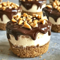 - 1 cup graham cracker crumbs - 4 tablespoons unsalted butter, melted - 1 cup cream cheese, softened - 1/2 cup powdered sugar - 1/2 cup creamy peanut butter - 1 teaspoon vanilla extract - 1 cup whipped cream - 1/2 cup semi-sweet chocolate chips - 1 tablespoon coconut oil - Optional garnish: Chopped peanuts To create these Chocolate Peanut Butter Cheesecake Cups, gather all your ingredients first. Each one plays a key role in making this treat rich and delightful. Start with graham cracker crumbs. These crumbs give the cups a tasty and crunchy base. Unsalted butter helps bind the crumbs together, making a solid foundation. Next, you need cream cheese. Ensure it is softened. This makes mixing easier and creates a smooth filling. The powdered sugar adds sweetness to balance the flavors. Creamy peanut butter is the star here. It gives the cheesecake its rich taste. Don't forget the vanilla extract; it adds a warm, sweet aroma. Whipped cream lightens the mixture, making it fluffy and creamy. Semi-sweet chocolate chips melt beautifully for a lovely drizzle. Coconut oil helps melt the chocolate smoothly, ensuring it won't harden too quickly. Finally, if you want some crunch, consider adding chopped peanuts for garnish. They add texture and a nutty flavor. With these ingredients, you are ready to make a treat that everyone will love! 1. Start by mixing 1 cup of graham cracker crumbs with 4 tablespoons of melted butter in a medium bowl. Stir until the crumbs are fully coated. 2. Now, take about 2 tablespoons of this mixture and press it into the bottom of each cupcake liner. Make sure to fit them inside a muffin tin. Set this aside for later. 1. In a separate bowl, beat 1 cup of softened cream cheese until it is smooth. 2. Gradually add in 1/2 cup of powdered sugar, mixing until everything is well combined. 3. Next, add 1/2 cup of creamy peanut butter and 1 teaspoon of vanilla extract. Beat this mixture until it is creamy and smooth. 4. Gently fold in 1 cup of whipped cream. Make sure there are no streaks left in the mixture. 1. Carefully spoon or pipe the peanut butter cheesecake filling into each cup, filling them to the top. 2. For the topping, melt 1/2 cup of semi-sweet chocolate chips with 1 tablespoon of coconut oil. Use a microwave-safe bowl and heat in 20-second intervals, stirring until fully melted. 3. Drizzle the melted chocolate over the cheesecake cups for a rich finish. 1. Chill the cheesecake cups in the refrigerator for at least 2 hours. This helps them to firm up nicely. 2. When ready to serve, pull them out and enjoy! You can also sprinkle some chopped peanuts on top for extra crunch and flair. - Ensure cream cheese is softened: Always use cream cheese at room temperature. This helps it blend smoothly. Cold cream cheese can cause lumps in your mix. - Properly fold in whipped cream: When adding whipped cream, do it gently. Use a spatula and fold slowly. This keeps your mixture light and fluffy. - Overmixing ingredients: Mix just until combined. Overmixing can make the filling dense. Aim for a creamy and smooth texture. - Not chilling long enough: Chill the cups for at least two hours. This step helps the flavors meld. It also helps the cheesecake set properly. - Techniques for smooth melting: Use a microwave-safe bowl. Melt chocolate in short bursts of 20 seconds. Stir well between intervals to ensure it melts evenly. - Avoiding chocolate seizing up: Add a small amount of coconut oil to the chocolate. This helps keep it smooth. Avoid water, as it can cause the chocolate to seize. {{image_2}} You can switch up the flavors of your cheesecake cups easily. Try adding mint extract for a refreshing twist. Just a few drops will do. Another fun option is to mix in coffee. Coffee adds depth and richness to the peanut butter flavor. If you prefer a nutty change, swap peanut butter for almond butter. Almond butter gives a smooth, sweet taste that works well with chocolate. If you need gluten-free options, use almond flour or gluten-free graham crackers for the crust. This keeps the taste great while meeting dietary needs. For a vegan version, replace cream cheese with cashew cream or vegan cream cheese. Use coconut whipped cream instead of dairy whipped cream. These swaps make the recipe accessible for everyone. Serving cheesecake cups can be fun. You might pair them with fresh strawberries or raspberries. The tartness of the fruit balances the sweetness of the cheesecake. For a dessert platter, mix these cups with brownies or cookies. This variety makes your dessert table exciting and appealing. To keep your cheesecake cups fresh, use an airtight container. This will prevent them from drying out or taking on other flavors from your fridge. You can stack the cups carefully, placing parchment paper between layers if needed. Store them in the fridge for up to five days. This way, you can enjoy them after dinner or as a sweet snack. If you want to save some for later, freezing is a great option. First, place the cheesecake cups in a single layer on a baking sheet. Freeze them for about one hour. After they are firm, move them to a freezer-safe container. Make sure to wrap them tightly to avoid freezer burn. When you’re ready to enjoy them, thaw the cups in the fridge overnight. This method keeps their creamy texture and rich taste intact. Yes, you can use natural peanut butter. However, it may change the texture. Natural peanut butter is less smooth and can be runnier. This may make your cheesecake cups softer. Creamy peanut butter gives a rich and stable filling. You might need to adjust other ingredients if you use natural peanut butter. These cheesecake cups stay fresh for about 5 days in the fridge. For the best taste and texture, enjoy them within this time. After 5 days, they may lose their creaminess. Store them in an airtight container to keep them fresh longer. Yes, you can make these cheesecake cups a day in advance. Prepare them and chill them overnight. This helps the flavors blend well. Just keep them covered in the fridge. They will taste great when you serve them the next day. This blog post guided you through making delicious peanut butter cheesecake cups. We covered ingredients, preparation, and ways to avoid common mistakes. Remember, soft cream cheese and proper folding create the best texture. Feel free to try different flavors or dietary options to suit your taste. Store them right to enjoy later. These cups are easy to make and great for sharing. Enjoy your time in the kitchen as you create this tasty treat!