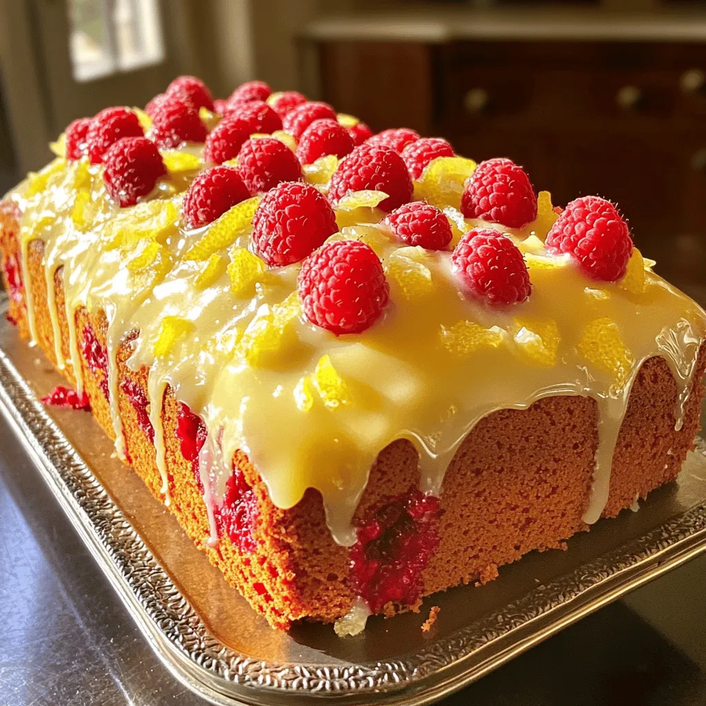 - 1 ½ cups all-purpose flour - 1 teaspoon baking powder - ½ teaspoon baking soda - ¼ teaspoon salt - ½ cup unsalted butter, softened - 1 cup granulated sugar - 2 large eggs - 1 teaspoon vanilla extract - Zest of 1 lemon - ½ cup fresh lemon juice - ½ cup fresh raspberries (plus extra for garnish) - ¼ cup powdered sugar (for glaze) - 1 tablespoon lemon juice (for glaze) Gathering the right ingredients is key to making a perfect Lemon Raspberry Loaf Cake. First, you need all-purpose flour. It gives the cake its structure and softness. Then, grab baking powder and baking soda. They help the cake rise well. Don’t forget the salt. It brings all the flavors together. Next, you need butter. I prefer unsalted butter because it lets you control the salt. The granulated sugar adds sweetness and helps with the cake's texture. You will also need two large eggs. They bind the batter and add moisture. For flavor, vanilla extract and lemon zest are essential. The zest gives a bright taste. Fresh lemon juice is a must. It makes the cake tart and refreshing. Raspberries add a pop of flavor. They make the cake fruity and colorful. You will want extra raspberries to use as a garnish. Finally, for the glaze, you need powdered sugar and a bit of lemon juice. This adds a sweet finish to your loaf cake. With these ingredients, you will create a delightfully moist and tangy loaf cake. It’s one of my favorites! First, preheat your oven to 350°F (175°C). Grease a 9x5 inch loaf pan so the cake does not stick. Next, take a medium bowl and whisk together the flour, baking powder, baking soda, and salt. This step mixes the dry ingredients well, which helps the cake rise. Now, in a large mixing bowl, cream together the softened butter and granulated sugar. Use a mixer to beat them until the mix is light and fluffy, which takes about 3-4 minutes. This will add air to the batter, giving it a nice texture. Next, add the eggs one at a time to the butter mix. Make sure to mix well after each egg. Then, add the vanilla extract and lemon zest. Mix everything until it is fully combined. Now, it’s time to add the dry ingredients. Do this gradually, alternating with the fresh lemon juice. Start and end with the flour mix. Mix just until combined to avoid overworking the batter. Gently fold in the fresh raspberries with a spatula. Be careful not to crush them, as you want whole pieces in the cake for a burst of flavor. Pour the batter into the prepared loaf pan. Spread it evenly using the spatula. Bake in the preheated oven for 50-60 minutes. To check for doneness, insert a toothpick into the center. If it comes out clean, the cake is ready. After baking, allow the loaf to cool in the pan for 10 minutes. Then, transfer it to a wire rack to cool completely. Cooling properly helps the cake set and makes it easier to slice. While the loaf cools, prepare the glaze. In a bowl, whisk together the powdered sugar and lemon juice until smooth. This glaze adds a sweet and tangy touch. Once the loaf is cool, drizzle the glaze over the top. For a nice finish, garnish with extra raspberries on top. This adds color and makes the loaf look pretty. Enjoy your delicious Lemon Raspberry Loaf Cake! Fresh ingredients make a big difference. Use fresh lemons and raspberries for the best taste. They add a burst of flavor that dried or old ingredients can't match. Room temperature butter and eggs also help. They mix better into the batter, creating a light and fluffy loaf. Oven temperature matters. Always check that your oven is set to 350°F (175°C). An oven thermometer can help with this. For doneness, use the toothpick test. Insert a toothpick into the center of the loaf. If it comes out clean, your cake is ready. Garnishing adds a nice touch. Place fresh raspberries on top for color and appeal. You can also dust the loaf with powdered sugar for extra sweetness. For the glaze, adjust the lemon juice for the right consistency. It should be smooth but not too runny. Be creative and have fun with your presentation! {{image_2}} You can change the flavor of your loaf cake in fun ways. Adding more fruit makes it special. Try mixing in blueberries or strawberries. These fruits work well with the lemon and raspberry. You can also switch up the citrus. Instead of lemon, use lime or orange for a new taste. Each option brings a fresh twist. If you need a gluten-free option, use gluten-free flour. This swap keeps the cake light and delicious. If you want a vegan version, replace the eggs. Use flax eggs or unsweetened applesauce instead. You can also choose plant-based butter. These changes make the cake fit different diets without losing taste. Lemon raspberry loaf cake is perfect with drinks. Pair it with tea or coffee for a cozy treat. You can serve it warm for a fresh-out-of-the-oven feel. If you prefer, chill the cake for a refreshing dessert. Each way offers a new way to enjoy this tasty loaf. Lemon raspberry loaf cake stays fresh for about three days at room temperature. Store it in an airtight container to keep it moist. If you notice the top getting dry, you can wrap it in plastic wrap. This will help retain its soft texture. If you want to keep the loaf longer, you can put it in the fridge. It can last up to a week when stored properly in an airtight container. If you eat it cold, enjoy it straight from the fridge. To warm it up, place a slice in the microwave for about 10-15 seconds. This will make it soft and tasty again. You can freeze lemon raspberry loaf cake for up to three months. First, let the cake cool completely. Then, wrap it tightly in plastic wrap and place it in a freezer bag. Make sure to remove as much air as possible. When ready to eat, take it out and let it thaw at room temperature for a few hours. For quicker thawing, you can place it in the fridge overnight. This keeps it fresh and delicious for your next treat. To make your loaf cake more lemony, use more lemon zest. You can add the zest of two lemons instead of one. A splash of lemon extract also boosts flavor. Finally, increase the lemon juice to 3/4 cup for a tangier taste. These tweaks will make your cake sing with lemon goodness. Yes, you can use frozen raspberries. They will work well in the cake. However, frozen raspberries may release more juice. This could make the cake a bit wetter. To reduce this, you can toss the frozen raspberries in a little flour before adding them. This helps them hold their shape better during baking. To prevent raspberries from sinking, coat them lightly in flour before folding them into the batter. This simple trick helps them stay suspended as the cake bakes. Also, be gentle when mixing. Over-mixing can break them apart and cause sinking. Check your cake after 50 minutes. Insert a toothpick into the center. If it comes out clean, your loaf is done. The top should be golden brown and feel firm to the touch. If it is still wet, bake for a few more minutes. Always trust your senses! By following this guide, you can create a delightful Lemon Raspberry Loaf Cake. We explored key ingredients, precise steps, and useful tips to ensure success. I’ve shared ways to enhance flavor, adjust for dietary needs, and store your creation. Whether you enjoy it warm with tea or chilled for later, this cake brings joy to any occasion. Enjoy the fun of baking and impress others with your tasty creation!