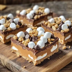 To make these No-Bake Peanut Butter S’mores Bars, you need the right ingredients. Here’s the complete list: - 1 ½ cups graham cracker crumbs - ½ cup unsweetened cocoa powder - 1 cup creamy peanut butter - ½ cup honey or maple syrup - 1 teaspoon vanilla extract - 1 cup mini marshmallows - ½ cup semi-sweet chocolate chips - ¼ cup crushed graham crackers for topping Each ingredient plays a key role in taste and texture. The graham cracker crumbs give a nice crunch and sweetness. Cocoa powder adds a rich chocolate flavor. Peanut butter brings creaminess, while honey or maple syrup sweetens and binds everything. Vanilla extract enhances the flavors. Mini marshmallows and chocolate chips create that classic s’mores taste. Finally, crushed graham crackers on top add a delightful crunch. Make sure to gather everything before you start. This way, you will enjoy a smooth and fun cooking experience. Making No-Bake Peanut Butter S’mores Bars is fun and easy! You only need a few steps to create this treat. First, gather all your ingredients. The key is to work quickly but carefully. - Mixing the dry ingredients Start by taking a large mixing bowl. Add 1 ½ cups of graham cracker crumbs and ½ cup of cocoa powder. Use a whisk to mix them until everything is well combined. This mix gives the bars a great flavor. - Melting the peanut butter mixture Next, grab a small saucepan. On low heat, melt 1 cup of creamy peanut butter with ½ cup of honey or maple syrup. Stir it gently until it becomes smooth. Once melted, remove it from the heat. Add in 1 teaspoon of vanilla extract and mix well. - Combining the mixtures Pour the melted peanut butter mix into the bowl with the dry mix. Stir everything together. Keep mixing until all the dry ingredients are coated. You want a thick and sticky dough to form. - Lining and pressing into the baking dish Take an 8x8-inch baking dish and line it with parchment paper. Leave some paper hanging over the sides for easy removal later. Press the peanut butter mixture firmly into the dish. Make sure it’s even and flat. - Adding toppings Now it's time for the fun part! Sprinkle 1 cup of mini marshmallows and ½ cup of semi-sweet chocolate chips over the top. Press them down gently so they stick into the mixture. For extra crunch, add ¼ cup of crushed graham crackers on top. - Chilling to set Place the baking dish in the refrigerator. Chill it for at least 2 hours. This step is crucial for the bars to set properly. Once they are firm, you can lift them out using the parchment paper. Cut them into squares and enjoy your no-bake bars! To make the best no-bake peanut butter s’mores bars, follow these simple tips: - Use fresh ingredients. Fresh graham crackers and peanut butter taste better. - Measure your ingredients accurately. This helps keep the bars from being too dry. - Mix your dry ingredients well before adding the wet ones. This ensures even flavor. Avoid these common mistakes for a perfect batch: - Don’t skip the chilling time. Bars need to set for at least two hours. - Watch the heat when melting peanut butter. Too high can burn it. - Press the mixture firmly into the dish. This helps the bars hold their shape. To get the right texture in your bars, try these methods: - Use creamy peanut butter for a smooth mix. It blends better with other ingredients. - Don’t overmix the dough. Mix until just combined for a chewy texture. - Let the bars cool completely before cutting. This keeps them from falling apart. {{image_2}} You can switch up the taste of these bars in fun ways. First, try using crunchy peanut butter instead of creamy. This adds a nice texture and extra nutty flavor. It gives each bite a tasty surprise. Next, think about adding different types of chocolate. Dark chocolate brings a rich taste. Milk chocolate offers a sweet touch. You can even use white chocolate for a creamy twist. Mix and match chocolate types to find your favorite combo! If you want to make these bars gluten-free, it's simple. Just use gluten-free graham crackers. They work just as well and keep that classic flavor. For vegan options, swap creamy peanut butter for a vegan brand. Choose maple syrup instead of honey. Make sure your chocolate chips are dairy-free too. These changes keep the bars tasty and suitable for everyone! To keep your No-Bake Peanut Butter S’mores Bars fresh, store them in the fridge. Place the bars in an airtight container. This will help them stay delicious for longer. You can also wrap each square in plastic wrap for extra protection. Make sure to press out any air before sealing. These bars stay good for about one week in the fridge. If you want to keep them longer, freeze them. They can last up to three months in the freezer. To freeze, cut the bars into squares and wrap each square in plastic wrap. Then, put them in a freezer-safe bag. Just remember to label the bag with the date! Use glass or plastic containers with tight lids for the best storage. Glass containers help keep the bars fresh and are easy to clean. Plastic containers are lightweight and great for on-the-go snacks. Avoid using metal containers, as they can change the taste of the bars. The bars need to chill in the fridge for at least 2 hours. This time helps them set properly. If you want them firmer, you can chill them longer. The cold helps all the flavors blend well. Make sure to cover them if you chill them longer than a few hours. Yes, you can use a different sweetener. Maple syrup works great if you want a change. You can also try agave nectar or brown rice syrup. Each sweetener will add its own taste. Just make sure it is a liquid sweetener for the right texture. Yes, these bars can be gluten-free. Use gluten-free graham crackers for the recipe. Many brands offer gluten-free options that taste amazing. Check the labels to ensure they are safe for your diet. This way, everyone can enjoy these tasty bars! You can make delicious no-bake peanut butter s’mores bars with simple ingredients. We covered everything from the ingredient list to detailed steps and tips. You learned how to make them easy and tasty, along with variations for your diet. Storing them is simple, too. With this guide, you can enjoy a fun treat any time. Try these bars today and impress your friends and family. Simple, tasty, and fun—what more could you want?