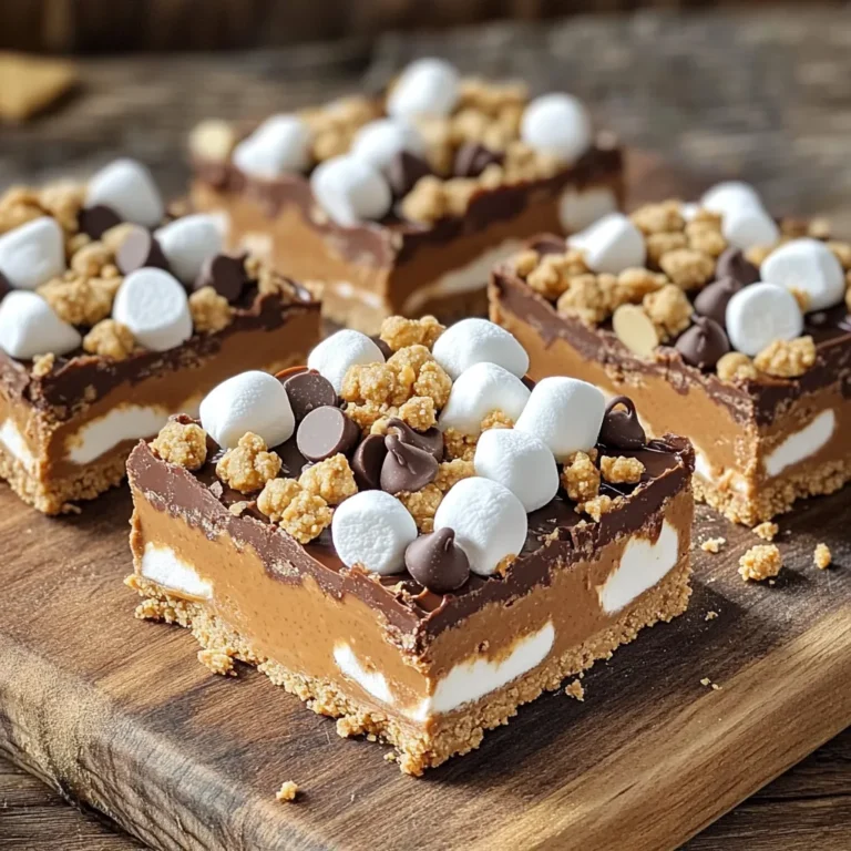 To make these No-Bake Peanut Butter S’mores Bars, you need the right ingredients. Here’s the complete list: - 1 ½ cups graham cracker crumbs - ½ cup unsweetened cocoa powder - 1 cup creamy peanut butter - ½ cup honey or maple syrup - 1 teaspoon vanilla extract - 1 cup mini marshmallows - ½ cup semi-sweet chocolate chips - ¼ cup crushed graham crackers for topping Each ingredient plays a key role in taste and texture. The graham cracker crumbs give a nice crunch and sweetness. Cocoa powder adds a rich chocolate flavor. Peanut butter brings creaminess, while honey or maple syrup sweetens and binds everything. Vanilla extract enhances the flavors. Mini marshmallows and chocolate chips create that classic s’mores taste. Finally, crushed graham crackers on top add a delightful crunch. Make sure to gather everything before you start. This way, you will enjoy a smooth and fun cooking experience. Making No-Bake Peanut Butter S’mores Bars is fun and easy! You only need a few steps to create this treat. First, gather all your ingredients. The key is to work quickly but carefully. - Mixing the dry ingredients Start by taking a large mixing bowl. Add 1 ½ cups of graham cracker crumbs and ½ cup of cocoa powder. Use a whisk to mix them until everything is well combined. This mix gives the bars a great flavor. - Melting the peanut butter mixture Next, grab a small saucepan. On low heat, melt 1 cup of creamy peanut butter with ½ cup of honey or maple syrup. Stir it gently until it becomes smooth. Once melted, remove it from the heat. Add in 1 teaspoon of vanilla extract and mix well. - Combining the mixtures Pour the melted peanut butter mix into the bowl with the dry mix. Stir everything together. Keep mixing until all the dry ingredients are coated. You want a thick and sticky dough to form. - Lining and pressing into the baking dish Take an 8x8-inch baking dish and line it with parchment paper. Leave some paper hanging over the sides for easy removal later. Press the peanut butter mixture firmly into the dish. Make sure it’s even and flat. - Adding toppings Now it's time for the fun part! Sprinkle 1 cup of mini marshmallows and ½ cup of semi-sweet chocolate chips over the top. Press them down gently so they stick into the mixture. For extra crunch, add ¼ cup of crushed graham crackers on top. - Chilling to set Place the baking dish in the refrigerator. Chill it for at least 2 hours. This step is crucial for the bars to set properly. Once they are firm, you can lift them out using the parchment paper. Cut them into squares and enjoy your no-bake bars! To make the best no-bake peanut butter s’mores bars, follow these simple tips: - Use fresh ingredients. Fresh graham crackers and peanut butter taste better. - Measure your ingredients accurately. This helps keep the bars from being too dry. - Mix your dry ingredients well before adding the wet ones. This ensures even flavor. Avoid these common mistakes for a perfect batch: - Don’t skip the chilling time. Bars need to set for at least two hours. - Watch the heat when melting peanut butter. Too high can burn it. - Press the mixture firmly into the dish. This helps the bars hold their shape. To get the right texture in your bars, try these methods: - Use creamy peanut butter for a smooth mix. It blends better with other ingredients. - Don’t overmix the dough. Mix until just combined for a chewy texture. - Let the bars cool completely before cutting. This keeps them from falling apart. {{image_2}} You can switch up the taste of these bars in fun ways. First, try using crunchy peanut butter instead of creamy. This adds a nice texture and extra nutty flavor. It gives each bite a tasty surprise. Next, think about adding different types of chocolate. Dark chocolate brings a rich taste. Milk chocolate offers a sweet touch. You can even use white chocolate for a creamy twist. Mix and match chocolate types to find your favorite combo! If you want to make these bars gluten-free, it's simple. Just use gluten-free graham crackers. They work just as well and keep that classic flavor. For vegan options, swap creamy peanut butter for a vegan brand. Choose maple syrup instead of honey. Make sure your chocolate chips are dairy-free too. These changes keep the bars tasty and suitable for everyone! To keep your No-Bake Peanut Butter S’mores Bars fresh, store them in the fridge. Place the bars in an airtight container. This will help them stay delicious for longer. You can also wrap each square in plastic wrap for extra protection. Make sure to press out any air before sealing. These bars stay good for about one week in the fridge. If you want to keep them longer, freeze them. They can last up to three months in the freezer. To freeze, cut the bars into squares and wrap each square in plastic wrap. Then, put them in a freezer-safe bag. Just remember to label the bag with the date! Use glass or plastic containers with tight lids for the best storage. Glass containers help keep the bars fresh and are easy to clean. Plastic containers are lightweight and great for on-the-go snacks. Avoid using metal containers, as they can change the taste of the bars. The bars need to chill in the fridge for at least 2 hours. This time helps them set properly. If you want them firmer, you can chill them longer. The cold helps all the flavors blend well. Make sure to cover them if you chill them longer than a few hours. Yes, you can use a different sweetener. Maple syrup works great if you want a change. You can also try agave nectar or brown rice syrup. Each sweetener will add its own taste. Just make sure it is a liquid sweetener for the right texture. Yes, these bars can be gluten-free. Use gluten-free graham crackers for the recipe. Many brands offer gluten-free options that taste amazing. Check the labels to ensure they are safe for your diet. This way, everyone can enjoy these tasty bars! You can make delicious no-bake peanut butter s’mores bars with simple ingredients. We covered everything from the ingredient list to detailed steps and tips. You learned how to make them easy and tasty, along with variations for your diet. Storing them is simple, too. With this guide, you can enjoy a fun treat any time. Try these bars today and impress your friends and family. Simple, tasty, and fun—what more could you want?