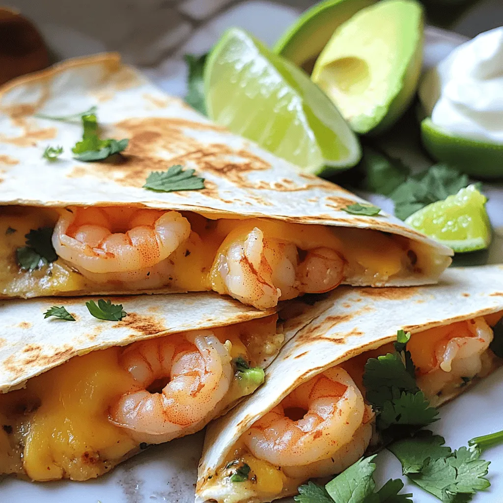 - 1 lb medium shrimp, peeled and deveined - 4 tablespoons unsalted butter - 4 cloves garlic, minced - 1 teaspoon paprika - 1 teaspoon chili powder - Salt and pepper to taste - 1 cup shredded Monterey Jack cheese - 1 cup shredded cheddar cheese - 4 large flour tortillas - 1/4 cup fresh cilantro, chopped - 1 avocado, sliced (for serving) - Sour cream (for serving) - Lime wedges (for serving) The main ingredients in garlic butter shrimp quesadillas are simple yet full of flavor. You start with fresh shrimp, which gives a sweet taste. Using medium shrimp works best because they cook quickly. The butter adds richness, and garlic brings a lovely aroma. Spices like paprika and chili powder add warmth. A pinch of salt and pepper enhances all these flavors. For the cheesy goodness, Monterey Jack and cheddar blend well in each bite. Finally, large flour tortillas hold everything together. For serving, you can add fresh cilantro. It adds a bright green touch and a burst of flavor. Sliced avocado is creamy and pairs well with the quesadillas. Sour cream can cool down the spice and add a nice tang. Lime wedges bring a zesty kick when squeezed over the dish. This mix of ingredients creates a tasty meal that is both fun to make and eat. First, we need to sauté the garlic and shrimp. Start by melting the butter in a large skillet over medium heat. Once it's melted, add the minced garlic. Sauté it for about a minute. Make sure it smells nice but does not turn brown. Next, add the shrimp. Season them with paprika, chili powder, salt, and pepper. Cook the shrimp for about 3-4 minutes. They will change color and turn pink when they are done. Remove the skillet from the heat. Now it’s time to layer the ingredients for the quesadillas. Take a large skillet or griddle and add a bit of butter. Heat it over medium heat. Place one tortilla in the skillet. On one half of the tortilla, layer half of the shrimp mixture. Then, add half of the Monterey Jack and cheddar cheeses. Sprinkle some chopped cilantro on top for extra flavor. Fold the tortilla over to make a half-moon shape. Cook it for 2-3 minutes on each side. Look for a golden-brown color and melted cheese. Repeat this with the rest of your ingredients to make a second quesadilla. Once the quesadillas are cooked, take them out of the skillet. Let them cool a bit before cutting. Use a sharp knife to cut them into wedges. Serve the quesadillas warm. Add sliced avocado, a dollop of sour cream, and lime wedges on the side. This adds a fresh touch and makes each bite even better. Enjoy! To make your quesadillas perfect, focus on heat. Use medium heat. This helps cook the tortillas and melt the cheese evenly. If the heat is too high, the outside burns, and the inside stays cold. For cheese melting, use a mix of Monterey Jack and cheddar. Both melt well and add great flavor. Layer the cheese on top of the shrimp. This helps it melt into gooey goodness. Want to boost the flavor? Try adding cumin or garlic powder. Both spices work well with shrimp. You can also add a pinch of cayenne for extra heat. Adjust the heat to your liking. If you like it spicy, add more chili powder. You can save time by prepping ingredients ahead. Peel and devein the shrimp early in the day. You can also chop the garlic and cilantro. Store them in the fridge until you’re ready to cook. Thinking about freezing? You can freeze cooked quesadillas. Just let them cool first. Wrap them tightly in foil or plastic wrap. When you want to eat them, reheat in the oven for a crispy finish. {{image_2}} You can change the main protein in this dish. Try chicken or beef instead of shrimp. Both options add a different taste. If you want a vegetarian option, use beans or mushrooms. They are hearty and flavorful too. For cheese, Monterey Jack and cheddar work well. But you can swap them for pepper jack or queso fresco. These will give a nice twist to the flavor. Adding vegetables can brighten the quesadillas. Spinach adds a pop of color and nutrients. Bell peppers bring a sweet crunch. You can sauté them with the garlic for extra flavor. You can switch up the spices too. Try Cajun spices for a kick. Or use Mediterranean herbs like oregano and basil for a fresh taste. Each change can take your quesadilla to a new level. If you need a gluten-free option, choose gluten-free tortillas. They are easy to find in stores. Just make sure they fit your diet. For a low-fat version, use less butter and cheese. You can also replace full-fat cheese with low-fat varieties. These small changes keep the dish tasty while making it lighter. To keep your garlic butter shrimp quesadillas fresh, store them in an airtight container. Make sure they cool down first. Place a piece of parchment paper between layers if you stack them. This helps prevent sticking. In the fridge, they will last about 2-3 days. You can freeze both cooked and uncooked quesadillas. If you freeze them uncooked, wrap each one tightly in plastic wrap, then place them in a freezer bag. This method allows you to cook them fresh later. Cooked quesadillas can also freeze well. Wrap them in foil before placing them in a freezer bag. They will stay good for about 1-2 months. For reheating, if they are cooked, heat them in a skillet on medium heat. This keeps them crispy. For uncooked quesadillas, cook them straight from the freezer. Just add a few extra minutes to the cooking time. Garlic butter shrimp quesadillas can last about 3 to 4 days in the fridge. To keep them fresh, store them in an airtight container. This helps prevent them from drying out or picking up other odors. Yes, you can use frozen shrimp for this recipe. Just be sure to thaw them first. You can do this by placing them in the fridge overnight or running them under cold water for a few minutes. Thawed shrimp will cook quickly and taste great in your quesadillas. The best way to reheat leftover quesadillas is on the stovetop. Heat a skillet over medium heat and place the quesadilla in the pan. Cook for a few minutes on each side until it's warm and crispy again. This method keeps the tortilla nice and crunchy. Absolutely! You can add heat to your quesadillas. Try adding jalapeños or crushed red pepper flakes to the shrimp mixture. You can also use spicy cheese or serve them with hot sauce. Adjust the spice level to fit your taste! You can make amazing garlic butter shrimp quesadillas with simple steps. Start with fresh shrimp and good spices. Sauté garlic, layer your ingredients, and cook them well. Don’t forget the tips to achieve the perfect melt and keep your quesadillas tasty. Experiment with different ingredients or adjust the flavors to your liking. You can even prepare some ingredients ahead of time or store leftovers neatly. Enjoy your culinary journey, and remember, great quesadillas bring pleasure to every meal.