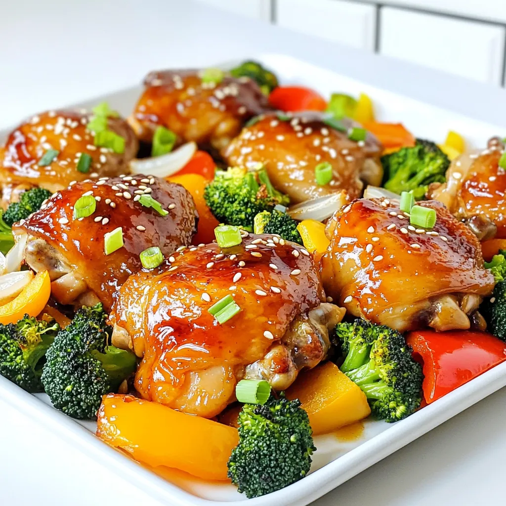 - 4 boneless, skinless chicken thighs - 1/4 cup honey - 1/4 cup soy sauce - 2 cups mixed bell peppers, sliced - 1 onion, sliced - 2 cups broccoli florets The main ingredients create a delightful mix of sweet and savory. The chicken thighs serve as a juicy base. Honey and soy sauce come together to form a rich glaze. Fresh vegetables add color and crunch to the dish. - 3 cloves garlic, minced - 1 tablespoon fresh ginger, grated - 1 tablespoon sriracha (adjust for heat) - 1 teaspoon sesame oil - 1 teaspoon salt - 1/2 teaspoon black pepper The seasonings and marinade bring the dish to life. Garlic adds a bold taste, while ginger gives warmth. Sriracha adds spice, making it exciting. Sesame oil adds a nutty flavor that ties it together. Salt and pepper enhance all the flavors. - Sesame seeds - Chopped green onions Garnishing ingredients make your dish pop. Sesame seeds add a nice crunch on top. Chopped green onions give a fresh taste and bright color. Both make your meal look and taste even better. - Preheating the oven: Start by setting your oven to 400°F (200°C). This high heat helps the chicken cook evenly and gives it that nice brown color. - Making the marinade: In a mixing bowl, whisk together the following: - 1/4 cup honey - 1/4 cup soy sauce - 3 cloves garlic, minced - 1 tablespoon sriracha - 1 tablespoon fresh ginger, grated - 1 teaspoon sesame oil - 1 teaspoon salt - 1/2 teaspoon black pepper This mixture is your flavor base. It combines sweet, spicy, and savory notes, ensuring your chicken shines. - Coating chicken thighs: Place 4 boneless, skinless chicken thighs in a resealable bag or shallow dish. Pour half of the marinade over the chicken. Make sure each piece is well coated. - Marination time and tips: Let the chicken marinate for at least 30 minutes. For deeper flavor, marinate overnight in the fridge. The longer it sits, the more flavor it absorbs. - Placing chicken and vegetables on the sheet pan: After marinating, arrange the chicken on one side of a large sheet pan. - Drizzling remaining marinade: On the other side, add your mixed vegetables, like bell peppers, onion, and broccoli. Drizzle the remaining marinade over the veggies. Toss them to coat evenly. - Baking time and temperature: Bake the sheet pan in the preheated oven for 25-30 minutes. The chicken is done when it reaches 165°F (75°C) internally. The vegetables should be tender and vibrant. - Broiling for added flavor: In the last 5 minutes, turn on the broiler. This step crisps up the chicken skin and gives the veggies a nice char. Keep an eye on it to avoid burning. Marination time variations For the best flavor, let your chicken marinate for at least 30 minutes. You can also leave it overnight in the fridge. This longer time helps the chicken soak up all the tasty sauce. If you're in a hurry, 30 minutes still works well. Adjusting sriracha for heat preference Sriracha is key to this dish. If you love spice, use a full tablespoon. If you prefer milder heat, cut it back to half a tablespoon. You can always add more later if you want extra heat. Ensuring chicken is cooked properly To check if your chicken is done, use a meat thermometer. It should read 165°F (75°C) at the thickest part. If you don’t have a thermometer, cut into the chicken. It should be white inside with no pink. Tips for perfectly roasted vegetables Cut your veggies into similar sizes. This helps them cook evenly. You can also add a pinch of salt and pepper before baking. This brings out their natural sweetness. Don’t forget to toss them in the remaining marinade for extra flavor. Serving ideas When serving, place the chicken and veggies on a big platter. This makes it look nice and inviting. You can also serve it with rice or quinoa for a full meal. Garnishing techniques To make your dish pop, sprinkle sesame seeds and chopped green onions on top. This adds a nice crunch and color. You can also drizzle some of the extra sauce over everything for more flavor. {{image_2}} You can easily switch chicken thighs for chicken breasts. Breasts cook faster and stay juicy. If you want a plant-based option, try tofu. Firm tofu soaks up flavors well. Shrimp is another great choice. It cooks quickly and adds a nice touch. Feel free to use any veggies you have at home. Zucchini, carrots, or asparagus work well. You can also use seasonal veggies. In the fall, try Brussels sprouts or sweet potatoes. In summer, choose fresh corn or green beans. Add your favorite spices for a twist. Paprika, cumin, or chili flakes can add heat. Fresh herbs like basil or cilantro give a bright taste. You can also experiment with sweeteners. Maple syrup or agave nectar can replace honey. Each choice brings a new flavor to this dish. Store your leftovers in an airtight container. This keeps them fresh and safe. The chicken and veggies can last in the fridge for about 3 to 4 days. Make sure to cool them down before sealing. To freeze, place the chicken and veggies in freezer-safe bags. Remove as much air as you can. This helps avoid freezer burn. You can freeze them for up to 3 months. To reheat, thaw overnight in the fridge. Then, bake at 350°F until heated through. This keeps the flavors bright and tasty. Enjoy your meal like it’s fresh! To add more heat, use more sriracha. You can also add red pepper flakes. If you love heat, try adding fresh chopped chili peppers. Adjust the heat to fit your taste. Yes, you can use frozen veggies. Just know they will cook faster. When using frozen veggies, reduce your cooking time by about 5 minutes. They may be softer than fresh ones too. Check the internal temperature. Use a meat thermometer to ensure it reaches 165°F (75°C). The chicken should look golden brown and juices should run clear. If it looks pink, it needs more time. Yes, you can prep this dish ahead. Marinate the chicken the night before for deeper flavor. Chop your veggies early and store them in the fridge. This way, your meal will be quick on busy days. This blog post covered a tasty recipe using chicken, honey, and veggies. You learned how to make a flavorful marinade with garlic, ginger, and spices. I shared tips for cooking, serving, and storing your meal. Incorporating your favorite flavors and ingredients keeps it fun. The options for swaps and variations ensure you'll never get bored. Enjoy trying this recipe and making it your own!