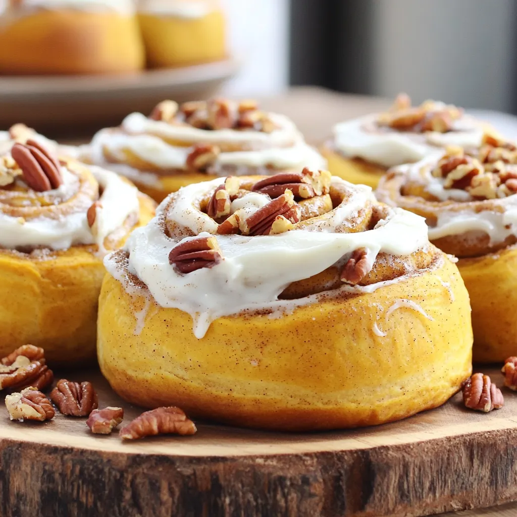 To make pumpkin pecan cinnamon rolls, gather these ingredients: - 2 cups all-purpose flour - 1 ½ teaspoons instant yeast - ½ teaspoon salt - ½ teaspoon ground cinnamon - ¼ cup brown sugar - ½ cup canned pumpkin puree - ¼ cup warm milk - 1 large egg - 3 tablespoons unsalted butter (melted) - ½ cup chopped pecans - ¼ cup granulated sugar - 1 tablespoon ground cinnamon (for filling) - ½ cup cream cheese (softened for frosting) - ½ cup powdered sugar - 1 teaspoon vanilla extract - 2 tablespoons milk (for frosting) You can change this recipe to fit your taste. Here are some ideas: - Use walnuts instead of pecans for a different crunch. - Add a pinch of nutmeg for extra warmth. - Mix in chocolate chips for a sweet twist. - Try maple syrup in the frosting for a unique flavor. This recipe makes 12 rolls. If you want more or fewer, you can adjust: - For 6 rolls, halve all ingredients. - For 24 rolls, double everything. - You can also make mini rolls by cutting smaller pieces. Just watch the bake time! To start, mix the flour, yeast, salt, cinnamon, and brown sugar in a bowl. In another bowl, blend the pumpkin puree, warm milk, egg, and melted butter. Now, pour the wet mix into the dry mix. Stir until a dough forms. This dough will be soft and a bit sticky. Next, place the dough on a floured surface. Knead it for about five minutes. You want it smooth and elastic. Once done, place it in a greased bowl, cover it with a towel, and let it rise in a warm area for one hour. The dough should double in size. For the filling, mix the granulated sugar and ground cinnamon in a small bowl. This mix will add sweetness and spice to the rolls. Set aside for later use. After the dough rises, punch it down gently. Move it to a floured surface. Roll it out into a rectangle, about 12 by 18 inches. Make sure it’s even and flat for the best results. Spread the cinnamon-sugar mixture evenly over the dough. Then, sprinkle the chopped pecans on top. Starting from one long side, roll the dough tightly into a log. Once rolled, slice it into 12 equal pieces. Place them cut-side up in a greased baking dish. Leave space between each roll for them to grow. Preheat your oven to 350°F (175°C). Let the rolls rise again, covered, for about 30 minutes. Once they are fluffy, bake them for 20 to 25 minutes. They should turn golden brown and smell amazing. While the rolls bake, make the frosting. In a mixing bowl, beat together the cream cheese, powdered sugar, vanilla extract, and milk. Blend until smooth and creamy. After the rolls cool for a few minutes, spread the frosting generously on top. Enjoy your delicious pumpkin pecan cinnamon rolls! For the best results, keep the dough warm. A warm spot helps the yeast work better. I like to place my bowl in a sunny area, or near a warm oven. Cover the bowl with a clean towel. This keeps the dough cozy and moist. Let it rise until it doubles in size, which usually takes about one hour. Patience is key here. When rolling the dough, aim for a nice rectangle. About 12 by 18 inches works well. Use a gentle touch. Start at one long side and roll tightly. This helps keep the filling inside. After rolling, slice the dough into equal pieces. A sharp knife or dental floss works best. Place the rolls cut-side up in the greased dish with some space between them. For creamy frosting, beat the cream cheese until smooth. Then add powdered sugar, milk, and vanilla extract. Mix until it’s nice and fluffy. If the frosting is too thick, add a bit more milk. If it’s too thin, add more powdered sugar. This way, you can find the perfect balance. I love to add a hint of cinnamon to the frosting for extra flavor. {{image_2}} You can change the taste of your pumpkin pecan cinnamon rolls by using different nuts or spices. Try walnuts for a richer flavor. Hazelnuts add a nice crunch too. If you like warmth, add nutmeg or ginger for a cozy twist. You can even mix in chocolate chips for a sweet surprise. Just remember, keep the ratios similar to maintain the roll's structure. To make these rolls vegan, switch a few ingredients. Use almond milk or soy milk instead of regular milk. Replace the egg with a flax egg. Just mix one tablespoon of ground flaxseed with three tablespoons of water and let it sit for five minutes. For butter, use coconut oil or vegan butter. These swaps keep the rolls soft and delicious without animal products. If you need a gluten-free option, use a gluten-free flour blend. Look for one that has xanthan gum, as it helps with texture. You might need to adjust the liquid amounts. Start with less milk and add as needed. This way, you keep the dough from getting too sticky. Your rolls will still puff up nicely, and they will taste great. To keep your pumpkin pecan cinnamon rolls fresh, store them in an airtight container. Make sure they cool down completely before sealing. They will last for up to three days at room temperature. If you want them to last longer, consider refrigeration. In the fridge, they can stay good for about a week. When you want to enjoy these rolls again, reheating is simple. Place a roll on a microwave-safe plate. Cover it loosely with a damp paper towel. Heat for about 15-20 seconds. Check if it’s warm enough. If not, add a few more seconds. You can also reheat them in an oven. Preheat the oven to 350°F (175°C). Place the rolls on a baking sheet and heat for about 10 minutes. This method keeps them soft and delicious. Freezing your pumpkin pecan cinnamon rolls is a great way to save some for later. Once they cool completely, wrap each roll tightly in plastic wrap. Then, place them in a freezer bag or container. They can stay frozen for about three months. When you’re ready to enjoy, thaw them overnight in the fridge. Reheat as mentioned before for the best taste. Yes, you can use fresh pumpkin. Cook and puree it first. Make sure to drain extra water. This keeps your rolls from getting soggy. Fresh pumpkin adds a nice taste. If your dough feels dry, add a little milk. Start with one tablespoon. Knead the dough again. Keep adding until it feels smooth and soft. This helps your rolls rise well. You can use walnuts or almonds instead of pecans. They give a nice crunch. Try sunflower seeds for a nut-free option. Each choice adds a new flavor twist. You can make the dough and let it rise. After rolling, wrap the rolls tightly. Place them in the fridge overnight. The next day, let them rise and bake as usual. Yes, you can make these rolls without eggs. Use a flaxseed meal or applesauce instead. Mix one tablespoon of flaxseed with three tablespoons of water. Let it sit for a few minutes to thicken. This helps bind your dough. You learned how to make pumpkin pecan cinnamon rolls with easy steps. We covered key ingredients, optional choices, and helpful tips. You can adjust the recipe for different diets too. Remember, practice makes perfect when rolling and baking. Store these rolls well so you can enjoy them later. Try these tips and enjoy a delicious treat anytime. Happy baking!