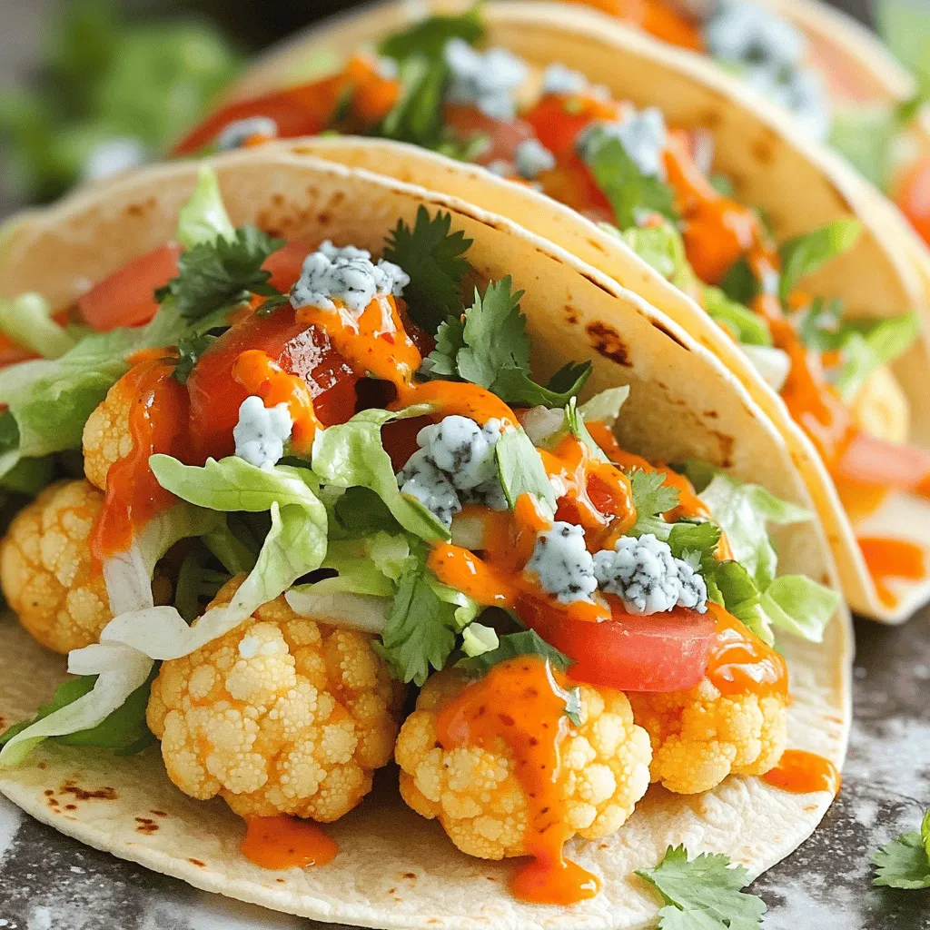 To create these tasty tacos, gather the following ingredients: - 1 medium head of cauliflower, cut into florets - 1 cup all-purpose flour - 1 cup water - 1 teaspoon garlic powder - 1 teaspoon onion powder - 1 teaspoon smoked paprika - 1/2 teaspoon salt - 1/2 teaspoon black pepper - 1 cup buffalo sauce - 8 small corn tortillas - 1 cup shredded lettuce - 1/2 cup diced tomatoes - 1/4 cup crumbled blue cheese (optional) - Fresh cilantro, for garnish Each ingredient plays a key role. The cauliflower acts as the main star, soaking up that spicy buffalo sauce. The flour and water mix creates a tasty batter that makes the cauliflower crispy. Spices like garlic powder and smoked paprika add depth and flavor. Corn tortillas hold everything together. You can customize your toppings with fresh veggies and cheese. These tacos are not only delicious but also packed with nutrients. One serving contains: - Calories: 300-350 (depending on toppings) - Protein: 10g - Carbohydrates: 45g - Dietary Fiber: 5g - Fat: 10g (with optional blue cheese) These numbers make for a satisfying meal that won't weigh you down. When buying cauliflower, look for these signs of freshness: - Bright white color with no brown spots - Firm and compact florets - Green, crisp leaves still attached Avoid heads that feel soft or have a yellow tint. Fresh cauliflower gives your tacos the best flavor and texture. When you find a great head, you'll know your tacos will be a hit! Start with a medium head of cauliflower. Cut it into small florets. Aim for uniform sizes so they cook evenly. In a bowl, mix one cup of all-purpose flour, one teaspoon of garlic powder, one teaspoon of onion powder, one teaspoon of smoked paprika, half a teaspoon of salt, and half a teaspoon of black pepper. Slowly add one cup of water while whisking. You want a smooth batter that coats the cauliflower well. Take each floret and dip it into the batter. Make sure to cover it completely. This step gives the cauliflower a nice crunch. After coating, shake off any extra batter. Too much batter can make it soggy instead of crispy. Preheat your air fryer to 400°F (200°C). Once hot, arrange the coated florets in a single layer in the air fryer basket. Avoid overcrowding to ensure they cook well. Air fry for about 15 minutes. Remember to shake the basket halfway through. This helps them cook evenly and get nice and crispy. Once the cauliflower is crispy, transfer it to a mixing bowl. Pour one cup of buffalo sauce over the crispy florets. Toss gently until every piece is well coated in the sauce. This adds that spicy kick we love in buffalo tacos. While the cauliflower soaks up the buffalo flavor, it’s time for the tortillas. Heat eight small corn tortillas in a dry skillet over medium heat. Cook them for about 30 seconds on each side. You want them warm and pliable, ready to hold your delicious filling. Now, you're set to assemble your tacos! To get the best crispiness from your buffalo cauliflower, follow these steps: - Make sure to use a dry cauliflower. Pat the florets with a paper towel to remove any moisture. - Coat the florets evenly in the batter. The more even the coating, the crispier they will be. - Shake off excess batter before air frying. Too much batter can lead to soggy bites. - Preheat your air fryer. This step helps achieve that perfect crunch on the outside. - Arrange the florets in a single layer. Avoid overcrowding to ensure even cooking. Pair these tacos with tasty dipping sauces to enhance the flavors. Here are some options: - Ranch Dressing: Creamy and cool, this classic dip balances the heat of the buffalo sauce. - Blue Cheese Dressing: If you love blue cheese, this is a great match for buffalo flavors. - Avocado Lime Sauce: Blend avocado, lime juice, and garlic for a fresh twist. - Honey Mustard: The sweetness of honey mustard contrasts nicely with the spice. You can actually prep some parts of this dish ahead of time. Here’s how: - Prepare the cauliflower florets and batter. Store them separately in the fridge for up to one day. - Air fry the cauliflower just before you are ready to eat. This keeps them crispy. - Warm the tortillas in advance. Just hold them in a towel to keep them warm until serving. - Assemble the tacos right before serving. This helps maintain the crunch of the cauliflower. {{image_2}} You can boost your tacos with many toppings. Here are some ideas: - Avocado slices for creaminess. - Pico de gallo for fresh flavor. - Sliced jalapeños for spice. - Sour cream or yogurt for tang. - Radish slices for crunch. Mix and match these toppings to create your perfect taco. Get creative! Buffalo sauce is great, but other sauces can shine too. Try these: - Barbecue sauce for a sweet touch. - Ranch dressing for a cool twist. - Sriracha for heat. - Honey mustard for a sweet and tangy flavor. Experiment with these sauces to find your favorite. Each will change the taste! You can easily make these tacos gluten-free. Change the flour to a gluten-free blend. Use corn tortillas too. Make sure they are certified gluten-free. This way, everyone can enjoy these tasty tacos! To keep your leftover tacos fresh, store them in an airtight container. Place the tacos in the fridge within two hours of cooking. They will stay good for about three days. If you want to keep them longer, consider freezing the cauliflower separately. To reheat, you can use the air fryer again. Preheat it to 350°F (175°C). Place the tacos in the basket for about 5 minutes. This will help them stay crispy. You can also use a microwave, but this may make the tortillas soggy. If using a microwave, heat them for 30 seconds and check for warmth. For the best taste, eat your tacos fresh. If you plan to save some, store the filling and tortillas separately. This way, the tortillas won’t get soggy. Keep the buffalo sauce in a separate container too. Mix it with the cauliflower right before you eat it for maximum flavor. To make the cauliflower crispy, the key is the batter. Mix flour with garlic powder, onion powder, smoked paprika, salt, and black pepper. Add water slowly until the batter is smooth. Coat each cauliflower floret well. Shake off the extra batter before air frying. Preheat your air fryer to 400°F (200°C). Cook the florets for 15 minutes, shaking halfway through. This will help them cook evenly and get that perfect crunch. Yes, you can use frozen cauliflower! Just thaw it first and pat it dry. This step is vital as frozen cauliflower holds water. If it’s wet, the batter won’t stick well. The air fryer still works great for frozen cauliflower. Just adjust the cooking time, as frozen florets may need a few extra minutes to get crispy. You can customize your flavors! Try adding cumin for warmth or chili powder for heat. A pinch of cayenne pepper adds a nice kick. For a zesty twist, mix in lime zest or cilantro. Experiment with your favorite spices to make it uniquely yours. To make the tacos vegan, skip the blue cheese. Use a dairy-free cheese alternative if you like. Ensure the buffalo sauce is vegan-friendly, as some brands may contain dairy. The rest of the ingredients are already plant-based, so you’re set to enjoy a delicious vegan meal! In this post, we explored making tasty air fryer buffalo cauliflower tacos. We covered key ingredients, tips for selecting fresh cauliflower, and how to prepare the florets. You learned step-by-step instructions for crispiness and tasty variations. We also discussed storage tips and answered common questions. These tacos offer a fun, healthy twist on traditional flavors. Enjoy making them your own with new toppings or sauces. You’ll impress everyone at the table with your cooking skills!