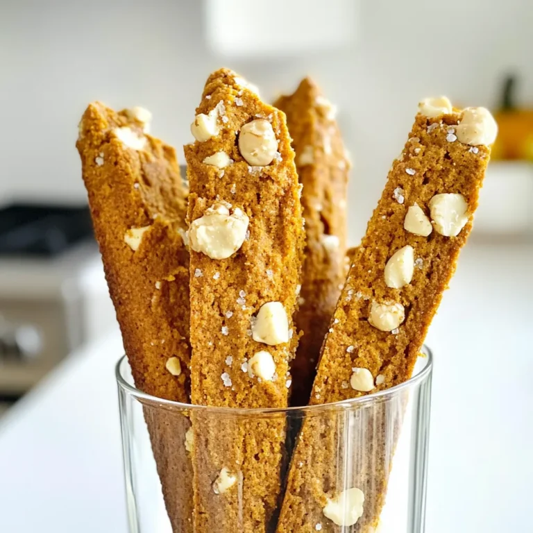 To make pumpkin spice biscotti, you'll need some key ingredients. Here’s a simple list: - 1 cup pumpkin puree - 2/3 cup granulated sugar - 1/2 cup brown sugar - 1/4 cup vegetable oil - 3 large eggs - 2 teaspoons vanilla extract - 3 1/2 cups all-purpose flour - 2 teaspoons baking powder - 1 teaspoon baking soda - 1 tablespoon pumpkin spice blend (or a mix of cinnamon, nutmeg, ginger, and allspice) - 1/2 teaspoon salt - 1/2 cup chopped walnuts or pecans (optional) - 1/2 cup white chocolate chips (optional) Each ingredient plays a vital role in your biscotti. Pumpkin puree adds moisture and flavor. The sugars give sweetness and a nice golden color. Vegetable oil keeps the biscotti tender. Eggs provide structure and richness. When you combine the flour with baking powder and baking soda, you create a light texture. Pumpkin spice blend brings warmth with its fragrant mix of spices. Salt enhances all the flavors. The optional mix-ins, like nuts and white chocolate, add texture and extra flavor. Feel free to get creative with these additions! - Preheat your oven to 350°F (175°C) and line a baking sheet with parchment paper. - In a big bowl, whisk together the pumpkin puree, granulated sugar, brown sugar, and vegetable oil. Mix until smooth. - In another bowl, combine all-purpose flour, baking powder, baking soda, pumpkin spice blend, and salt. Gradually add this dry mix to the wet ingredients. Stir until just combined. - Divide the dough in half. Form two logs, about 12 inches long and 2 inches wide. Place them on the prepared baking sheet. - Bake for 25-30 minutes. The logs should be golden brown and set. Remove from the oven and let them cool for 10 minutes. - Carefully slice each log diagonally into 1/2-inch thick pieces. Arrange the slices cut side down on the baking sheet. - Return the slices to the oven. Bake for an additional 10-15 minutes. Flip them halfway through until they are crisp and golden. - Let the biscotti cool completely on a wire rack before serving. To get the best texture, bake until golden brown. This ensures they are not too soft. Mix wet ingredients well. This helps the dough bind together. When adding nuts or chocolate, fold them in gently. This keeps the biscotti light and airy. Biscotti pairs well with coffee or tea. It’s perfect for dipping! For a lovely display, arrange them in a tall glass. You can also drizzle melted white chocolate on top. This adds sweetness and a nice look. Avoid overmixing the dough. This makes the biscotti tough. Also, check your oven temperature. Too hot can burn them, and too low can leave them soft. Lastly, store them in an airtight container. This keeps them crunchy longer. {{image_2}} You can easily switch spices for a new taste. For example, try using allspice or cardamom. These spices add a warm, cozy flavor. You can also use dark chocolate or other nuts. Almonds or hazelnuts work well too. If you want a vegan version, use flax eggs instead of real eggs. Use coconut oil in place of vegetable oil. This keeps the rich taste while making it plant-based. Adding holiday-themed flavors can make these biscotti special. Try mixing in crushed peppermint for a festive twist. You can also pair them with seasonal drinks. A warm spiced cider or a cozy latte fits perfectly. Think about making biscotti with flavors for each season. In spring, use lemon and lavender. In summer, you might enjoy orange zest with cranberries. You can easily make these biscotti healthier. Start by reducing the sugar content. Use half the sugar in the recipe for less sweetness. You can also substitute healthier fats. Try applesauce or Greek yogurt in place of oil. If you need a gluten-free option, use almond flour or a gluten-free flour blend. This keeps the texture nice while making it gluten-free. To keep your pumpkin spice biscotti fresh, use an airtight container. Glass jars or plastic containers work well. Place parchment paper between layers to prevent sticking. Store the container in a cool, dry place. Avoid areas with high humidity or heat. This will help maintain their crunchy texture. At room temperature, biscotti can last up to two weeks. If you want to keep them longer, freezing is a great option. Wrap each biscotti in plastic wrap, then place them in a freezer bag. They can stay fresh in the freezer for up to three months. To refresh your biscotti, preheat your oven to 300°F (150°C). Place the biscotti on a baking sheet and warm for about 5-10 minutes. This makes them crisp again. You can serve them warm or at room temperature, depending on your preference. Warm biscotti pairs nicely with coffee or tea for a cozy treat. Bake pumpkin spice biscotti for 25 to 30 minutes at 350°F (175°C). The logs should be golden brown and set. After the first bake, let them cool for 10 minutes. Then slice and bake again for 10 to 15 minutes. This second bake makes them crisp. Yes, you can make biscotti without eggs. Use a mix of ground flaxseed and water instead. This blend acts like an egg. Use 1 tablespoon of ground flaxseed mixed with 3 tablespoons of water for each egg. Let it sit for a few minutes to thicken. You can use sweet potato puree if you lack pumpkin puree. Applesauce also works for a fruity twist. Both alternatives add moisture and sweetness. If you want a savory flavor, try butternut squash puree. Store biscotti in an airtight container. This keeps them fresh and crunchy. Avoid placing them in the fridge, as moisture can make them soft. For long-term storage, freeze them in a freezer bag. Yes, you can skip the nuts and chocolate chips. Biscotti will still taste great without them. You can also add other flavors like dried fruit or spices if you want. Adjust the recipe to suit your taste. This post covered essential ingredients, step-by-step instructions, and tips on making pumpkin spice biscotti. You learned how to prep the dough, shape, and bake it for the perfect treat. Remember to avoid common mistakes and explore variations to suit your taste. With these insights, you can create delicious biscotti that impress friends and family. Enjoy baking and customizing your treats, making each batch your own!