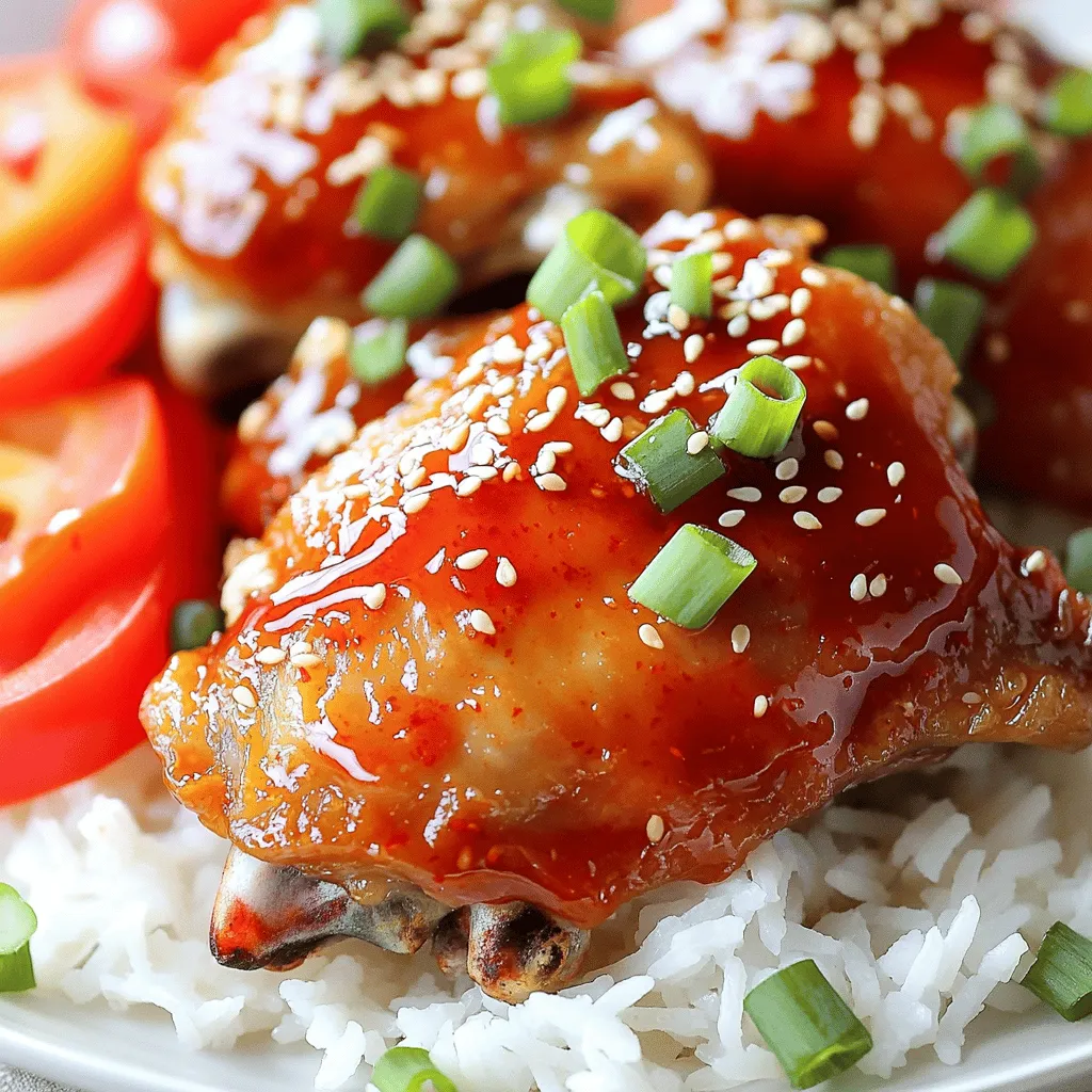 - 4 bone-in, skin-on chicken thighs - 1/2 cup sweet chili sauce - 2 tablespoons soy sauce - 1 tablespoon rice vinegar - 2 cloves garlic, minced - 1 teaspoon ginger, grated - 1 tablespoon honey - 1/2 teaspoon black pepper These main ingredients shine in the slow cooker. The chicken thighs bring rich flavor and juicy texture. Sweet chili sauce adds a perfect balance of sweetness and heat. - 1/4 teaspoon red pepper flakes for heat - 1 red bell pepper, sliced for flavor - 1 green onion, chopped for garnish - Sesame seeds for garnish Adding optional ingredients can elevate your dish. Red pepper flakes give a spicy kick. Sliced red bell pepper adds color and sweetness. Finally, green onions and sesame seeds offer a nice crunch and freshness. This dish is simple yet full of flavor. It’s perfect for a cozy dinner or meal prep. Start by patting the chicken thighs dry with paper towels. Drying helps the skin get crispy. Next, season the chicken with black pepper. This simple step adds flavor and makes the dish even better. In a medium bowl, combine the sweet chili sauce, soy sauce, rice vinegar, minced garlic, grated ginger, and honey. Whisk until smooth. This sauce is sweet and tangy. It will coat the chicken and give it a rich flavor. First, place the sliced red bell pepper at the bottom of your slow cooker. This adds flavor as the chicken cooks. Next, place the seasoned chicken thighs on top of the bell peppers. Pour the sauce mixture evenly over the chicken. If you like heat, sprinkle red pepper flakes on top. Cover the slow cooker and choose your cooking time. Cook on low for 6 hours or on high for 3.5 hours. The chicken should be tender and reach an internal temperature of 165°F. After cooking, use two forks to shred the chicken slightly in the cooker. This helps it soak up more sauce. Now, it’s time to serve! Use a ladle to dish out the chicken and peppers over rice or noodles. Top with chopped green onions and sesame seeds for a nice crunch. Enjoy your meal! To make sure your chicken is tender, follow these steps: - Cook on low for 6 hours. - If you're short on time, cook on high for 3.5 hours. - Always check that the internal temperature reaches 165°F. Slow cooking lets the flavors meld. The longer cook time helps break down the chicken’s fibers. This makes the meat juicy and tender. You can boost the flavor with extra spices and sauces. Here are some ideas: - Add a teaspoon of garlic powder for more garlic flavor. - Use a splash of lime juice for brightness. - Mix in a tablespoon of sriracha for extra heat. - Try adding fresh herbs like cilantro or basil for freshness. Feel free to experiment! Each addition can change the dish in fun ways. You can cook Sweet Chili Chicken Thighs in different ways: - The slow cooker is great for busy days. It allows for set-and-forget cooking. - Stovetop cooking works too. Just brown the chicken first, then simmer with sauce. - Baking in the oven is another option. Bake at 375°F for about 45 minutes. Each method gives a different taste and texture. Choose what fits your day! {{image_2}} You can swap out chicken thighs for other cuts. Boneless chicken thighs work well too. They cook faster and stay tender. You can also use chicken breasts if you prefer leaner meat. For sauce alternatives, teriyaki sauce or hoisin sauce can add unique flavors. They mix well with soy sauce and rice vinegar. You can change the spice level of your dish. If you like it mild, skip the red pepper flakes. For medium heat, add a pinch. For a spicy kick, double the amount. You can also use fresh chili peppers or hot sauce for more heat. Adjust to your taste for the perfect bite. This dish pairs well with many sides. Serve it on a bed of rice or noodles for a filling meal. You can also add steamed vegetables for extra nutrition. A fresh salad with a light dressing complements the flavors nicely. Don’t forget to garnish with green onions and sesame seeds for crunch and color. To keep your Sweet Chili Chicken Thighs fresh, follow these steps. First, let the chicken cool to room temperature. Then, place it in an airtight container. This helps keep moisture in and prevents odors from mixing. You can refrigerate it for up to four days. If you want to keep it longer, freeze it. Make sure to wrap the chicken tightly in plastic wrap or foil, then place it in a freezer bag. This will keep it safe for about three months. Reheating chicken can be tricky. You want to keep it juicy and flavorful. For the best results, use an oven. Preheat the oven to 350°F. Place the chicken in a baking dish and cover it with foil. This method keeps moisture in. Heat it for about 20 to 25 minutes until it's warm throughout. You can also use a microwave. Cover the chicken with a damp paper towel to keep it moist. Heat it in short bursts, checking every minute. When stored properly, your Sweet Chili Chicken Thighs will last for a while. In the fridge, they stay good for up to four days. If you freeze them, the flavor and quality last for about three months. After that, the chicken may still be safe to eat but may lose its taste and texture. Always check for any signs of spoilage before eating leftovers. To make Sweet Chili Chicken Thighs, start by drying the chicken thighs. Season them with black pepper. Next, mix sweet chili sauce, soy sauce, rice vinegar, garlic, ginger, and honey in a bowl. Layer sliced red bell pepper at the bottom of the slow cooker. Place the chicken thighs on top and pour the sauce over them. Cook on low for 6 hours or high for 3.5 hours. Once done, shred the chicken in the sauce for more flavor. Serve over rice or noodles, and garnish with green onions and sesame seeds. Yes, you can use boneless chicken thighs. They will cook faster than bone-in thighs. If you use boneless thighs, reduce the cooking time by about 1 hour on low. This change may also make the chicken less juicy, as bone-in thighs tend to retain moisture better. Keep an eye on the internal temperature, aiming for 165°F. If you need a substitute for sweet chili sauce, try mixing ketchup with honey and a splash of soy sauce. You can also blend sriracha with honey for a spicy kick. For a different flavor, use teriyaki sauce or hoisin sauce. Each option will give the dish a unique twist while keeping it tasty. You learned how to make sweet chili chicken thighs in a slow cooker. We covered the main and optional ingredients. You now know the best methods for cooking and storing leftovers. Remember to adjust spices to suit your taste. Experiment with chicken options and sauce swaps for variety. This dish is sure to impress. Enjoy cooking and sharing your delicious meal with family and friends!