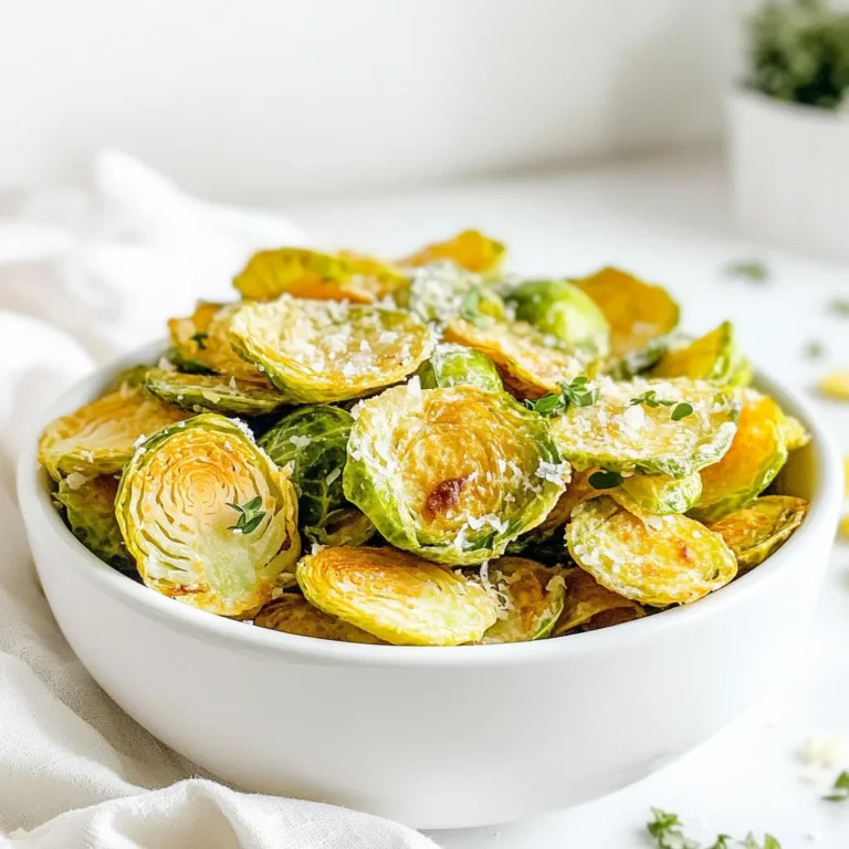 - 1 pound Brussels sprouts - 2 tablespoons olive oil - 1 teaspoon garlic powder - 1 teaspoon onion powder - 1/2 teaspoon smoked paprika - Salt and pepper to taste - Optional toppings: Grated Parmesan cheese - Air fryer - Large mixing bowl - Measuring spoons - Tongs or spatula To make crispy Brussels sprout chips, you need just a few simple items. First, grab 1 pound of Brussels sprouts. Look for fresh, firm ones with tight leaves. Next, you will need 2 tablespoons of olive oil. This helps the chips get that perfect crunch. You’ll also need 1 teaspoon of garlic powder and 1 teaspoon of onion powder. These add great flavor to your chips. For a bit of smoke, use 1/2 teaspoon of smoked paprika. Don’t forget salt and pepper for taste! If you want to elevate your chips, consider adding grated Parmesan cheese on top. This step is optional but adds a delicious twist. For equipment, an air fryer is key. It cooks the chips evenly and keeps them crispy. A large mixing bowl will help you toss everything together. Finally, a pair of tongs or a spatula will make it easier to handle the chips when they are done. Gather these ingredients and tools, and you’re ready to make a crunchy snack that’s both tasty and healthy. Set the air fryer to 375°F (190°C). This step ensures even cooking and crispiness. Trim and halve the Brussels sprouts. This helps them cook evenly. In a large bowl, mix the halved sprouts with 2 tablespoons of olive oil, 1 teaspoon of garlic powder, 1 teaspoon of onion powder, 1/2 teaspoon of smoked paprika, and salt and pepper to taste. Toss well until all sprouts are evenly coated. Arrange the Brussels sprouts in a single layer in the air fryer basket. Do not overcrowd; this will make them less crispy. Cook for 10-12 minutes, shaking the basket halfway through to promote even cooking. Keep an eye on them. They should be crispy and nicely browned. If you like, sprinkle grated Parmesan cheese over the sprouts in the last 2 minutes of cooking for extra flavor. Once done, remove the chips from the air fryer and let cool slightly before serving. - Avoid overcrowding the air fryer basket. This keeps air flowing and helps them crisp. - Monitor cooking time closely. Check at 10 minutes to prevent burning. The chips should be golden and crunchy. - Experiment with additional seasonings. Try adding chili powder or a pinch of cumin. - Use fresh herbs for added taste. Chopped rosemary or thyme can elevate the flavor. - Presentation ideas for serving. Place the chips on a rustic wooden board or in a bowl lined with parchment. - Pairing with dips or mains. Serve with hummus, yogurt dip, or as a side to grilled chicken. {{image_2}} You can make these Brussels sprout chips vegan. Just skip the Parmesan cheese. You can also use vegan cheese if you want a cheesy flavor. This keeps the chips light and plant-based, perfect for anyone avoiding dairy. If you like a kick, try adding heat. Red pepper flakes or cayenne pepper work well. Sprinkle them on the Brussels sprouts before cooking. This gives a fiery flavor that makes the chips pop. Adjust the amount based on your spice level. For a fresh taste, add dried herbs. Thyme or rosemary bring great flavor. Mix these herbs in with the oil and seasonings. They add a nice aroma and taste that elevates the chips. You can also try other herbs you enjoy. To store leftover Brussels sprout chips, place them in an airtight container. This helps keep them fresh. You can store them in the fridge for up to three days. Let them cool before sealing. If they lose some crunch, don’t worry. You can re-crisp them later. The best way to re-crisp your Brussels sprout chips is to use the air fryer. Set it to 350°F (175°C). Place the chips in the basket. Heat for about 3-5 minutes. Keep an eye on them so they don’t burn. This method brings back their crunch! You can freeze Brussels sprout chips if you want to save some for later. Make sure they are completely cool. Place them in a freezer bag or container. They can last up to two months in the freezer. To eat, let them thaw in the fridge. Then, re-crisp them in the air fryer. Enjoy those tasty bites! You can use frozen Brussels sprouts, but fresh ones work better. Fresh sprouts give a better texture and taste. Frozen sprouts have more water, which can make them soggy. If you use frozen, thaw them first and pat them dry. This will help them crisp up nicely. Brussels sprout chips stay fresh for about 3 days at room temperature. Store them in an airtight container. If you want to keep them longer, place them in the fridge for up to a week. Just remember, the chips may lose some crunch over time. Yes, Brussels sprout chips are quite healthy! They are low in calories and high in fiber. The olive oil adds healthy fats. Plus, Brussels sprouts are packed with vitamins C and K. These chips are a great snack choice that feels indulgent without the guilt. You can create tasty Brussels sprout chips using few simple ingredients. We covered essential items, from Brussels sprouts to olive oil and spices. You learned how to cook them perfectly in an air fryer. Remember to avoid overcrowding for crispiness and feel free to add your own flair with spices or toppings. With proper storage methods, you can keep extras fresh. Enjoy experimenting with these crunchy treats!