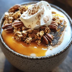 Creating a Pumpkin Pie Yogurt Bowl is easy with simple ingredients. Here’s what you need: - 1 cup plain Greek yogurt - 1/2 cup canned pumpkin puree - 2 tablespoons maple syrup (or honey) - 1 teaspoon pumpkin pie spice - 1/4 teaspoon vanilla extract - 1/4 cup granola (your choice) - 2 tablespoons chopped pecans or walnuts - 1 tablespoon chia seeds (optional) - Fresh whipped cream (for topping, optional) - Cinnamon, for dusting Plain Greek yogurt gives this bowl a creamy base. Canned pumpkin puree adds rich flavor and nutrients. Maple syrup or honey brings sweetness, while pumpkin pie spice gives the bowl its warm, cozy notes. Vanilla extract enhances the taste and aroma. Granola adds crunch and texture, making each bite exciting. Chopped nuts, like pecans or walnuts, boost flavor and provide healthy fats. Chia seeds can be added for extra nutrition, but they are not a must. If you want a special touch, add whipped cream on top. A sprinkle of cinnamon finishes the bowl beautifully. This mix of flavors and textures makes the Pumpkin Pie Yogurt Bowl a delightful choice for breakfast or a snack. - First, combine 1 cup of plain Greek yogurt and 1/2 cup of canned pumpkin puree in a mixing bowl. - Next, mix in 2 tablespoons of maple syrup (or honey), 1 teaspoon of pumpkin pie spice, and 1/4 teaspoon of vanilla extract. Stir until smooth and well blended. - After mixing, taste the yogurt blend. If it needs more sweetness, add more maple syrup or honey. - Now, layer the pumpkin yogurt mixture in a serving bowl with 1/4 cup of your favorite granola. This adds a nice crunch. - For extra flavor, add toppings. Sprinkle 2 tablespoons of chopped pecans or walnuts and 1 tablespoon of chia seeds on top. - If you want, add a dollop of fresh whipped cream and dust with a pinch of cinnamon. This makes it look and taste festive. Choosing the right yogurt type is key. I love plain Greek yogurt. It’s thick and creamy. This texture makes the bowl feel rich and satisfying. You can also use regular yogurt if you prefer. Just keep in mind it may be thinner. If you want a sweet twist, try alternatives to maple syrup. Honey works well, too. You can also use agave syrup or even stevia. Each option brings a unique flavor to the bowl. Creative serving ideas make your yogurt bowl shine. Layer the yogurt with granola for a fun look. You can also add fresh fruit on top for color and taste. Using jars vs. bowls can change the vibe. Jars are great for on-the-go snacks. Bowls are perfect for a cozy breakfast at home. Both styles let you show off those layers of goodness. Flavor variations keep things exciting. Add a pinch of nutmeg or ginger to the mix. These spices bring warmth and depth to your bowl. For dietary substitutions, consider dairy-free options. Coconut yogurt or almond yogurt works well. They add a nice twist while keeping it creamy. You can still enjoy the delicious flavors of pumpkin pie! {{image_2}} You can make this pumpkin pie yogurt bowl even more special. Try adding seasonal spices. Nutmeg gives a warm, cozy flavor. It pairs well with pumpkin. Just a pinch can make a big difference. You can also use fresh pumpkin instead of canned. Fresh pumpkin has a nice texture and taste. To prepare it, roast or steam the pumpkin until soft. Then, mash it to make your own puree. This step adds a personal touch to your bowl. If you want a vegan pumpkin yogurt bowl, swap Greek yogurt for coconut yogurt. This adds a creamy texture without dairy. Use maple syrup for sweetness. It fits well with the vegan theme. For gluten-free options, check your granola. Many brands are gluten-free, but not all. Pick a granola that meets your needs. This way, everyone can enjoy this tasty bowl. To keep your pumpkin pie yogurt bowl fresh, store the mixture in the fridge. Use an airtight container to avoid moisture. This helps it stay creamy and tasty for later meals. If you have granola mixed in, store it separately. Granola can get soggy in yogurt. For the best flavor, eat the leftovers within three days. If you need more time, freeze the yogurt mix. Just remember, freezing changes the texture. It might not be as smooth after thawing. You can prep this yogurt bowl for busy mornings. Mix the yogurt and pumpkin puree ahead of time. Pour it into small containers for easy grab-and-go meals. This way, breakfast is fast and simple! For storage, glass jars or BPA-free plastic containers work best. They keep the yogurt fresh and are easy to clean. You can even layer in the granola just before eating. This keeps everything crunchy. Yes, you can make this pumpkin yogurt bowl ahead of time. Mix all the ingredients and store in the fridge. It tastes great after a few hours. However, I suggest adding granola just before serving. This keeps it crunchy. You can use regular yogurt if you prefer a creamier texture. Non-dairy options like coconut yogurt work well too. Just make sure they are plain and unsweetened for the best flavor. This yogurt bowl lasts about three days in the fridge. Store it in an airtight container to keep it fresh. If you add granola, keep it separate to maintain its crunch. Yes, pumpkin puree and pumpkin pie filling are different. Pumpkin puree is pure pumpkin with no added sugar or spices. Pumpkin pie filling, however, is sweetened and spiced, ready for baking. Use puree for this recipe for the best taste. This blog post covered a delicious pumpkin yogurt bowl. We combined Greek yogurt and pumpkin puree for a tasty treat. We discussed helpful tips for preparation, presentation, and customization. You learned various ways to enjoy this dish across seasons and diets. Remember, this recipe is flexible and fun. Experiment with flavors and ingredients to make it your own. Enjoy making and sharing this simple, satisfying dish!
