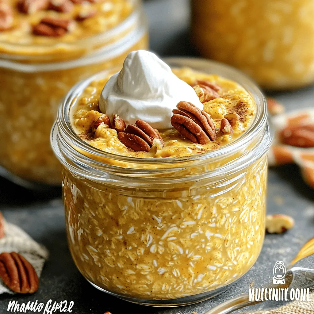 When making pumpkin pie overnight oats, you need some simple, tasty items. Here’s what you’ll want to gather: - 1 cup rolled oats - 1 cup almond milk (or any milk of choice) - 1/2 cup canned pumpkin puree - 1 tablespoon maple syrup (or honey) - 1 teaspoon pumpkin pie spice - 1/2 teaspoon vanilla extract - A pinch of salt - 1/4 cup Greek yogurt (optional for creaminess) - Chopped pecans or walnuts for topping - Whipped cream or coconut cream for serving (optional) These ingredients come together to create a warm, cozy flavor. Rolled oats form the base, while pumpkin puree gives it that classic taste. Almond milk keeps it creamy, and maple syrup adds sweet notes. Pumpkin pie spice makes it aromatic and warm. Greek yogurt is great if you want a richer texture. You can top it with nuts or cream for a nice finish. Each element works together to make breakfast feel special. - First, combine 1 cup rolled oats and 1 cup almond milk in a bowl. - Next, add 1/2 cup canned pumpkin puree, 1 tablespoon maple syrup, 1 teaspoon pumpkin pie spice, and 1/2 teaspoon vanilla extract to the bowl. - Sprinkle in a pinch of salt for taste. If you want creaminess, stir in 1/4 cup Greek yogurt. - Mix all the ingredients until smooth. Make sure there are no dry oats left. - Then, divide the mixture evenly into two jars or airtight containers. - Chilling overnight is key for great flavor and texture. - This allows the oats to soak up the milk and pumpkin. - Aim for a minimum chill time of 4 hours, but overnight is best. - When you're ready to eat, stir the oats well. - If the mixture is too thick, add a splash of almond milk. - Top with chopped pecans or walnuts for crunch. - If you like, add a dollop of whipped cream or coconut cream for extra flavor. Getting the right texture is key to great overnight oats. The ingredient ratios matter a lot. Use one cup of oats to one cup of milk. This mix keeps your oats creamy but not too runny. If your oats are too thick, add a splash of milk. Stir it in until you get the desired smoothness. You can adjust the flavor with different spices. Try cinnamon or nutmeg for a fun twist. You can also switch sweeteners. Maple syrup adds a rich taste, while honey is lighter. Each sweetener changes the flavor, so pick what you like best. Making a large batch saves time. You can double the recipe and store it in jars. Use airtight containers to keep them fresh. When you prep ahead, breakfast becomes easy. Grab a jar in the morning and enjoy! {{image_2}} You can change up your pumpkin pie overnight oats for fun. One idea is to add diced apple or pear. These fruits add a sweet crunch. They also bring a fresh twist to your oats. You can also try adding other fall spices. Cinnamon, nutmeg, or allspice can enhance the flavor. Just a pinch can make a big difference. If you follow a vegan diet, swap almond milk for any plant-based milk. Maple syrup is a great vegan sweetener too. To make this recipe gluten-free, use certified gluten-free oats. You can also lower the carbs. Use a sugar substitute like stevia. If you want more protein, add an extra scoop of Greek yogurt. This will make your oats even creamier and more filling. Get creative with your toppings! Chopped pecans or walnuts add crunch and healthy fats. You can also try fresh fruits like bananas or berries. These fruits will add vitamins and antioxidants. For a sweet touch, add a dollop of whipped cream or coconut cream. This makes your oats feel like dessert. Each topping brings its own health benefits, so mix and match for variety! To store your pumpkin pie overnight oats, use airtight containers. Glass jars work great. They keep the oats fresh and make for easy grab-and-go meals. Make sure to seal the lids tightly to prevent air from getting in. Always place your jars in the fridge right after you prepare them. This keeps them cold and tasty. In the fridge, your overnight oats last about 3 to 5 days. After that, they may lose flavor and texture. Signs of spoilage include a sour smell or mold on the surface. If you see either, throw them away. Always remember: when in doubt, toss it out! Yes, you can freeze pumpkin pie overnight oats! Portion them into freezer-safe containers. Leave some space at the top, as they expand when frozen. When you’re ready to eat, thaw them overnight in the fridge. For a quick thaw, you can use the microwave. Just heat them in short bursts, stirring in between. Enjoy your oats warm or cold! Yes, you can use quick oats. They will soak up liquid faster. Your oats will be softer and creamier. If you prefer a chewier texture, stick with rolled oats. They hold their shape better. To change the sweetness, add more or less maple syrup or honey. You can also use mashed banana or agave nectar. Taste the mixture before chilling. Adjust until it feels just right for you. No, yogurt is not required. If you want a creamier texture, add it. Greek yogurt adds protein and richness. If you skip it, your oats will still taste great. Yes, you can make a batch for the week. Just store them in airtight containers. They last up to five days in the fridge. This makes breakfast easy and quick. You can try adding different spices like cinnamon or nutmeg. Adding fruits like banana or apple can also be tasty. For a nutty twist, mix in almond butter or peanut butter. Get creative and have fun! This blog post covers everything you need to make delicious overnight oats. You learned about the key ingredients, step-by-step instructions, and tips to create your perfect bowl. Remember, you can customize flavors and toppings to fit your taste. Proper storage is vital for keeping your oats fresh. With the right prep, these oats can be a tasty and healthy meal prep option. Now you have the tools to enjoy this easy, nutritious dish any time. Dive in and discover your favorite variations today.