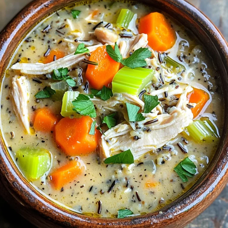 This soup needs a few main ingredients for great taste. Here’s what you’ll need: - 1 pound boneless, skinless chicken breasts - 1 cup wild rice blend - 4 cups low-sodium chicken broth - 1 medium onion, diced - 3 carrots, sliced - 3 celery stalks, sliced - 2 cloves garlic, minced Each of these items brings flavor and texture to the dish. The chicken adds protein. The wild rice gives a nice chew. The veggies bring color and sweetness. You can add some optional ingredients to make the soup even better: - 1 cup cream or half-and-half (for creaminess) - Fresh parsley, chopped (for garnish) Adding cream makes the soup richer. Fresh parsley adds a pop of color and freshness at the end. Seasoning is key to making this soup delicious. Here are the must-have seasonings: - 1 teaspoon dried thyme - 1 teaspoon dried sage - 1 bay leaf - Salt and pepper to taste Thyme and sage give the soup a warm, earthy flavor. Salt and pepper help bring out all the other tastes. Don’t skip these! First, gather all your ingredients. You will need boneless chicken breasts, wild rice, chicken broth, onion, carrots, celery, garlic, thyme, sage, bay leaf, salt, and pepper. If you want creaminess, grab cream or half-and-half. 1. Prepare the Chicken: Heat olive oil in a skillet over medium heat. Season chicken breasts with salt and pepper. Sear each side for about 4-5 minutes until golden brown. Remove the chicken and set it aside. This step adds great flavor. 2. Combine Ingredients: In your slow cooker, add diced onion, sliced carrots, sliced celery, and minced garlic. Then, add the wild rice, thyme, sage, bay leaf, and chicken broth. Stir all the ingredients well. 3. Add Chicken: Place the seared chicken on top. Season it with more salt and pepper. This allows the chicken to soak up all the great flavors while cooking. Now, it's time to cook! Cover the slow cooker. Cook on low for 6-8 hours or on high for 3-4 hours. The chicken should be tender, and the rice should be cooked through. Once it's done, remove the chicken breasts. Shred them using two forks, then return the shredded chicken to the slow cooker. If you want a creamier soup, stir in the cream or half-and-half now. Taste and adjust the seasoning if needed. Ladle the soup into bowls and sprinkle fresh parsley on top for a lovely finish. Enjoy your warm bowl of comfort! To get tender chicken, start by searing it in olive oil. This adds great flavor and locks in moisture. Sear each side for about four to five minutes. After that, let the chicken cook in the slow cooker. It will become soft and juicy after six to eight hours on low heat. Shred the chicken just before serving to keep it tender and delicious. Wild rice enhances the soup's taste. Use a blend that includes brown rice for added texture. Rinse the wild rice before adding it to the slow cooker. This helps remove dirt and extra starch, giving it a better flavor. Let it cook fully in the broth for a rich and nutty taste. Stir the mixture occasionally to ensure even cooking. Store leftover soup in airtight containers. Let the soup cool before sealing it. You can keep it in the fridge for up to three days. For longer storage, freeze the soup in portions. It will last up to three months in the freezer. When you’re ready to eat, thaw it overnight in the fridge and reheat on the stove. Enjoy this comforting soup again with ease! {{image_2}} You can easily make this soup lighter. Use skinless chicken thighs instead of breasts. They add flavor and moisture. You can swap cream for low-fat milk or unsweetened almond milk. This keeps the soup creamy without extra fat. You can also add more veggies for fiber and nutrients. If you have gluten issues, choose a gluten-free wild rice blend. This soup is also great for dairy-free diets. Just leave out the cream and use coconut milk instead. For a low-sodium option, use low-sodium broth. This keeps the dish tasty without too much salt. Want to spice up your soup? Add a pinch of cayenne pepper for heat. You can also stir in chopped mushrooms for a meaty texture. For a fresh touch, try adding spinach or kale near the end of cooking. Fresh herbs like dill or basil can brighten the soup. Mix and match these ideas to find your favorite flavor! After enjoying your soup, let it cool. Transfer the soup to a container with a tight lid. Use glass or BPA-free plastic containers for the best results. If you have a large batch, consider dividing it into smaller portions. This makes it easier to heat later. Always label your containers with the date. This helps you keep track of freshness. To reheat the soup, pour it into a pot. Heat it over medium heat. Stir often to prevent sticking. If the soup is too thick, add a splash of broth or water. You can also use a microwave. Place the soup in a microwave-safe dish. Cover it with a lid or a microwave-safe wrap. Heat in 1-minute intervals, stirring in between. This keeps the soup warm and tasty. Your soup can last about 3 to 4 days in the fridge. Make sure to store it properly in an airtight container. If you want to keep it longer, freeze it. The soup can last up to 3 months in the freezer. Just remember to thaw it in the fridge before reheating. Enjoy your delicious soup again! Yes, you can use frozen chicken in the slow cooker. However, make sure it’s fully cooked before you eat it. Slow cooking frozen chicken may take longer. I recommend cooking it on high for 4-5 hours. This way, the chicken reaches a safe temperature quickly. To make this soup vegetarian, swap the chicken for plant-based protein. You can use diced tofu or chickpeas. Replace the chicken broth with vegetable broth. Add more veggies like mushrooms or spinach for extra flavor. This keeps the soup hearty and satisfying. This soup pairs well with crusty bread or a fresh salad. You can serve it with garlic bread for a tasty option. A light side salad adds freshness and crunch. Any of these options will make a lovely meal together. This blog post shared how to make delicious Slow Cooker Chicken and Wild Rice Soup. We explored key ingredients, cooking steps, and tips for tender chicken and tasty rice. I also gave ideas for keeping leftovers fresh. Remember, you can adjust the recipe to suit your needs. Whether you want a healthy version or unique flavors, there are many options. Enjoy making this soup and share it with friends and family. It’s simple, tasty, and perfect for any meal!