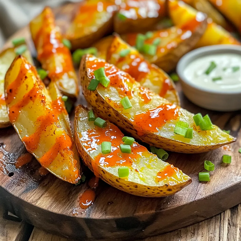 - 4 large russet potatoes - 3 tablespoons olive oil - 1 teaspoon garlic powder - 1 teaspoon onion powder - 1 teaspoon smoked paprika - 1 teaspoon salt - 1/2 teaspoon black pepper - 1/2 cup buffalo sauce - Optional garnishes: Chopped green onions and ranch dressing When I make Air Fryer Crispy Buffalo Potato Wedges, I start with fresh russet potatoes. They have the right starch to make my wedges fluffy inside and crispy outside. I wash and scrub them well to remove dirt and chemicals. Next, I cut each potato in half and slice them into wedges. I want them to be about the same size. This way, they cook evenly. I then place the wedges in a large bowl. I drizzle in the olive oil and sprinkle the spices. The garlic powder and onion powder add great flavor. Smoked paprika gives a nice touch. I mix everything well until the wedges are nicely coated. Now, I grab the buffalo sauce. I like to mix it with a splash of olive oil. This helps the sauce stick to the wedges and keeps them from burning. If you're feeling fancy, add some chopped green onions on top when serving. A side of ranch dressing makes a great dip too! - Preheat the air fryer to 400°F (200°C) for about 5 minutes. - Wash and scrub 4 large russet potatoes. Cut them in half lengthwise, then slice into wedges. - In a big bowl, toss the potato wedges with 3 tablespoons of olive oil, 1 teaspoon of garlic powder, 1 teaspoon of onion powder, 1 teaspoon of smoked paprika, 1 teaspoon of salt, and 1/2 teaspoon of black pepper. Make sure every wedge is coated well. - In another bowl, mix 1/2 cup of buffalo sauce with a splash of olive oil. This helps the sauce stick and keeps it from burning. - Place the seasoned potato wedges in the air fryer basket. Arrange them in a single layer. If your air fryer is small, you might need to cook in batches. - Cook for 15-20 minutes. Shake the basket halfway through the cooking time. This helps the wedges crisp up and brown evenly. Check for a golden brown color and crisp texture. Once they’re done, you can drizzle the buffalo sauce mix over the hot wedges. Toss gently to coat them. Enjoy these tasty bites right away! For the best potato wedges, I always choose russet potatoes. Their high starch content makes them fluffy inside and crispy outside. Look for large, firm potatoes. Avoid any with soft spots or green patches. These signs mean the potatoes are not fresh. Fresh potatoes make a big difference in taste and texture. To get that perfect crunch, set your air fryer to 400°F (200°C). This high heat cooks the wedges well. Cook them for about 15 to 20 minutes. It is crucial to shake the basket halfway through. This helps the wedges brown evenly. If you want extra crispiness, cook them a little longer. Just watch closely to avoid burning. While buffalo sauce is key, you can add more flavor. Try sprinkling in some cayenne pepper for heat. Or mix in cumin for a warm, earthy taste. When it comes to buffalo sauce, I recommend Frank's RedHot or a local brand that you love. These sauces offer great flavor and range from mild to hot. Don't be afraid to experiment with your favorite spices, too! {{image_2}} You can switch things up with sweet potato wedges. They have a natural sweetness that pairs well with buffalo sauce. Just follow the same steps but use sweet potatoes instead. You can also try spicy twists. Add hot sauce to the buffalo mix for more heat. A little cayenne pepper can make them sizzle! For a vegan option, choose a plant-based buffalo sauce. Many brands offer tasty vegan choices. Check the label for dairy or egg ingredients. If you need gluten-free, ensure your buffalo sauce is free of gluten. Most sauces are safe, but it’s always smart to read labels. Creative dips make these wedges even better. Ranch dressing is a classic, but try blue cheese too. You can also serve them with guacamole for a twist. Pair them with wings or a salad for a full meal. These wedges are great as a snack or a side dish. To store any leftover potato wedges, first let them cool to room temperature. Place them in an airtight container. This will help keep them fresh. Store the container in the fridge. Use the leftovers within three days for the best taste. When you want to enjoy your leftover potato wedges, reheating them properly is key. The best way to keep them crispy is to use the air fryer. Preheat the air fryer to 350°F (175°C). Place the wedges in a single layer and heat for about 5-7 minutes. You can also use a regular oven. Heat them at 400°F (200°C) for about 10 minutes. This will help them regain their crunch. Yes, you can freeze air-fried potato wedges! To freeze them, let the wedges cool, then place them in a single layer on a baking sheet. Freeze them for about an hour until they are firm. Once frozen, transfer the wedges to a freezer-safe bag or container. They can last for up to three months. When you're ready to eat them, cook them directly from frozen in the air fryer at 400°F (200°C) for about 15-20 minutes. Enjoy the crispy goodness! Yes, you can! If you don't have an air fryer, you can bake or fry the wedges. To bake them, preheat your oven to 425°F (220°C). Spread the seasoned wedges on a baking sheet in a single layer. Bake for 25-30 minutes. Flip them halfway through for even crispiness. If you prefer frying, heat oil in a deep pan. Fry the wedges until golden brown, about 5-7 minutes. Cooking time for potato wedges in an air fryer varies. For thick wedges, cook for 18-20 minutes. For thinner ones, 15-17 minutes should be enough. Always shake the basket halfway through. This step helps them cook evenly and become extra crispy. These buffalo potato wedges go well with many sides. Try serving them with ranch dressing for dipping. You can also add a fresh salad or some celery sticks to balance the heat. For a fun twist, serve them with a side of blue cheese dip. Pairing these wedges with grilled chicken or burgers makes for a great meal, too! This blog post covered how to make delicious buffalo potato wedges. We started with the right ingredients and walked through each step. We shared tips to get crispy wedges and offered tasty variations. Storing and reheating leftovers deserve attention too. By following these steps, you’ll create a great dish for any meal or snack. Enjoy making these tasty wedges and exploring all their flavors! You now have everything you need to impress your friends and family with an exciting dish.