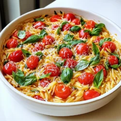 - 1 cup orzo pasta - 2 tablespoons olive oil - 3 cloves garlic, minced - 1 cup cherry tomatoes, halved - 2 cups vegetable broth - 1 cup heavy cream - 1 teaspoon dried oregano - 1/2 teaspoon red pepper flakes (optional) - Salt and pepper to taste - 1 cup fresh basil leaves, chopped - 1/2 cup grated Parmesan cheese (optional) For this creamy tomato basil orzo, measurements are key. Use one cup of orzo pasta, which cooks perfectly in this dish. Two tablespoons of olive oil help sauté the garlic. You’ll need three cloves of garlic, minced finely for great flavor. Cherry tomatoes are best; one cup, halved, adds sweetness and color. For the liquid, two cups of vegetable broth and one cup of heavy cream create a rich base. Add one teaspoon of dried oregano for that classic taste. If you like some heat, include half a teaspoon of red pepper flakes. Season with salt and pepper to your liking. Finally, use one cup of fresh basil leaves for freshness and aroma. If you want that cheesy taste, half a cup of grated Parmesan cheese is a great option. While the recipe shines as is, you can personalize it. If you prefer more heat, add extra red pepper flakes. Want more texture? Toss in some cooked chicken or shrimp for protein. You could also try adding a splash of lemon juice for a zesty twist. If you’re vegan, replace the heavy cream with coconut cream and skip the cheese. These small changes can make a big difference in flavor and appeal. Start by heating 2 tablespoons of olive oil in a large pot over medium heat. Once hot, add 3 cloves of minced garlic. Sauté the garlic for about one minute. You want it to smell good but not burn. Next, add 1 cup of halved cherry tomatoes. Cook these for about five minutes, stirring now and then. You’ll notice the tomatoes soften and let out their juices. This step builds a rich flavor base for your dish. Now it’s time to add the orzo. Stir in 1 cup of orzo pasta and let it cook for another two minutes. This slight toasting gives the orzo a nice flavor. After that, pour in 2 cups of vegetable broth and 1 cup of heavy cream. Then add 1 teaspoon of dried oregano and 1/2 teaspoon of red pepper flakes if you like some heat. Mix everything well and bring it to a gentle boil. Once it’s boiling, reduce the heat to low. Cover the pot and let it simmer for about 10 to 12 minutes. Stir occasionally to avoid sticking. You want the orzo to be tender and most of the liquid absorbed. When the orzo is cooked, take the pot off the heat. Season with salt and pepper to taste. Then, mix in 1 cup of chopped fresh basil. If you want, add 1/2 cup of grated Parmesan cheese for extra creaminess. Stir until everything is well combined. Serve the dish right away. You can garnish it with more fresh basil and a sprinkle of Parmesan on top if you like. Enjoy this creamy tomato basil orzo as a comforting weeknight meal! To make this dish creamy, use heavy cream. It gives a rich taste. You can also add more if you like. For a lighter option, try half-and-half. Just remember, the cream helps balance the flavors. Stir it in at the end for the best texture. Heat the olive oil well before adding garlic. This step adds deep flavor. Sauté garlic until it’s fragrant, but don’t let it brown. Add cherry tomatoes next. This helps release their juices, making a tasty sauce. When cooking the orzo, stir often. This keeps it from sticking to the pot. Simmer until the orzo is soft, but not mushy. Serve this dish hot for the best taste. Top with fresh basil and more Parmesan cheese. You can also pair it with a side salad or crusty bread. This adds texture and freshness to the meal. For a fun twist, try adding grilled chicken or shrimp on top. It makes the dish heartier and more filling. {{image_2}} You can easily add proteins to your creamy tomato basil orzo. This dish works great with chicken, shrimp, or even sausage. For chicken, cook bite-sized pieces in the pot before adding the garlic. For shrimp, add them in during the last few minutes of cooking. If you use sausage, slice it and cook it until browned before adding the other ingredients. This way, you get a hearty meal that fills you up! If you want a vegetarian or vegan version, you can swap a few ingredients. Use vegetable broth and replace heavy cream with coconut milk or cashew cream. For added protein, toss in chickpeas or lentils. You can also add more vegetables, like spinach or zucchini, to make it even healthier. This keeps the dish creamy and delicious while staying plant-based! You can boost the flavor of your orzo with simple additions. Try adding fresh herbs like thyme or parsley. A splash of lemon juice brightens the dish and adds zest. If you love spice, increase the red pepper flakes or add a dash of hot sauce. You can even stir in sun-dried tomatoes for a deeper tomato flavor. These tweaks make your meal even more exciting and tasty! To store your creamy tomato basil orzo, let it cool first. Then, place it in an airtight container. Make sure to seal it tightly to keep the flavors fresh. You can keep it in the fridge for easy access during the week. When you're ready to enjoy your leftovers, use a saucepan to reheat. Add a splash of vegetable broth or water to help loosen the orzo. Heat over medium-low until warmed through, stirring often. This keeps it creamy and tasty. Your creamy tomato basil orzo will last about 3 to 4 days in the fridge. If you want to keep it longer, you can freeze it. In the freezer, it stays good for up to 3 months. Just remember to label the container with the date. Yes, you can use other pasta shapes. I suggest using small shapes like ditalini or small shells. They will cook well and absorb the sauce. Just keep an eye on the cooking time. You want them tender but not mushy. To add heat, use red pepper flakes. Start with a pinch and taste. You can always add more! Another option is to mix in diced jalapeños or hot sauce. Just remember, spice levels can vary. Adjust to your liking for the perfect kick. If you want a lighter option, use half-and-half or whole milk. For a dairy-free choice, try coconut milk or cashew cream. Both add a nice creaminess. Just know that different substitutes will change the flavor a bit. Always taste as you go to find the right balance. This blog post covered key steps to create a delicious dish with orzo. We discussed ingredients, including measurements and options. You learned how to prepare, cook, and serve this meal with tips for creaminess and techniques. We also explored variations, storage info, and answered common questions. Cooking can be fun and creative. I hope you feel ready to try this recipe. Enjoy your cooking adventure!