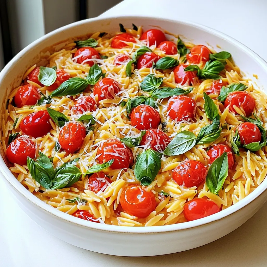 - 1 cup orzo pasta - 2 tablespoons olive oil - 3 cloves garlic, minced - 1 cup cherry tomatoes, halved - 2 cups vegetable broth - 1 cup heavy cream - 1 teaspoon dried oregano - 1/2 teaspoon red pepper flakes (optional) - Salt and pepper to taste - 1 cup fresh basil leaves, chopped - 1/2 cup grated Parmesan cheese (optional) For this creamy tomato basil orzo, measurements are key. Use one cup of orzo pasta, which cooks perfectly in this dish. Two tablespoons of olive oil help sauté the garlic. You’ll need three cloves of garlic, minced finely for great flavor. Cherry tomatoes are best; one cup, halved, adds sweetness and color. For the liquid, two cups of vegetable broth and one cup of heavy cream create a rich base. Add one teaspoon of dried oregano for that classic taste. If you like some heat, include half a teaspoon of red pepper flakes. Season with salt and pepper to your liking. Finally, use one cup of fresh basil leaves for freshness and aroma. If you want that cheesy taste, half a cup of grated Parmesan cheese is a great option. While the recipe shines as is, you can personalize it. If you prefer more heat, add extra red pepper flakes. Want more texture? Toss in some cooked chicken or shrimp for protein. You could also try adding a splash of lemon juice for a zesty twist. If you’re vegan, replace the heavy cream with coconut cream and skip the cheese. These small changes can make a big difference in flavor and appeal. Start by heating 2 tablespoons of olive oil in a large pot over medium heat. Once hot, add 3 cloves of minced garlic. Sauté the garlic for about one minute. You want it to smell good but not burn. Next, add 1 cup of halved cherry tomatoes. Cook these for about five minutes, stirring now and then. You’ll notice the tomatoes soften and let out their juices. This step builds a rich flavor base for your dish. Now it’s time to add the orzo. Stir in 1 cup of orzo pasta and let it cook for another two minutes. This slight toasting gives the orzo a nice flavor. After that, pour in 2 cups of vegetable broth and 1 cup of heavy cream. Then add 1 teaspoon of dried oregano and 1/2 teaspoon of red pepper flakes if you like some heat. Mix everything well and bring it to a gentle boil. Once it’s boiling, reduce the heat to low. Cover the pot and let it simmer for about 10 to 12 minutes. Stir occasionally to avoid sticking. You want the orzo to be tender and most of the liquid absorbed. When the orzo is cooked, take the pot off the heat. Season with salt and pepper to taste. Then, mix in 1 cup of chopped fresh basil. If you want, add 1/2 cup of grated Parmesan cheese for extra creaminess. Stir until everything is well combined. Serve the dish right away. You can garnish it with more fresh basil and a sprinkle of Parmesan on top if you like. Enjoy this creamy tomato basil orzo as a comforting weeknight meal! To make this dish creamy, use heavy cream. It gives a rich taste. You can also add more if you like. For a lighter option, try half-and-half. Just remember, the cream helps balance the flavors. Stir it in at the end for the best texture. Heat the olive oil well before adding garlic. This step adds deep flavor. Sauté garlic until it’s fragrant, but don’t let it brown. Add cherry tomatoes next. This helps release their juices, making a tasty sauce. When cooking the orzo, stir often. This keeps it from sticking to the pot. Simmer until the orzo is soft, but not mushy. Serve this dish hot for the best taste. Top with fresh basil and more Parmesan cheese. You can also pair it with a side salad or crusty bread. This adds texture and freshness to the meal. For a fun twist, try adding grilled chicken or shrimp on top. It makes the dish heartier and more filling. {{image_2}} You can easily add proteins to your creamy tomato basil orzo. This dish works great with chicken, shrimp, or even sausage. For chicken, cook bite-sized pieces in the pot before adding the garlic. For shrimp, add them in during the last few minutes of cooking. If you use sausage, slice it and cook it until browned before adding the other ingredients. This way, you get a hearty meal that fills you up! If you want a vegetarian or vegan version, you can swap a few ingredients. Use vegetable broth and replace heavy cream with coconut milk or cashew cream. For added protein, toss in chickpeas or lentils. You can also add more vegetables, like spinach or zucchini, to make it even healthier. This keeps the dish creamy and delicious while staying plant-based! You can boost the flavor of your orzo with simple additions. Try adding fresh herbs like thyme or parsley. A splash of lemon juice brightens the dish and adds zest. If you love spice, increase the red pepper flakes or add a dash of hot sauce. You can even stir in sun-dried tomatoes for a deeper tomato flavor. These tweaks make your meal even more exciting and tasty! To store your creamy tomato basil orzo, let it cool first. Then, place it in an airtight container. Make sure to seal it tightly to keep the flavors fresh. You can keep it in the fridge for easy access during the week. When you're ready to enjoy your leftovers, use a saucepan to reheat. Add a splash of vegetable broth or water to help loosen the orzo. Heat over medium-low until warmed through, stirring often. This keeps it creamy and tasty. Your creamy tomato basil orzo will last about 3 to 4 days in the fridge. If you want to keep it longer, you can freeze it. In the freezer, it stays good for up to 3 months. Just remember to label the container with the date. Yes, you can use other pasta shapes. I suggest using small shapes like ditalini or small shells. They will cook well and absorb the sauce. Just keep an eye on the cooking time. You want them tender but not mushy. To add heat, use red pepper flakes. Start with a pinch and taste. You can always add more! Another option is to mix in diced jalapeños or hot sauce. Just remember, spice levels can vary. Adjust to your liking for the perfect kick. If you want a lighter option, use half-and-half or whole milk. For a dairy-free choice, try coconut milk or cashew cream. Both add a nice creaminess. Just know that different substitutes will change the flavor a bit. Always taste as you go to find the right balance. This blog post covered key steps to create a delicious dish with orzo. We discussed ingredients, including measurements and options. You learned how to prepare, cook, and serve this meal with tips for creaminess and techniques. We also explored variations, storage info, and answered common questions. Cooking can be fun and creative. I hope you feel ready to try this recipe. Enjoy your cooking adventure!