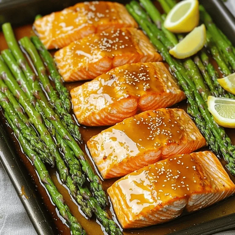 - 4 salmon fillets (6 oz each) - 1 bunch of asparagus, trimmed - 4 tablespoons honey - 3 tablespoons soy sauce (low sodium) - 3 cloves garlic, minced - 1 tablespoon olive oil - 1 teaspoon sesame oil - Salt and pepper to taste - Sesame seeds for garnish - Lemon wedges for serving This recipe shines with fresh salmon and crisp asparagus. The honey adds a sweet touch, while the soy sauce brings depth. You can find the main ingredients at any grocery store. When buying salmon, look for vibrant color and firmness. Fresh asparagus should snap when bent. For the garlic, use fresh cloves for the best flavor. You will mix the honey, soy sauce, olive oil, and sesame oil into a tasty marinade. This mix gives a rich flavor to both the salmon and asparagus. Don't forget to season with salt and pepper to enhance the taste. For serving, sprinkle sesame seeds on top for a nice crunch. Lemon wedges add brightness and a zesty kick. The combination of these ingredients makes this dish a delight for your taste buds. - Preheat your oven to 400°F. - Line a large sheet pan with parchment paper or aluminum foil. Setting the oven to 400°F helps the salmon cook evenly. Lining the pan makes for easy cleanup later. You will love how quick this part is! - Whisk together 4 tablespoons of honey, 3 tablespoons of soy sauce, and 3 minced garlic cloves. This marinade adds a sweet and savory touch to your dish. The honey balances the salt of the soy sauce. Mixing it well ensures that all flavors blend. - Place 4 salmon fillets in the center of the pan. - Arrange 1 bunch of trimmed asparagus around the salmon. - Drizzle half of the honey garlic mixture over the salmon and asparagus. Placing the salmon in the center helps it cook perfectly. The asparagus cooks great when spread around the fish. Be sure to coat everything with the marinade for the best flavor. - Bake the salmon and asparagus in the oven for 15-20 minutes. - While they bake, simmer the leftover marinade in a small pan for 3-5 minutes until it thickens. Check for doneness by seeing if the salmon flakes easily with a fork. The asparagus should be tender but still crisp. Drizzling the thickened sauce over the dish adds a nice finish and extra flavor. To get the best salmon, know its thickness. A thick piece needs more time, while a thin one cooks fast. Generally, cook salmon for 15-20 minutes at 400°F. Check if it flakes easily with a fork. This means it's done. If not, give it a few more minutes. For a tasty meal, marinate the salmon longer. Try letting it sit in the honey garlic mix for 30 minutes. This adds depth to the flavor. If you want a bit more kick, add extra soy sauce or garlic to the mix. Taste as you go to find your perfect balance. Serving matters! Lay the salmon and asparagus on a big platter. Drizzle with the thickened sauce and sprinkle sesame seeds on top. For a pop of color, add lemon wedges beside the fish. This not only looks great but also adds a fresh taste when you squeeze the lemon over the dish. {{image_2}} You can switch the salmon for chicken or tofu. Chicken thighs work well because they stay juicy. Just cut them into pieces and follow the same steps. Tofu, especially firm tofu, makes a great choice for a plant-based option. Press the tofu to remove extra water, then marinate it in the honey garlic mix. Bake it just like the salmon for a tasty result. Asparagus is a star, but you can use other veggies too. Bell peppers add a sweet crunch. Just slice them into strips and toss them on the pan. Broccoli florets also work nicely. They soak up the honey garlic flavor and turn tender in the oven. Feel free to mix them up for colorful and healthy meals. Want to change up the taste? Try adding spices or herbs. A pinch of red pepper flakes adds heat. Fresh herbs like thyme or parsley can brighten the dish. You can also use ginger for a zesty twist. Just add these to the marinade or sprinkle them on before baking. These small changes can take your dish to the next level. After enjoying your meal, store leftovers right away. This keeps your salmon and asparagus fresh. Place them in airtight containers. This helps to lock in flavor and moisture. Aim to refrigerate within two hours after cooking. Your leftovers will stay fresh in the fridge for 3 to 4 days. When it's time to enjoy your leftovers, reheating is easy. You can use a microwave, oven, or stovetop. For the microwave, place the salmon and asparagus on a plate. Heat in short bursts of 30 seconds. Check often to avoid overcooking. If you use an oven, set it to 350°F (175°C). Cover the dish with foil to keep it moist. Heat for about 10-15 minutes. On the stovetop, add a splash of water to a pan. Heat over medium heat until warmed through. If you want to save some for later, freezing works well. Let the dish cool completely before freezing. Wrap the salmon and asparagus tightly in plastic wrap. Then, place them in a freezer-safe bag or container. This keeps them fresh for up to 3 months. When you're ready to eat, thaw in the fridge overnight. Reheat as mentioned above, and enjoy your meal again! You should bake salmon for 15 to 20 minutes at 400°F. If your salmon is thick, it may need extra time. Check for doneness by seeing if it flakes easily with a fork. The salmon should be opaque and look moist. Yes, you can use fresh garlic. To prepare fresh garlic, peel and chop it finely. Use about one clove of fresh garlic for every minced clove in the recipe. Fresh garlic has a stronger flavor, so adjust to your taste. You can pair honey garlic salmon with several side dishes. Here are some ideas: - Rice or quinoa for a hearty base - Roasted potatoes for added crunch - A fresh garden salad for a light touch - Steamed vegetables for extra nutrition These sides complement the salmon's flavor and make a complete meal. This recipe for honey garlic salmon with asparagus is simple and flavorful. You learned about key ingredients like salmon, asparagus, and honey. I provided steps for prep, cooking, and serving. By following my tips, you can ensure perfect results every time. Remember, you can customize this dish with different proteins or veggies. It’s versatile and great for any meal. Enjoy experimenting in the kitchen and sharing this tasty dish with others!