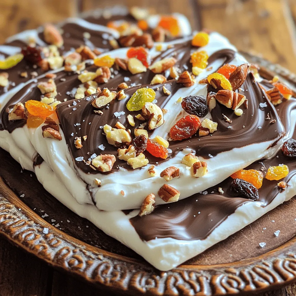 For this tasty treat, you need: - 2 cups plain Greek yogurt - 1/4 cup honey or maple syrup - 1/2 teaspoon vanilla extract - 1/2 cup dark chocolate chips - 1/4 cup crushed nuts (almonds, walnuts, or pistachios) - 1/4 cup dried fruits (cranberries, cherries, or apricots) - Sea salt for sprinkling These ingredients come together to make a creamy and sweet bark that feels like a dessert but is healthy too. You can customize your bark with fun add-ins. Try adding: - Shredded coconut for extra texture - A sprinkle of cinnamon for warmth - Chia seeds for added crunch These options boost flavor and nutrition, making your bark even better. If you have dietary needs, there are easy swaps. For dairy-free options, use coconut yogurt instead of Greek yogurt. If you want a low-sugar treat, opt for a sugar substitute. You can also replace nuts with seeds if you have nut allergies. These changes keep the bark delicious while fitting your needs. First, grab a medium mixing bowl. Add 2 cups of plain Greek yogurt. Then, pour in 1/4 cup of honey or maple syrup. Next, add 1/2 teaspoon of vanilla extract. Mix these together well using a spatula or whisk. You want a smooth and creamy blend. This mixture will be the base of our bark. Now, take 1/2 cup of dark chocolate chips. Place them in a microwave-safe bowl. Heat the chocolate in the microwave in 30-second bursts. Stir the chocolate in between each burst. Keep doing this until the chocolate is fully melted and smooth. Be careful not to overheat it, as burnt chocolate can ruin the flavor. Take a baking sheet, about 9x13 inches, and line it with parchment paper. Make sure to leave some paper hanging over the edges for easy removal. Pour the yogurt mixture onto the baking sheet. Spread it out evenly, creating a rectangle about 1/4 inch thick. Drizzle the melted chocolate over the yogurt. Use a spatula or knife to swirl it gently for a marbled look. Next, sprinkle 1/4 cup of crushed nuts and 1/4 cup of dried fruits evenly on top. Finish with a pinch of sea salt for extra flavor. Place the baking sheet in the freezer for at least 3 hours. Once firm, remove the bark from the parchment paper and break it into pieces. Enjoy your tasty and healthy snack! To get a smooth and creamy texture, start with good Greek yogurt. Use full-fat yogurt for the best results. Mix the yogurt with honey and vanilla until it is fully blended. This step helps to keep it creamy. Avoid overmixing, as it can add air and make your bark less smooth. For that beautiful marble look, melt your dark chocolate slowly. Use short bursts in the microwave, stirring in between. When you drizzle the chocolate over the yogurt, do it gently. Use a spatula or knife to swirl it lightly. Don't mix it too much; you want to see both the yogurt and chocolate. When serving your bark, break it into nice pieces. You can stack them in a pretty bowl or on a platter. Add fresh berries on the side for a pop of color. A sprinkle of sea salt adds a nice touch and enhances the flavors. Enjoy this tasty treat with friends or family! {{image_2}} You can change the flavor of your Chocolate Greek Yogurt Bark. Try adding fruit. For a berry twist, mix in fresh strawberries or blueberries. You can also blend in mashed banana for a creamy texture. If you want something tropical, try adding crushed pineapple or mango. These fruits add natural sweetness and brighten the bark. The toppings you choose can change your bark's taste and look. Instead of nuts, you could use seeds like pumpkin or sunflower seeds. These add crunch and nutrition. You can also add coconut flakes for a sweet and chewy bite. If you love chocolate, sprinkle some mini chocolate chips on top. Each topping can bring a new flavor to your bark. To make this recipe vegan, swap the Greek yogurt for a plant-based yogurt. Almond or coconut yogurt works well. Use maple syrup instead of honey for sweetness. Choose dairy-free chocolate chips for the drizzle. This way, anyone can enjoy a tasty and healthy snack. After making your Chocolate Greek Yogurt Bark, let it cool completely. I recommend placing it in an airtight container. This keeps it fresh and moist. You can layer the bark pieces with parchment paper to avoid sticking. To freeze the bark, cut it into pieces first. Place the pieces on a baking sheet in a single layer. Freeze them for about 1 hour. After they are firm, transfer them to a freezer-safe bag. This helps save space and keeps them from breaking. When stored properly, the bark lasts about 2 to 3 weeks in the fridge. If frozen, it can stay good for up to 2 months. Always check for any signs of freezer burn. Enjoying it within these time frames ensures the best flavor and texture. Yes, you can use flavored Greek yogurt. It adds fun tastes to your bark. Just remember, flavored yogurt may change the sweetness. If you use vanilla, the taste works well with chocolate. Try strawberry yogurt for a fruity twist! Many toppings can make your bark even better. Here are some ideas: - Fresh fruit like berries or banana slices - Different nuts like pecans or hazelnuts - Seeds such as chia or pumpkin seeds - Coconut flakes for crunch - A sprinkle of cinnamon for warmth Mix and match toppings to find your favorite combo! To cut down on sugar, you have options. First, use less honey or maple syrup. You can also swap with a sugar-free sweetener. Choose unsweetened Greek yogurt for less sugar. Lastly, skip the chocolate chips or use dark chocolate with lower sugar. This way, you can enjoy a tasty bark with less guilt! You now have all the tools to make delicious Chocolate Greek Yogurt Bark. We covered the main ingredients, step-by-step instructions, and tips for a creamy texture and perfect marble effect. You explored variations, from fruity flavors to vegan options, and learned how to store your bark for later enjoyment. Chocolate Greek Yogurt Bark is tasty and easy to personalize. Try different toppings and flavors to make it your own! Enjoy creating this treat and impress others with your skills.