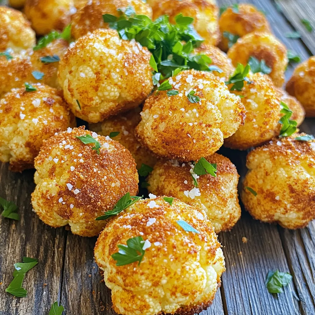 To make crispy Air Fryer Parmesan cauliflower bites, gather these ingredients: - 1 medium cauliflower head, cut into bite-sized florets - 1 cup grated Parmesan cheese - 1/2 cup all-purpose flour (or a gluten-free alternative) - 2 large eggs - 1 teaspoon garlic powder - 1/2 teaspoon onion powder - 1/2 teaspoon paprika - Salt and pepper to taste - Fresh parsley, chopped (for garnish) If you need substitutes, here are some options: - For grated Parmesan, use nutritional yeast for a vegan twist. - Swap all-purpose flour with almond flour or coconut flour for a gluten-free choice. - Instead of eggs, use a flaxseed meal mix to bind the coating. Fresh cauliflower offers many benefits: - It is low in calories and high in fiber. - Cauliflower is rich in vitamins C and K, boosting your health. - It has a mild flavor that absorbs spices well, making it very versatile. - Using fresh ingredients enhances taste and texture in your dish. Start by taking one medium cauliflower head. Cut it into bite-sized florets. Make sure they are all similar in size. This helps them cook evenly. Rinse the florets under cold water. Pat them dry with a towel. Dry florets will help the coating stick better. In a large bowl, mix 1 cup of grated Parmesan cheese with 1/2 cup of all-purpose flour. Add 1 teaspoon of garlic powder, 1/2 teaspoon of onion powder, and 1/2 teaspoon of paprika. Don't forget to add salt and pepper to taste. Stir until everything combines well. In a separate bowl, beat 2 large eggs until frothy. Take each cauliflower floret and dip it into the egg. Make sure it is fully coated. Then, dredge it in the Parmesan mixture, pressing lightly to ensure the coating sticks. Repeat this process for all florets. Preheat your air fryer to 375°F (190°C) for about 5 minutes. Place the coated cauliflower bites in a single layer in the air fryer basket. Do not overcrowd them; this ensures they become crispy. You may need to cook in batches. Air fry for 12-15 minutes, shaking the basket halfway through. This helps all sides crisp up nicely. When they turn golden brown and crispy, they are ready. Remove them from the air fryer and sprinkle with chopped fresh parsley before serving. Enjoy your crispy delight! To get the crispiest bites, start with dry cauliflower. Pat the florets with a towel. This helps the coating stick better. Use a good amount of Parmesan for extra crunch. Make sure to coat each piece well. Do not overcrowd the air fryer basket. This helps the hot air flow around the bites. Shake the basket halfway through cooking. This ensures even cooking and crispiness. One common mistake is not preheating the air fryer. Always preheat for about 5 minutes. Another mistake is using too much batter. It can make the bites soggy. Make sure to coat each floret lightly. Skipping the egg wash is also a no-no. The egg helps the cheese and flour stick. Lastly, do not skip the shaking step. It’s key for even cooking. These bites pair well with dipping sauces. Try ranch or marinara for a tasty twist. They also make a great side for grilled chicken or fish. Feel free to serve them on a platter with fresh veggies. Add a sprinkle of fresh parsley on top for color. This adds a nice touch and enhances the flavor. Enjoy your crispy cauliflower bites with friends and family! {{image_2}} You can easily make these bites gluten-free. Instead of all-purpose flour, use almond flour or chickpea flour. Both options provide a nice texture and flavor. They work well in the recipe. Just replace the flour and follow the steps as normal. Your bites will still be crispy and tasty. I love to mix up the flavors in these bites. You can add herbs like Italian seasoning or dried oregano for a fresh taste. A pinch of cayenne pepper gives a nice kick. If you enjoy a smoky flavor, smoked paprika is a great choice. Experiment with your favorite spices to make these bites your own. While Parmesan is great, you can try other cheeses too. Grated cheddar adds a sharp taste. For a creamier texture, use mozzarella. If you want a bold flavor, go for crumbled feta or blue cheese. Each cheese will give a unique twist to your cauliflower bites. Enjoy finding the perfect cheese for your taste! After cooking, let your cauliflower bites cool. Place them in an airtight container. Use a container that fits snugly to keep them fresh. Store the bites in the fridge for up to three days. This way, you can enjoy them later without losing flavor. To reheat, use your air fryer again for the best crisp. Set it to 350°F (175°C) and heat for about 5 to 7 minutes. This method keeps them crunchy. You can also use an oven at the same temperature if you prefer. Place the bites on a baking sheet and watch them carefully to avoid burning. You can freeze cauliflower bites for later enjoyment. Start by letting them cool completely. Lay them out on a baking sheet in a single layer. Freeze for about an hour until firm. Then, transfer them to a freezer bag. They can stay frozen for up to three months. When ready to eat, cook from frozen in the air fryer for about 15 to 20 minutes. Enjoy your tasty bites anytime! Yes, you can bake these cauliflower bites in a regular oven. Preheat your oven to 400°F (200°C). Follow the same steps for coating the cauliflower. Place them on a baking sheet lined with parchment paper. Bake for 20-25 minutes, flipping them halfway through. This method gives you tasty bites, but they may not be as crispy. These cauliflower bites pair well with many dishes. You can serve them as a snack or side. They go great with dips like ranch or marinara. You can also serve them alongside grilled chicken or fish. For a fun meal, add a fresh salad or roasted veggies to your plate. You can tell the cauliflower bites are done when they turn golden brown. They should be crispy on the outside. Use a fork to test a piece; it should be tender inside. If they need more time, cook them in 2-minute intervals, checking until they reach your desired crispiness. This blog post covers how to make tasty cauliflower bites. We looked at ingredients, prep steps, and cooking tips. Fresh cauliflower offers great benefits, while air frying gives perfect texture. I shared clever tricks to keep bites crispy and avoid common errors. You can try fun flavor variations and find storage tips for leftovers. In the end, enjoy experimenting and sharing these bites. They are not just healthy but delicious too.