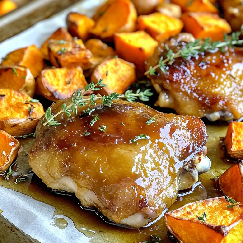 - 4 chicken thighs, boneless and skinless - 2 large sweet potatoes, peeled and cubed - 1/4 cup pure maple syrup The base of this dish is simple yet satisfying. I choose chicken thighs for their rich flavor and tenderness. Sweet potatoes add a sweet touch and a nice texture. Maple syrup brings a delightful sweetness that balances the savory elements. - 3 tablespoons Dijon mustard - 2 tablespoons olive oil - 1 teaspoon garlic powder - 1 teaspoon onion powder - 1 teaspoon smoked paprika - Salt and pepper to taste The glaze is what makes this meal shine. Dijon mustard adds a tangy kick. Olive oil helps the glaze stick and adds richness. Garlic powder and onion powder boost flavor, while smoked paprika gives a lovely depth. Season with salt and pepper to taste for the perfect balance. - Fresh thyme - Parsley Garnish adds color and freshness. I love using fresh thyme for its earthy notes. Parsley brightens the dish and makes it visually appealing. Both herbs enhance the flavor and presentation, making the meal feel extra special. First, preheat your oven to 425°F (220°C). This high heat helps the chicken and sweet potatoes cook well. Next, line a large sheet pan with parchment paper. This makes cleanup easy and prevents sticking. In a small bowl, whisk together the following ingredients: - 1/4 cup pure maple syrup - 3 tablespoons Dijon mustard - 2 tablespoons olive oil - 1 teaspoon garlic powder - 1 teaspoon onion powder - 1 teaspoon smoked paprika - Salt and pepper to taste This mix creates a sweet and tangy glaze. Whisk until everything combines smoothly. In a mixing bowl, toss the cubed sweet potatoes with half of the maple glaze. Make sure they are well coated. Then, spread the sweet potatoes in a single layer on one side of the prepared sheet pan. Pat the chicken thighs dry with paper towels. Season both sides with salt and pepper. Place the chicken on the other side of the pan. Brush the remaining maple glaze over the chicken. This will add flavor and shine. Roast in the preheated oven for 25-30 minutes. The chicken should reach an internal temperature of 165°F (75°C). The sweet potatoes need to be tender and caramelized. For the last 3-5 minutes, turn on the broiler. This helps the chicken get a golden color. Watch closely to avoid burning. Once done, take the pan out of the oven. Let the chicken rest for a few minutes before slicing. To get sweet potatoes right, start with even cubes. Aim for 1-inch pieces. This size cooks evenly and gives great texture. Cook them for about 25-30 minutes. Check for tenderness with a fork. They should be soft but not mushy. This timing works well with the chicken in the oven. To know when chicken is done, use a meat thermometer. Insert it into the thickest part of the thigh. It should read 165°F (75°C). This ensures your chicken is safe to eat and juicy. Let the chicken rest for a few minutes after cooking. This step helps the juices stay inside. Using parchment paper is a game changer. Line your sheet pan before cooking. It prevents sticking and makes cleanup quick. Once you’re done, just lift off the paper and toss it. Your pan stays clean, and you save time. {{image_2}} You can switch the chicken thighs for chicken breasts. Chicken breasts are leaner, but they still taste great with the glaze. Just remember, they cook faster. Check for doneness at 165°F. If you want a different flavor, try turkey. Turkey thighs work nicely in this dish. They have a rich taste that pairs well with maple syrup. Just make sure to adjust the cooking time as needed, since turkey can be a bit thicker. You can add more veggies to the mix. Carrots give a sweet crunch. Cut them into thick pieces so they cook well. Brussels sprouts are another great choice. Halve them and toss with the glaze. They add a nice, earthy flavor. Feel free to get creative with your veggies. Just cut them evenly so they roast at the same time as the chicken and sweet potatoes. You can change up the glaze for new flavors. Try adding soy sauce for a savory twist. It balances the sweetness of the maple syrup. For a spicy kick, add red pepper flakes or a splash of hot sauce. You can also use different spices. Try cumin or coriander for a warm flavor. Experiment with your favorite sauces, and let your taste buds lead the way! To store leftovers, let the dish cool first. Use an airtight container. Place the chicken and sweet potatoes in the container together. This keeps the flavors intact. In the fridge, they last up to three days. Always check for any off smells before eating. If you want to freeze this meal, it’s best to separate the chicken and sweet potatoes. Use freezer-safe bags or containers. Squeeze out as much air as possible. This helps prevent freezer burn. You can freeze them for up to three months. Remember to label the bags with the date. When you’re ready to eat, reheat in the oven for the best results. Set it to 350°F (175°C). Cover the dish with foil to keep moisture in. This helps avoid dryness. Heat until everything is warmed through, about 20 minutes. You can also use a microwave for a quick option, but the oven keeps it juicy. Yes, you can use chicken breasts instead of thighs. Chicken breasts cook faster, so check them at 20 minutes. You can also use bone-in chicken thighs. Just make sure to adjust the cooking time to ensure they are fully cooked. Yes, you can prepare this meal ahead of time. You can chop the sweet potatoes and make the glaze the night before. Store them separately in the fridge. On cooking day, just toss the sweet potatoes and chicken with the glaze and roast them. This dish pairs well with green veggies. Try steamed broccoli or green beans. A fresh salad also adds a nice crunch. If you want something hearty, serve with quinoa or rice. This blog post shared a simple, tasty recipe for Maple Glazed Chicken with sweet potatoes. You learned about the main ingredients and how to prepare the glaze. I guided you through each step from prepping to cooking, plus tips for perfect sweet potatoes. Explore variations, storage tips, and answers to common questions. Each part helps you enjoy a great meal. Now, it’s time to make this dish your own and impress your friends and family! Happy cooking!