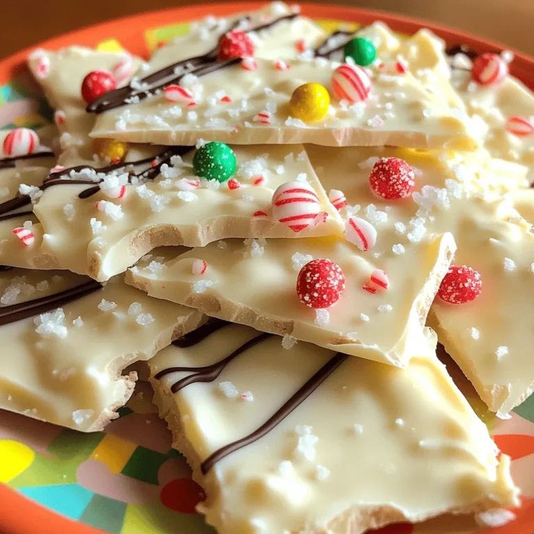 To make No-Bake White Chocolate Peppermint Bark, gather the following ingredients: - 12 oz white chocolate chips - 1 cup crushed peppermint candies (or candy canes) - 1/2 tsp peppermint extract - 1/4 cup dark chocolate chips (for drizzling) - Sea salt flakes (optional, for garnish) These ingredients create a sweet and minty treat that’s perfect for the holidays. You can easily customize your peppermint bark. Here are a few ideas: - Add a dash of vanilla extract for extra flavor. - Substitute with milk chocolate chips for a different taste. - Use crushed nuts, like almonds or pecans, for added texture. - Drizzle with white chocolate for a more visual appeal. Feel free to play with these options to make this recipe your own! To start, line a baking sheet with parchment paper. This helps the bark come off easily later. Make sure the surface is flat and smooth. A good surface keeps the bark even and nice. Next, grab a microwave-safe bowl. Combine the 12 oz of white chocolate chips with 1/2 tsp of peppermint extract. Heat the mixture in the microwave. Use 30-second intervals, stirring after each. This method ensures the chocolate melts evenly. In about 1 to 2 minutes, it should be smooth. Once the chocolate is melted, mix in three-quarters of the crushed peppermint candies. This adds a nice crunch and flavor. Pour the melted chocolate onto the prepared baking sheet. Use a spatula to spread it evenly. Then, sprinkle the remaining crushed candies on top. Press them down gently to help them stick. Now, let’s melt the dark chocolate. Use another microwave-safe bowl with 1/4 cup of dark chocolate chips. Again, use the 30-second method until smooth. Drizzle the melted dark chocolate over the white chocolate using a spoon or a piping bag. Creating a pattern makes it look fancy. If you like, sprinkle some sea salt flakes on top. This adds a great flavor contrast. Next, place the baking sheet in the refrigerator. Let it set for at least 1 hour. Once it’s firm, break the bark into pieces. Enjoy your tasty treat! To get the best texture for your no-bake white chocolate peppermint bark, make sure the white chocolate is fully melted. This means heating it gently in the microwave. Use 30-second intervals and stir well after each. This way, you avoid burning the chocolate. You want it smooth and creamy. For a smooth finish, spread the melted chocolate carefully on the baking sheet. Use a spatula to get an even layer. Press the crushed peppermint candies gently into the chocolate so they stick well. This gives a nice look and great taste. Feel free to mix things up! You can add different toppings like nuts or dried fruit. Try using crushed Oreos or sprinkles for a fun twist. You can also swap in milk chocolate or dark chocolate for the white chocolate. Each type will give its own unique flavor. If you want a richer taste, add more peppermint extract. Just be careful not to overdo it. A little goes a long way! When serving your peppermint bark, presentation matters. Arrange the pieces on a festive platter. You can garnish with fresh peppermint leaves for a holiday vibe. It makes a great centerpiece for any gathering. Pair this treat with hot cocoa or coffee. The flavors complement each other well. This bark also makes a lovely gift. Pack it in a cute box or tin for a sweet surprise! {{image_2}} To keep your peppermint bark fresh, use an airtight container. This will prevent moisture from ruining the texture. You can also use a zip-top bag. Make sure to press out any air before sealing. Store it in the fridge for up to two weeks. This way, you can enjoy it later! You can freeze peppermint bark for longer storage. Cut it into pieces and layer them between sheets of parchment paper. Place them in a freezer-safe container or bag. This helps keep the pieces from sticking together. For thawing, take the bark out and let it sit at room temperature. It should be ready to serve in about 30 minutes. Enjoy your treat as if it was just made! No-Bake White Chocolate Peppermint Bark stays fresh in the fridge for about two weeks. - Shelf life in the refrigerator: Keep it in an airtight container. It will maintain its taste and texture. - Signs of spoilage: Look for any discoloration or strange smells. If it feels hard or dry, it may be time to toss it. You can use milk chocolate if you prefer. - Discussion on chocolate substitutions: Milk chocolate will make the bark sweeter and creamier. It has a different taste than white chocolate. - Effects on flavor and appearance: The color will change to a darker hue. It may not have the same bright look as white chocolate bark. Yes, this bark makes a perfect gift during the holidays. - Presentation tips for gifting: Cut the bark into nice pieces. Arrange them on a colorful plate or in a festive box. - Packaging suggestions for holiday gifting: Use cellophane bags tied with ribbon. This adds a nice touch and keeps the bark fresh. No-Bake White Chocolate Peppermint Bark is fun and easy to make. You start with simple ingredients and follow clear steps. This treat looks great for any holiday gathering. I shared tips to help you create the perfect bark and ways to store it for later. Remember, you can customize it to fit your taste. Make this treat, and enjoy the smiles it brings!