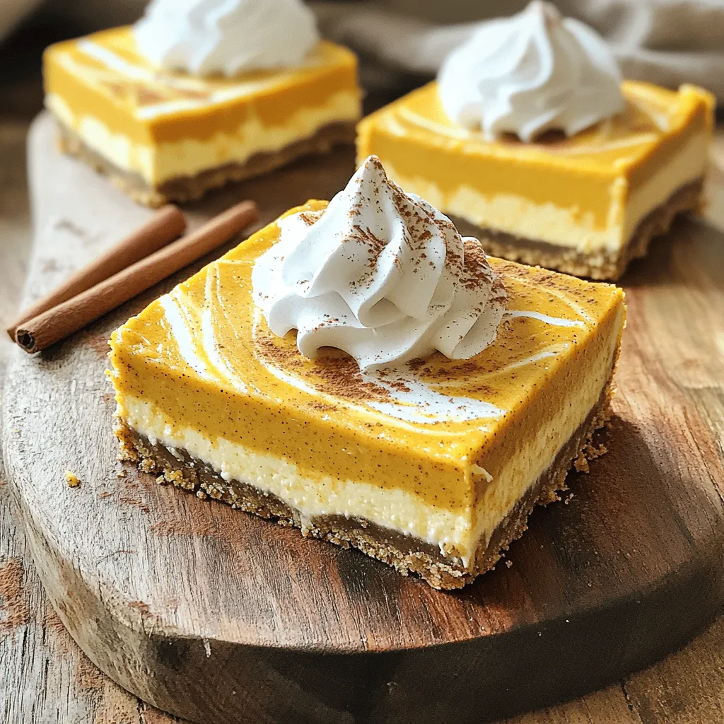 To make these tasty Pumpkin Spice Latte Cheesecake Bars, gather the following ingredients: - 1 ½ cups graham cracker crumbs - ½ cup unsalted butter, melted - 2 cups cream cheese, softened - 1 cup pumpkin puree - ½ cup powdered sugar - 1 teaspoon vanilla extract - 1 teaspoon pumpkin spice mix - ½ cup heavy cream - 1 tablespoon instant coffee granules (or espresso powder) - 2 tablespoons hot water - Whipped cream, for topping - Ground cinnamon, for garnish You can make these bars even more fun by adding some optional ingredients: - Chopped nuts like pecans or walnuts for crunch - Dark chocolate chips for a sweet twist - A splash of maple syrup for more flavor Using high-quality ingredients makes a big difference in taste. Here are some tips: - Choose fresh cream cheese for a smooth texture. - Use real pumpkin puree, not pie filling, for the best flavor. - Select pure vanilla extract instead of imitation for a richer taste. - Opt for heavy cream with a higher fat content for fluffier results. These ingredient choices ensure your cheesecake bars are rich, creamy, and full of autumn flavors. First, gather your ingredients for the crust. You will need: - 1 ½ cups graham cracker crumbs - ½ cup unsalted butter, melted In a medium bowl, mix the graham cracker crumbs with the melted butter. Stir until the crumbs look like wet sand. This step is key. It helps hold the bars together. Next, take a lined 9x9 inch baking pan. Press the crumb mixture firmly into the bottom. Make sure it is even and compact. This will make a strong base for your bars. Once done, place the pan in the fridge to chill while you make the filling. Now, let’s move on to the filling. You need the following: - 2 cups cream cheese, softened - 1 cup pumpkin puree - ½ cup powdered sugar - 1 teaspoon vanilla extract - 1 teaspoon pumpkin spice mix - ½ cup heavy cream - 1 tablespoon instant coffee granules (or espresso powder) - 2 tablespoons hot water Start by mixing the instant coffee granules with hot water. Stir until the coffee dissolves. Let it cool a bit. In another bowl, combine the softened cream cheese, pumpkin puree, powdered sugar, vanilla extract, and pumpkin spice mix. Use an electric mixer to beat this mixture until it is smooth and creamy. Once the coffee mixture has cooled, add it to the cheesecake mix. Blend until everything is well combined. In a separate bowl, whip the heavy cream until it forms stiff peaks. This will make your filling light and fluffy. Gently fold the whipped cream into the pumpkin mixture. Be careful not to overmix, or you will lose that airy texture. Now, it’s time to put everything together. Pour the cheesecake filling over the chilled crust. Use a spatula to smooth the top. Cover the pan to keep it fresh. Put it back in the fridge for at least 4 hours. This will help the bars to set. Once set, lift the bars out of the pan using the lining. Cut them into squares. You can serve them with a dollop of whipped cream and a sprinkle of ground cinnamon. Enjoy your delicious treat! When making pumpkin spice latte cheesecake bars, avoid overmixing your filling. This can add air, making your bars too fluffy instead of creamy. Also, do not skip chilling the crust. A warm crust will not hold the filling well. Make sure to use softened cream cheese. Cold cream cheese will create lumps in your mixture. Lastly, be careful not to rush the chilling time. Letting the bars set properly is key. To get that smooth, creamy texture, whip the heavy cream until stiff peaks form. Gently fold it into the cream cheese mixture. This step adds lightness to the bars without losing creaminess. When you mix, be sure to fold and not stir. Folding keeps air in the filling, giving it a lovely texture. If your filling looks runny, try chilling it longer before serving. Toppings can take your cheesecake bars to the next level. Add a dollop of whipped cream on each piece for a creamy touch. A sprinkle of ground cinnamon adds warmth and spice. For a fun twist, place a cinnamon stick next to the whipped cream. You could also drizzle caramel sauce over the top for extra sweetness. These small touches create a beautiful presentation and enhance the overall flavor. {{image_2}} You can change the flavor of these cheesecake bars easily. Try using chocolate graham crackers for the crust. This adds a nice twist. You can also swap pumpkin puree for sweet potato puree. This gives a slightly different taste while keeping it creamy. For a citrus touch, add orange zest to the filling. The zest brightens the flavors and adds a fresh scent. You might also want to try different spices like nutmeg or ginger for a unique kick. Each of these changes makes the bars fun and new. If you need a gluten-free version, it’s simple to make. Use gluten-free graham crackers or almond flour for the crust. Just mix the flour with the melted butter as usual. The filling is naturally gluten-free, so no changes are needed there. Always check labels to ensure all ingredients are gluten-free. This way, everyone can enjoy these tasty bars without worry. These bars are great for any season. For fall, keep the pumpkin spice theme. In winter, use peppermint extract instead of vanilla. This gives a festive holiday flavor. For spring, try lemon juice and zest in the filling. This makes it light and refreshing. In summer, consider fresh berries mixed into the cream cheese filling. Each seasonal change keeps the recipe exciting and fun for gatherings. Enjoying these bars can become a seasonal tradition! To keep your cheesecake bars fresh, store them in the fridge. Place the bars in an airtight container. If you used a pan, cover it with plastic wrap. The bars will stay good for about five days. For longer storage, you can freeze these bars. First, cut them into squares. Wrap each piece tightly in plastic wrap. Then, place them in a freezer-safe bag. They can last up to three months in the freezer. When ready to eat, thaw them in the fridge overnight. These cheesecake bars are best served cold. If you want them slightly warmer, let them sit at room temperature for about 15 minutes before serving. Avoid using the microwave, as it can change the texture. Enjoy them at their best to savor every bite! Yes, you can use canned pumpkin puree. It saves time and adds great flavor. Just check the label for no added sugar or spices. This makes it a quick option for your cheesecake bars. These cheesecake bars last about 5 days in the fridge. Store them in an airtight container to keep them fresh. If you want to keep them longer, consider freezing them. Yes, you can swap coffee for other flavors. Try using cocoa powder for a chocolate twist. Alternatively, vanilla or almond extract can add a new taste. Just adjust the amount to match your preferred flavor. You learned about crafting delicious Pumpkin Spice Latte Cheesecake Bars. We covered key ingredients and helpful tips for perfecting your dessert. I shared variations to keep it fresh and exciting. Remember to store bars properly for long-lasting flavor. Creating these bars can bring warmth and joy to any gathering. Enjoy the process of making and sharing this treat. Your efforts will surely impress family and friends. Happy baking!