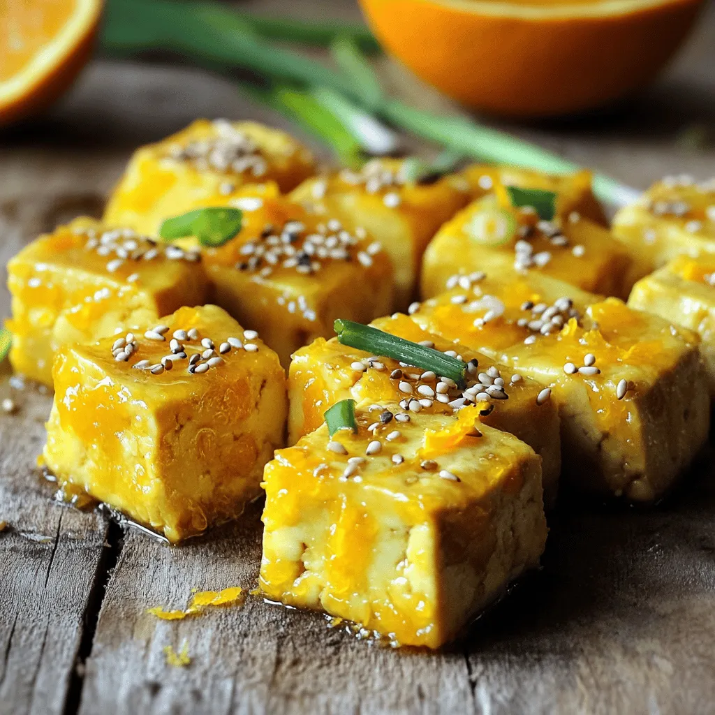 - 14 oz firm tofu - 1 cup fresh orange juice - ¼ cup vegetable oil - ½ cup cornstarch - 3 tablespoons soy sauce - 2 tablespoons maple syrup - 1 tablespoon sesame seeds - 2 green onions, sliced When I create Crispy Orange Tofu Fakeout, I focus on fresh, simple ingredients. The firm tofu is the star. It holds its shape well and absorbs flavors nicely. I use 14 oz of tofu, which gives a great texture. Fresh orange juice is key for flavor. I love using about 1 cup, squeezed from 2-3 oranges. The bright taste brings my dish to life. I also add zest from one orange, which gives a deeper orange flavor. Frying the tofu is fun! I use ¼ cup of vegetable oil. It helps the tofu get nice and crispy. For the coating, I mix ½ cup cornstarch with salt and pepper. This creates a crunchy layer. To make the sauce, I combine 3 tablespoons soy sauce with 2 tablespoons maple syrup. This mix balances sweet and salty. It’s a great match for the citrus. Finally, I add garnishes. A sprinkle of 1 tablespoon sesame seeds adds crunch. Sliced green onions bring color and freshness. This combination makes the meal look beautiful and taste great. Cutting and Pressing Start with 14 ounces of firm tofu. Drain and press it to get rid of excess water. This step is key for crispiness. After pressing, cut the tofu into 1-inch cubes. Coating with Cornstarch In a large bowl, mix ½ cup of cornstarch, ½ teaspoon of salt, and ½ teaspoon of pepper. Toss the tofu cubes in this mixture. Make sure each piece gets a nice coat. This helps them fry up crunchy. Heating the Oil Heat ¼ cup of vegetable oil in a non-stick skillet over medium heat. Wait until the oil is hot but not smoking. You can test it by dropping a little cornstarch in. If it sizzles, it’s ready. Achieving Crispy Texture Carefully add the coated tofu cubes in a single layer. Fry them until they are golden brown and crispy. This takes about 10 to 12 minutes. Turn them halfway so they cook evenly. Once done, remove the tofu and drain it on paper towels. Combining Ingredients In a separate saucepan, combine 1 cup of fresh orange juice, the zest of 1 orange, 3 tablespoons of soy sauce, 2 tablespoons of maple syrup, 1 tablespoon of rice vinegar, 1 teaspoon of grated fresh ginger, and 1 clove of minced garlic. Thickening the Sauce Bring this mixture to a simmer over medium heat. Let it cook for about 5 to 7 minutes. You want the sauce to thicken slightly. This will add a rich flavor to your tofu. Once everything is ready, toss the crispy tofu in the sauce to coat each piece. Now you have a dish that looks and tastes fantastic! Proper Tofu Preparation To get crispy tofu, start with firm tofu. Drain and press it well. This helps remove moisture. Moisture makes tofu soggy. Cut the tofu into 1-inch cubes. Pat them dry with paper towels. This step is key for crispiness. Frying Techniques Heat vegetable oil in a non-stick skillet over medium heat. Add the tofu cubes in a single layer. Fry until they are golden brown on all sides, about 10-12 minutes. Flip them carefully to avoid breaking. Once done, drain them on paper towels to remove excess oil. Adding More Citrus For a zesty kick, try adding more citrus. You can use lemon or lime juice. This brightens the dish and adds freshness. A splash of extra juice at the end can boost the flavor. Using Fresh Ingredients Always use fresh ingredients when possible. Fresh garlic and ginger really enhance the taste. Fresh orange juice gives a sweet and tangy flavor. These fresh items make a big difference. Pairing with Rice or Noodles Crispy Orange Tofu Fakeout pairs well with rice or noodles. Serve it over steamed rice for a filling meal. You can also toss it with noodles for a fun twist. Creative Garnishing Ideas Garnish your dish with sesame seeds and sliced green onions. These add color and texture. You might also sprinkle some chili flakes for heat. Get creative with the garnishes to impress your guests! {{image_2}} Tofu Alternatives If you want to switch up the main protein, try tempeh or seitan. Both options have great flavors and textures. You can also use chickpeas for a different twist. Just make sure to adjust your cooking times when using these options. Sauces Variations You can replace the orange sauce with a sweet and sour sauce. A teriyaki glaze gives a nice twist too. For a spicy kick, try adding sriracha or chili paste to your sauce mix. Experimenting with different sauces can change the whole meal. Gluten-Free Options To make this dish gluten-free, swap soy sauce for tamari. It has a similar taste but no gluten. You can also check labels on other sauces for hidden gluten. Vegan Alternatives This recipe is already vegan! Just ensure your maple syrup is pure and not blended with other ingredients. You can also add more veggies for extra nutrients. Spiciness Levels Love heat? Add crushed red pepper flakes to your orange sauce. Start with a small amount and adjust to your taste. You can also use jalapeños for a fresh kick. Sweetness Adjustments If you want a sweeter dish, add more maple syrup or sugar. Taste the sauce as you go to find your perfect balance. If you prefer less sweetness, reduce the maple syrup and add more soy sauce. - Use an airtight container. - Store in the fridge for up to 3 days. When you finish your meal, let the leftovers cool. This helps keep the tofu crispy. Then, transfer them to an airtight container. This will keep the flavors fresh and prevent drying out. Remember to enjoy them within three days for the best taste. - Use the oven or an air fryer. - Avoid the microwave for best results. To reheat, I suggest using an oven or an air fryer. Preheat your oven to 350°F (175°C). Place the tofu on a baking sheet for about 10 minutes. This method brings back the crispiness. If you use an air fryer, set it to 350°F and heat for about 5-7 minutes. Avoid the microwave, as it can make the tofu soggy. - Place in a freezer-safe container. - Store for up to 3 months. If you want to freeze, first let the tofu cool completely. Then, place it in a freezer-safe container. This keeps it fresh for up to three months. When you're ready to eat, move the tofu to the fridge to thaw overnight. - Thawing Tips: After thawing, reheat in the oven or air fryer for crispiness. To make tofu crispy, start with firm tofu. Press it to remove water. This makes it less soggy. Cut the tofu into small cubes. Coat each piece with cornstarch. The cornstarch helps create a crunchy layer. Fry the tofu in hot oil. Cook it until golden brown on all sides. This should take about 10-12 minutes. - Use high heat for frying. - Don’t overcrowd the pan. - Allow tofu to crisp up before turning. Yes, you can make parts of this recipe ahead of time. You can prepare the tofu and sauce separately. Store the tofu in the fridge after frying. It will stay fresh for about 2 days. Reheat the tofu in a pan before serving. - Make the sauce in advance and refrigerate. - Combine the tofu and sauce just before serving. Crispy Orange Tofu Fakeout pairs well with many sides. Here are some great options: - Steamed rice or fried rice - Noodles, such as soba or rice noodles - Stir-fried vegetables, like broccoli or bell peppers - A simple salad for a fresh touch These sides complement the flavors in the dish. They also make your meal colorful and tasty. This blog post shared a simple recipe for Crispy Orange Tofu Fakeout. We covered main ingredients like firm tofu and fresh orange juice. I provided step-by-step instructions for preparing, frying, and making the sauce. To achieve the best texture and flavor, remember my tips on frying and garnishing. You can also explore variations to suit your taste. Enjoy your tasty meal and impress everyone with your cooking skills!